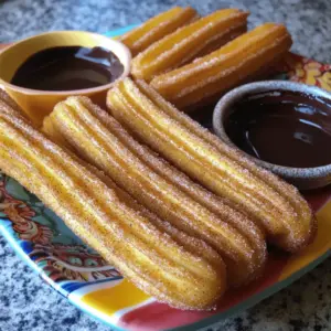 - 1 cup water - 2 tablespoons granulated sugar - 1/2 teaspoon salt - 2 tablespoons vegetable oil - 1 cup all-purpose flour - 2 large eggs - 1 teaspoon vanilla extract - 1 cup granulated sugar (for coating) - 2 teaspoons ground cinnamon (for coating) - Oil for frying When you measure ingredients, do it right for the best results. For dry ingredients like flour, use a spoon to scoop it into a measuring cup. Then, level it off with a knife. This method avoids packing the flour. For wet ingredients, use clear measuring cups. Pour until you reach the right mark. Using a kitchen scale can help too. A scale gives you exact amounts. This helps with baking and frying. A precise measure makes every churro perfect. If you want gluten-free churros, swap all-purpose flour with gluten-free flour blends. These blends work well in most recipes. For sugar, you can use coconut sugar or a sugar substitute like stevia. If you aim for a healthier option, choose oil alternatives like applesauce for frying. Just remember, it may change the taste and texture a bit. To start, we need to boil and mix the ingredients. In a medium saucepan, combine: - 1 cup water - 2 tablespoons granulated sugar - 1/2 teaspoon salt - 2 tablespoons vegetable oil Bring this mixture to a boil over medium heat. Once it boils, remove the pan from the heat. Quickly stir in 1 cup of all-purpose flour until it forms a ball. Let it cool for about 10 minutes. This cooling step is key to avoid cooking the eggs. Next, we will incorporate the eggs. Add 2 large eggs one at a time. Mix well after each addition. Finally, add 1 teaspoon vanilla extract. Your dough should be smooth and consistent. Now, let's heat the oil. In a deep pot or skillet, heat oil to 375°F (190°C). You need enough oil to fully cover the churros, about 2-3 inches deep. Always be careful when frying. Keep a safe distance from the hot oil to avoid burns. While the oil heats, prepare to pipe the churros. Transfer the churro dough to a piping bag fitted with a star-shaped nozzle. Once the oil is hot, carefully pipe 4-6 inch strips of dough directly into the oil. Use scissors to cut the dough as you pipe. Fry in batches to avoid overcrowding. Fry the churros for about 2-3 minutes on each side. Look for a golden brown color. Use a slotted spoon to remove them. Let them drain on paper towels. Now we prepare the cinnamon sugar. In a shallow dish, mix: - 1 cup granulated sugar - 2 teaspoons ground cinnamon Mix these well for even flavor. While the churros are still warm, roll each one in the cinnamon sugar mixture. Make sure to coat them well for that sweet, crunchy finish. For the full recipe, check out the details to ensure you don’t miss any steps. Enjoy your delicious cinnamon sugar churros! To make churros that are crispy, heat your oil to 375°F (190°C). This temperature helps create a crunchy outer layer. Fry the churros for 2-3 minutes on each side. Keep an eye on them to avoid burning. If they fry too slowly, they can absorb oil and become greasy. One common mistake is under-cooking churros. If they are pale, they won’t be crispy. Over-cooking can also occur. Dark churros taste bitter and lose their sweet flavor. Another issue is dough consistency. It should be thick enough to hold its shape when piped. If it’s too runny, your churros will flatten out. To add more flavor, try using flavored extracts. Almond or orange extracts can bring a unique twist. You can also mix in spices. Nutmeg or cardamom can enhance the taste. Experiment with these options to find your favorite flavor! For the full recipe, check out the details provided. {{image_2}} For a fun twist, try chocolate-dipped churros. These sweet treats are extra special with a rich chocolate sauce. To make your own sauce, follow this simple recipe: - Ingredients for Chocolate Sauce: - 1 cup dark chocolate chips - 1/2 cup heavy cream - 1 tablespoon butter Instructions: 1. In a small pot, heat the cream over low heat until it simmers. 2. Remove from heat and stir in chocolate chips and butter. 3. Mix until smooth. For dipping, hold the churro by one end and dip it in the warm sauce. Serve with extra sauce on the side for more fun. Filled churros add a surprise inside. Some popular fillings are: - Cream: Use pastry cream or whipped cream. - Caramel: A sweet, gooey caramel sauce is perfect. - Chocolate: Melted chocolate adds richness. To fill churros, wait until they cool slightly. Use a piping bag with a narrow tip. Gently insert the tip into one end of the churro and squeeze the filling inside. Be careful not to overfill! You can adapt the original recipe for different diets. For gluten-free churros, swap regular flour for a gluten-free blend. Make sure it has xanthan gum for better texture. For a dairy-free version, use coconut oil instead of vegetable oil and almond milk instead of eggs. This keeps the churros tasty while meeting dietary needs. Get creative and enjoy these variations! Check out the Full Recipe for more tips. To keep churros fresh, store them in an airtight container. Place parchment paper between layers to prevent sticking. You can refrigerate them for up to two days. For longer storage, freeze churros in a single layer on a baking sheet. Once frozen, transfer them to a freezer bag. This method keeps them crispy. To reheat, preheat your oven to 350°F (175°C). Place the churros on a baking sheet. Heat for about 10 minutes. This helps restore their crunch. You can also use an air fryer for a crispier finish. Heat for about 5 minutes at 350°F (175°C). Cooked churros last for about two days in the fridge. If frozen, they can last for up to three months. Always check for spoilage. Signs include a sour smell or a change in texture. If the churros feel soft or mushy, it's best to discard them. For warm churros, reheat as mentioned above. Serve them right away for the best taste. Pair churros with a hot drink like chocolate or coffee. This adds to the experience. You can also dip them in caramel or fruit sauces. Enjoy creating fun flavor combinations! If you don’t have a piping bag, don’t worry! You can use a few different tools. A zip-top bag works well. Just fill it with dough, seal it, and cut off one corner. You can also use a squeeze bottle or even a funnel. Each option lets you pipe the dough easily. Yes, churros can be made ahead! You can prepare the dough and store it in the fridge for up to 24 hours. When ready to fry, just pipe and cook. If you have leftover churros, let them cool and store them in an airtight container. To reheat, pop them in a hot oven for a few minutes. They’ll taste fresh again! Churros are delicious with many dips. Here are some popular options: - Chocolate sauce: Rich and sweet, it pairs well with the cinnamon flavor. - Dulce de leche: Creamy and caramel-like, it adds a lovely sweetness. - Nutella: This chocolate hazelnut spread is a favorite for many. For added fun, try mixing flavors. You can add a pinch of sea salt to chocolate for contrast. Or, use a spiced caramel sauce to add depth to your churros. Enjoy the tasty combinations! For the full recipe, check the link! In this guide, we covered how to make churros from scratch. We discussed key ingredients, measurement tips, and substitutions. I shared a step-by-step process for preparing, frying, and coating churros. I also highlighted ways to avoid common mistakes and suggested fun variations. Finally, we explored storage tips and answered frequently asked questions. Remember, making churros can be simple and fun. Enjoy trying new flavors and sharing them with others. Happy cooking!