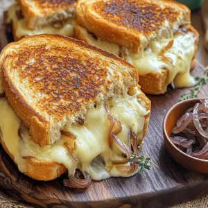 - 2 large onions, thinly sliced - 2 tablespoons butter - 1 tablespoon olive oil - 1 teaspoon sugar - 4 slices of sourdough bread - 1 cup Gruyère cheese, shredded - 1 cup sharp cheddar cheese, shredded - 1 tablespoon Dijon mustard - Salt and pepper to taste