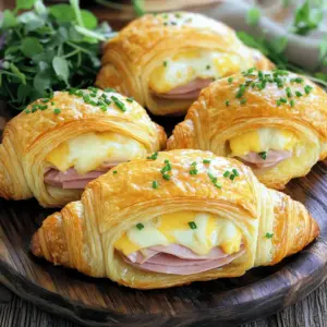 - 6 large buttery croissants - 8 oz (225g) thinly sliced ham - 8 oz (225g) Swiss cheese, sliced - 3 large eggs - 1/2 cup heavy cream - 1 tablespoon Dijon mustard - 1/2 teaspoon garlic powder - 1/4 teaspoon cayenne pepper (optional) - Salt and pepper to taste - Fresh chives for garnish