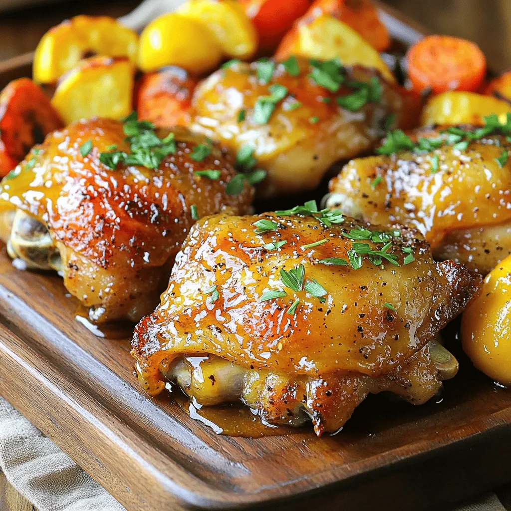 For this dish, you need: - 4 bone-in, skin-on chicken thighs - 1/4 cup honey - 1/4 cup Dijon mustard - 2 tablespoons olive oil - 3 cloves garlic, minced - 1 teaspoon dried thyme - 1 teaspoon smoked paprika - Salt and pepper to taste - Fresh parsley, chopped (for garnish) These main ingredients work together to create a sweet and tangy flavor. The chicken thighs are juicy, while the honey and mustard add a nice glaze. To boost the taste, consider adding: - 1 teaspoon lemon juice - 1 tablespoon soy sauce - A pinch of cayenne pepper Lemon juice adds a fresh twist, while soy sauce gives depth. Cayenne pepper brings heat, making your dish more exciting. Gather these tools to make cooking easier: - A large mixing bowl - A whisk - A baking dish - A meat thermometer - A cutting board and knife Having the right tools helps keep the process smooth. A meat thermometer ensures your chicken is cooked safely. First, preheat your oven to 400°F (200°C). This step is key for cooking the chicken evenly. While it heats, grab a large baking dish. I like to use one that has high sides. This helps keep the sauce in place and makes for easy serving later. In a medium bowl, mix the following ingredients: - 1/4 cup honey - 1/4 cup Dijon mustard - 2 tablespoons olive oil - 3 cloves garlic, minced - 1 teaspoon dried thyme - 1 teaspoon smoked paprika - Salt and pepper to taste Whisk all these ingredients together until smooth. The honey gives sweetness, while the mustard adds a nice tang. The garlic and herbs bring out great flavors. This mix is what makes your chicken come alive. Now, take your chicken thighs and place them skin-side up in the baking dish. Pour the honey mustard marinade over each thigh. Make sure every piece is coated well. For the best flavor, let it marinate for at least 30 minutes. You can even do this in advance and chill it in the fridge. Once ready to cook, put the dish in the oven. Bake for 35-40 minutes. You want the chicken to reach an internal temperature of 165°F (75°C). If you like a crispy skin, broil it for 2-3 minutes at the end. Just keep an eye on it to avoid burning. After cooking, let the chicken rest for about 5 minutes. This helps the juices stay in the meat. Serve it with freshly chopped parsley on top for a nice touch. For more details, check the Full Recipe. To get that perfect crispiness on your chicken thighs, always use bone-in, skin-on pieces. The skin helps keep the meat juicy while crisping up nicely in the oven. Make sure to pat the skin dry with a paper towel before seasoning. This simple step helps the skin get crispy. When baking, you can also switch to broil for the last few minutes. Just watch closely to avoid burning. Want to switch things up? You can use maple syrup instead of honey for a unique twist. If you like heat, add a pinch of cayenne pepper to the marinade. You can also mix in fresh herbs like rosemary or basil for added flavor. If you don't have Dijon mustard, yellow mustard works too. Each change can give a new taste to this dish. Having the right tools makes cooking easier. A good baking dish is key for even cooking. Use a whisk for mixing the marinade well. A meat thermometer helps you check the chicken’s doneness quickly. I also recommend using a cutting board for easy prep and clean-up. These tools can make the process smooth and fun. For the full recipe, check out the details above. {{image_2}} You can add fresh herbs to enhance flavor. Try using rosemary or thyme. Chop them finely and mix them into the honey mustard sauce. This will give your chicken an earthy taste. I love using fresh herbs because they make the dish brighter and more vibrant. If you like heat, add some spice! Mix in cayenne pepper or red pepper flakes. Start with a small amount, like 1/2 teaspoon, and taste it. You want a nice kick without overpowering the honey. It adds a fun twist to the classic flavor. Grilling gives the chicken a smoky flavor. To grill, marinate the chicken as usual. Preheat your grill to medium-high heat. Cook the thighs skin-side down first for 5-7 minutes. Flip them and cook for another 5-7 minutes. Use a meat thermometer to check that they reach 165°F (75°C). Grilling gives a nice char that complements the honey mustard sauce perfectly. For more details on making this dish, check out the Full Recipe. To keep your leftover honey mustard chicken thighs fresh, place them in an airtight container. Make sure they cool down first. You can store them in the fridge for up to three days. If you want to keep them longer, freezing is a great option. To reheat your chicken thighs, the oven works best. Preheat the oven to 350°F (175°C). Place the chicken on a baking sheet and cover it with foil. Heat for about 15-20 minutes. This keeps the chicken moist and tasty. You can also use a microwave, but this may make the skin less crispy. To freeze honey mustard chicken thighs, wrap each thigh tightly in plastic wrap. Then, place them in a freezer bag. Make sure to remove as much air as possible. They will stay good for up to three months. When you're ready to eat, thaw them in the fridge overnight before reheating. This helps keep the flavor intact. For the full recipe, check out the Honey Mustard Chicken Thighs section. You should marinate the chicken thighs for at least 30 minutes. This helps the flavors soak into the meat. For the best taste, try to marinate them for a few hours or overnight. The longer you wait, the better the flavor. Yes, you can use boneless chicken thighs. Boneless thighs cook faster, so check them sooner. They will still taste great with the honey mustard sauce. Just make sure they reach the right internal temperature. Several sides match well with honey mustard chicken thighs. Here are some ideas: - Roasted vegetables (like carrots, broccoli, or Brussels sprouts) - Green salad with a light vinaigrette - Mashed potatoes or sweet potatoes - Rice or quinoa for a hearty touch To check if the chicken is done, use a meat thermometer. The chicken should reach an internal temperature of 165°F (75°C). If you don’t have a thermometer, cut into the thickest part. The juices should run clear, not pink. Yes, honey mustard chicken thighs are great for meal prep. You can cook them ahead of time and store them in the fridge. They last up to four days. Just reheat when you’re ready to eat. You can also freeze them for up to three months. This makes it easy to enjoy later. Don't forget to check the Full Recipe for more details. You learned how to make honey mustard chicken thighs from scratch. We covered key ingredients, tools needed, and easy steps to prepare the dish. Tips for crispiness and flavor enhancements were shared too. Remember, you can also try variations like adding herbs or spice. Store your leftovers well for tasty meals later. This dish is perfect for meal prep. Enjoy your cooking and savor every bite!