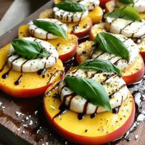 - Ripe peaches - Fresh mozzarella cheese - Fresh basil leaves The main ingredients make this salad shine. Ripe peaches bring sweet and juicy goodness. Fresh mozzarella adds a creamy texture. The bright flavor of basil ties everything together. - Balsamic glaze - Olive oil - Salt and pepper - Optional: Honey Additional ingredients enhance the taste. Balsamic glaze gives a sweet and tangy kick. Olive oil adds richness and depth. A pinch of salt and pepper balances the flavors. If you want extra sweetness, drizzle honey on top. You can find the full recipe above. Each ingredient plays a vital role in creating a fresh and flavorful dish. Enjoy the mix of flavors and textures in your Peach Caprese Salad! - First, wash the peaches under cool water. - Slice the peaches into wedges, removing the pit. Aim for uniform slices. - Next, take fresh mozzarella cheese and slice it evenly. - In a medium bowl, arrange the sliced peaches and mozzarella in a colorful pattern. - Layer the peaches and mozzarella in the bowl. - Tuck fresh basil leaves between the layers for flavor. - Drizzle olive oil over the salad. - Follow with a drizzle of balsamic glaze for sweetness. - Season the salad with salt and pepper to taste. - Let the salad sit for a few minutes. This helps the flavors mix well. Enjoy your Peach Caprese Salad! Check out the Full Recipe to see all the steps. When choosing peaches, look for firmness and aroma. The best peaches feel slightly soft but not mushy. They should smell sweet and fresh. This scent shows they are ripe and ready to eat. Avoid peaches with dark spots or wrinkles. These signs mean the fruit is overripe. Serve this salad on a large platter for sharing. Lay the peaches and mozzarella in a circle for a lovely look. Use fresh basil leaves to garnish the top. A drizzle of balsamic glaze adds a nice touch. This will enhance the salad's colors and flavors. This salad pairs well with grilled chicken or fish. You can also serve it with crusty bread or a light pasta dish. If you want something sweet, try pairing it with a fruit tart. Each option adds a different flavor to your meal. For more ideas, check the Full Recipe. {{image_2}} If you want to change things up, try using different fruits. Mango, strawberries, or even nectarines work well. Each option adds a unique flavor and twist to the dish. Use ripe fruits for the best taste. Mix and match to find your favorite combo. Cheese can change the whole vibe of your salad. While fresh mozzarella shines, you can explore other options. Burrata offers a creamier texture. Feta brings a salty punch. Goat cheese adds tanginess. Each cheese will give a fun twist to your Peach Caprese Salad. The dressing can elevate your salad. Besides balsamic glaze, try honey mustard or a lemon vinaigrette. A simple mix of olive oil and lemon juice works great too. Each dressing can add a new layer of taste. Experiment to see what makes your taste buds dance! To keep your Peach Caprese Salad fresh, refrigerate it in an airtight container. This will help lock in flavors and prevent wilting. Make sure to use the container soon, as fresh ingredients taste best. For the best shelf-life, eat your salad within two days. The peaches may become soft, and the basil might wilt. If you store it properly, you can enjoy the flavors for a short time. Got leftover salad ingredients? You can get creative! Here are some fun ideas: - Peach Smoothie: Blend peaches with yogurt for a fruity drink. - Pasta Salad: Toss leftover mozzarella and basil into your favorite pasta. - Bruschetta Topping: Use peach slices and cheese on toasted bread for a tasty snack. These options let you enjoy the flavors in new ways! For the full recipe, refer to [Full Recipe]. You can add many tasty toppings. Here are a few ideas: - Nuts: Try adding toasted almonds or walnuts for a crunch. - Fruits: Sliced strawberries or figs can add more sweetness. - Cheese: Crumbled feta or goat cheese can enhance the flavor. - Spices: A sprinkle of red pepper flakes adds some heat. Mixing these toppings can create new tastes each time you make the salad. Get creative and find your favorite blend! Yes, you can prepare it ahead. Here are some tips: - Prep the ingredients: Slice the peaches and cheese in advance. - Storage: Keep them in separate containers in the fridge. - Assemble before serving: Wait to mix the salad until right before eating. This keeps the peaches fresh and prevents sogginess. If you want to enjoy the flavors later, you can store it for up to two days. Just remember to add the dressing right before serving. Yes, this salad is gluten-free! All the main ingredients are naturally free from gluten. Here’s a quick breakdown: - Peaches: Naturally gluten-free. - Mozzarella: No gluten here! - Basil: Fresh and gluten-free. If you use gluten-free balsamic glaze and oil, you can enjoy this dish worry-free. It’s a great choice for anyone with gluten sensitivities! In this article, we explored how to make a delicious Peach Caprese Salad. We covered the key ingredients, from ripe peaches to fresh mozzarella. You learned how to prepare and assemble the salad with simple steps. Tips on choosing ingredients and presentation can help you impress. We also discussed variations and storage ideas for leftovers. Enjoy this fresh salad as a light meal or side dish. It offers tasty flavors and is easy to customize. Now, get creative and make it your own!