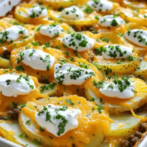 - 1 lb ground beef - 4 medium potatoes, thinly sliced - 2 cups shredded cheddar cheese - 1 cup sour cream - 1 cup beef broth - 1 medium onion, diced - 2 cloves garlic, minced - 2 tablespoons olive oil