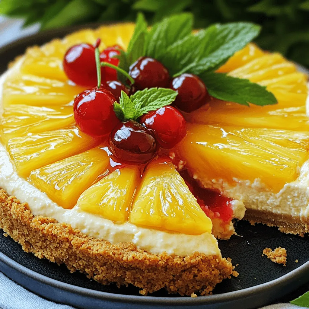 - 2 (8 oz) packages cream cheese, softened - 1/2 cup granulated sugar - 2 large eggs - 1 cup sour cream - 1 cup graham cracker crumbs - 1/2 cup unsalted butter, melted - 1/3 cup brown sugar - 1 can (20 oz) pineapple slices in syrup, drained - 1/2 cup maraschino cherries