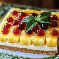 - 2 (8 oz) packages cream cheese, softened - 1/2 cup granulated sugar - 2 large eggs - 1 cup sour cream - 1 cup graham cracker crumbs - 1/2 cup unsalted butter, melted - 1/3 cup brown sugar - 1 can (20 oz) pineapple slices in syrup, drained - 1/2 cup maraschino cherries