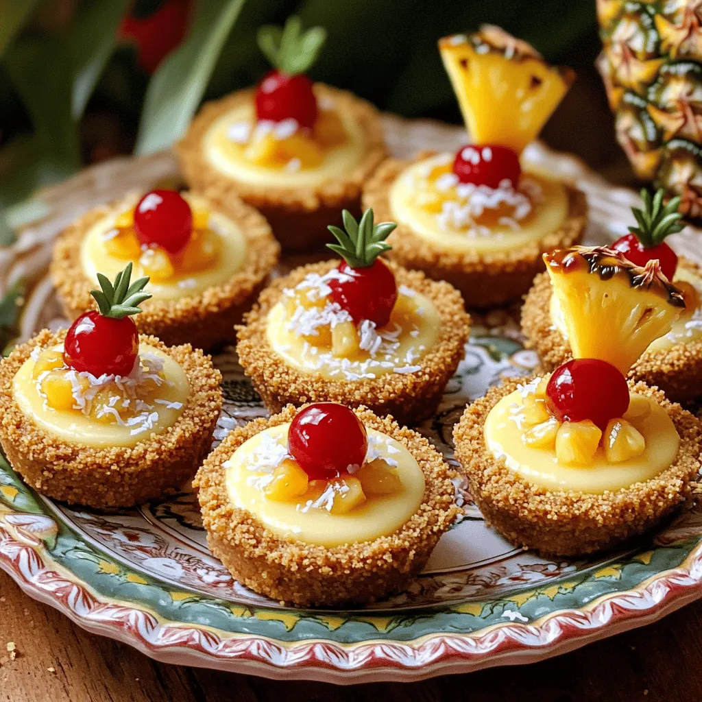 - 1 cup graham cracker crumbs - 1/4 cup unsalted butter, melted - 2 tablespoons sugar - 8 oz cream cheese, softened - 1/2 cup powdered sugar - 1 teaspoon vanilla extract - 1 cup crushed pineapple, drained - 1 teaspoon lemon juice - 1/2 teaspoon ground cinnamon - 12 maraschino cherries