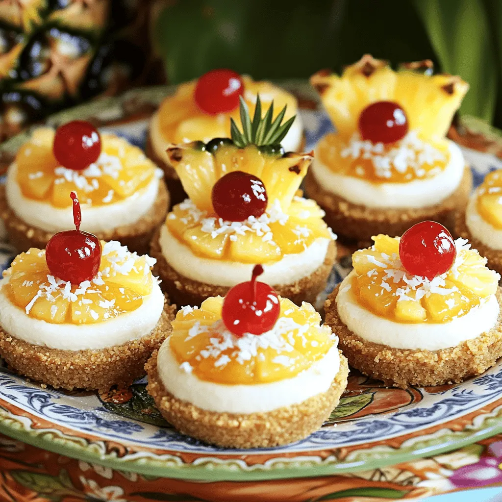 - 1 cup graham cracker crumbs - 1/4 cup unsalted butter, melted - 2 tablespoons sugar - 8 oz cream cheese, softened - 1/2 cup powdered sugar - 1 teaspoon vanilla extract - 1 cup crushed pineapple, drained - 1 teaspoon lemon juice - 1/2 teaspoon ground cinnamon - 12 maraschino cherries