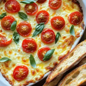 To make Triple Cheese and Tomato Bruschetta Dip, gather these ingredients: - 1 cup cherry tomatoes, halved - 1 tablespoon olive oil - 1 teaspoon balsamic vinegar - 1 teaspoon garlic, minced - 1 teaspoon fresh basil, chopped (plus more for garnish) - ½ cup cream cheese, softened - ½ cup shredded mozzarella cheese - ½ cup grated Parmesan cheese - ½ cup sour cream - Salt and pepper to taste - 1 baguette, sliced into 1-inch pieces