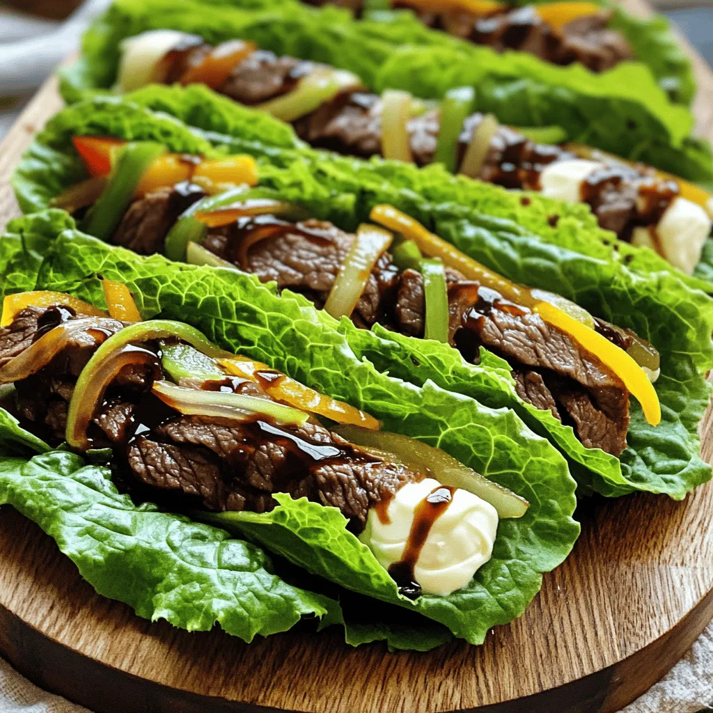 - 1 lb thinly sliced beef steak (ribeye or sirloin) - 1 medium onion, thinly sliced - 1 bell pepper, thinly sliced - 8 oz cream cheese, softened - 1 cup shredded provolone cheese - Olive oil, garlic powder, onion powder, salt, and pepper - 8 large lettuce leaves (romaine or butter lettuce) Gathering fresh ingredients makes all the difference. Use thinly sliced beef for the best texture. Ribeye or sirloin works well. A good onion adds sweetness, while a bell pepper gives color and crunch. Cream cheese creates a rich filling. Provolone cheese melts beautifully and adds flavor. Olive oil helps cook the vegetables and beef. Season with garlic powder and onion powder for extra taste. Don't forget salt and pepper to enhance every bite. Finally, large lettuce leaves keep everything together in these tasty roll-ups. For a complete guide, check the Full Recipe. - Sauté the vegetables: Start by heating olive oil in a skillet over medium heat. Add the sliced onion and bell pepper. Cook for about 5 to 7 minutes. The goal is to soften them and let them caramelize a bit. Don’t forget to season with salt, pepper, garlic powder, and onion powder. Once done, remove the veggies from the skillet and set them aside. - Cook the beef: In the same skillet, add your thinly sliced beef steak. Cook it for about 3 to 5 minutes. You want it browned and cooked through. Make sure to add more salt and pepper if needed to suit your taste. - Combine cream cheese and shredded provolone: Grab a large bowl and add the softened cream cheese. Mix in half of the shredded provolone cheese. Stir until creamy and well combined. This cheesy mixture adds a rich flavor to your roll-ups. - Spread cream cheese mixture on lettuce leaves: Take a large lettuce leaf and spread a generous layer of the cream cheese mixture over it. - Add beef and sautéed vegetables: On top of the cream cheese, add some slices of the cooked beef. Then, spoon on the sautéed onions and peppers. This combination brings the Philly cheesesteak flavors to life. - Roll and secure the fillings: Carefully roll the lettuce leaf around the filling, making sure to secure everything inside. Repeat this for the rest of the ingredients until you have all your roll-ups made. - Option to broil with extra cheese on top: If you want an extra cheesy finish, place the roll-ups in a baking dish. Sprinkle the remaining shredded provolone cheese on top. Broil for 2 to 3 minutes until the cheese is bubbly and golden. Enjoy the deliciousness of these Keto Philly Cheesesteak Roll Ups! For a complete guide, check the Full Recipe. To keep your roll ups fresh, store leftovers in an airtight container. Place parchment paper between layers to avoid sticking. They can last in the fridge for about three days. When it's time to reheat, use the microwave for about 30 seconds. Or, heat them gently in a skillet to keep them crisp. Avoid overcooking as it can dry out the beef. For a vibrant presentation, arrange the roll ups on a large platter. Drizzle with balsamic reduction for a fancy touch. You can also serve them with a low-carb dipping sauce to enhance flavor. Pair your roll ups with a fresh salad or roasted vegetables. These sides add color and balance to your meal. To keep the beef tender, don’t overcook it. Cook just until browned, about 3-5 minutes. Thinly sliced beef cooks quickly, so keep an eye on it. If you want alternatives for cream cheese, try mascarpone or Greek yogurt. For cheese, cheddar or mozzarella can work too. These swaps can change the flavor while keeping it low-carb. {{image_2}} You can easily swap ingredients in your Keto Philly Cheesesteak Roll Ups. If you want lower carbs, consider using zucchini or mushrooms instead of beef. These veggies pack flavor and keep it light. For a dairy-free option, try cashew cream in place of cream cheese. This will give you a rich, creamy texture without dairy. Want to spice things up? Use different seasonings like smoked paprika or chili powder. They can add a nice kick to your roll ups. You can also add veggies like spinach, mushrooms, or jalapeños. Each choice brings its unique taste and texture, making the dish more exciting. Feeling creative? You can change the wrap! Use collard greens or cabbage leaves instead of lettuce. These options hold up well and add crunch. For a vegetarian twist, replace the beef with grilled eggplant or portobello mushrooms. This keeps the meal Keto-friendly while adding fun flavors. Check out the Full Recipe for all the delicious details! Keto Philly Cheesesteak Roll Ups stay fresh in the fridge for up to three days. Store them in an airtight container to keep them crisp. If you want to save them longer, consider freezing. To freeze, wrap each roll up tightly in plastic wrap. Place them in a freezer-safe bag. They can last up to two months this way. Thaw them in the fridge overnight before reheating. This keeps the flavors and textures intact. Reheat your roll ups in the oven or microwave. For the oven, set it to 350°F (175°C) and heat for about 10 minutes. This method maintains the crispy lettuce. If using a microwave, heat on low for one to two minutes. Watch closely to avoid sogginess. Enjoy your meal with all its flavors! Yes, you can prep these roll ups ahead of time. To do this, cook the beef, onions, and peppers first. Then, mix the cream cheese and cheese as usual. Store each component in separate containers in the fridge. When you're ready to eat, just assemble the roll ups. This method helps save time on busy days. Absolutely! These roll ups are perfect for meal prep. You can store them in individual servings. Wrap each roll up in plastic wrap or place them in airtight containers. They stay fresh for about three days in the fridge. This way, you have a quick meal ready to go! Yes, feel free to swap in different meats or veggies. You can try chicken, turkey, or even pork. For veggies, mushrooms, spinach, or zucchini work well too. These changes can add variety and keep your meals interesting. If you want alternatives to lettuce leaves, consider using low-carb wraps. You can also try collard greens or even thin slices of cucumber. These options can give you a different texture while keeping it low-carb. Each serving of Keto Philly Cheesesteak Roll Ups has about 300 calories. They typically contain around 20 grams of protein and only 5 grams of carbs. This makes them a great option for those on a keto diet. To keep your roll ups crisp, use fresh lettuce. Avoid packing too much filling into each roll up. Also, assemble them just before eating. If you store them, keep the filling separate until you’re ready to enjoy. You now have an easy and tasty recipe for Keto Philly Cheesesteak Roll Ups. We covered key ingredients like beef, cream cheese, and fresh veggies. I shared steps for preparing, mixing, and assembling. Plus, you learned storage tips and variations. These roll ups are fun to make and a hit for meal prep. You can adjust the recipe to fit your tastes or dietary needs. Enjoy this simple, healthy dish at home or with friends. Get cooking and savor every bite!