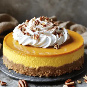 - 1 ½ cups graham cracker crumbs - ½ cup unsalted butter, melted - ½ cup granulated sugar (for crust) - 4 (8 oz) packages cream cheese, softened - 1 cup granulated sugar (for filling) - 1 cup canned pumpkin puree (not pie filling) - 4 large eggs - 1 teaspoon vanilla extract - 2 teaspoons ground cinnamon - 1 teaspoon ground nutmeg - ½ teaspoon ground ginger - ½ teaspoon salt - Whipped cream (for topping) - Optional: Crushed pecans or walnuts (for garnish)