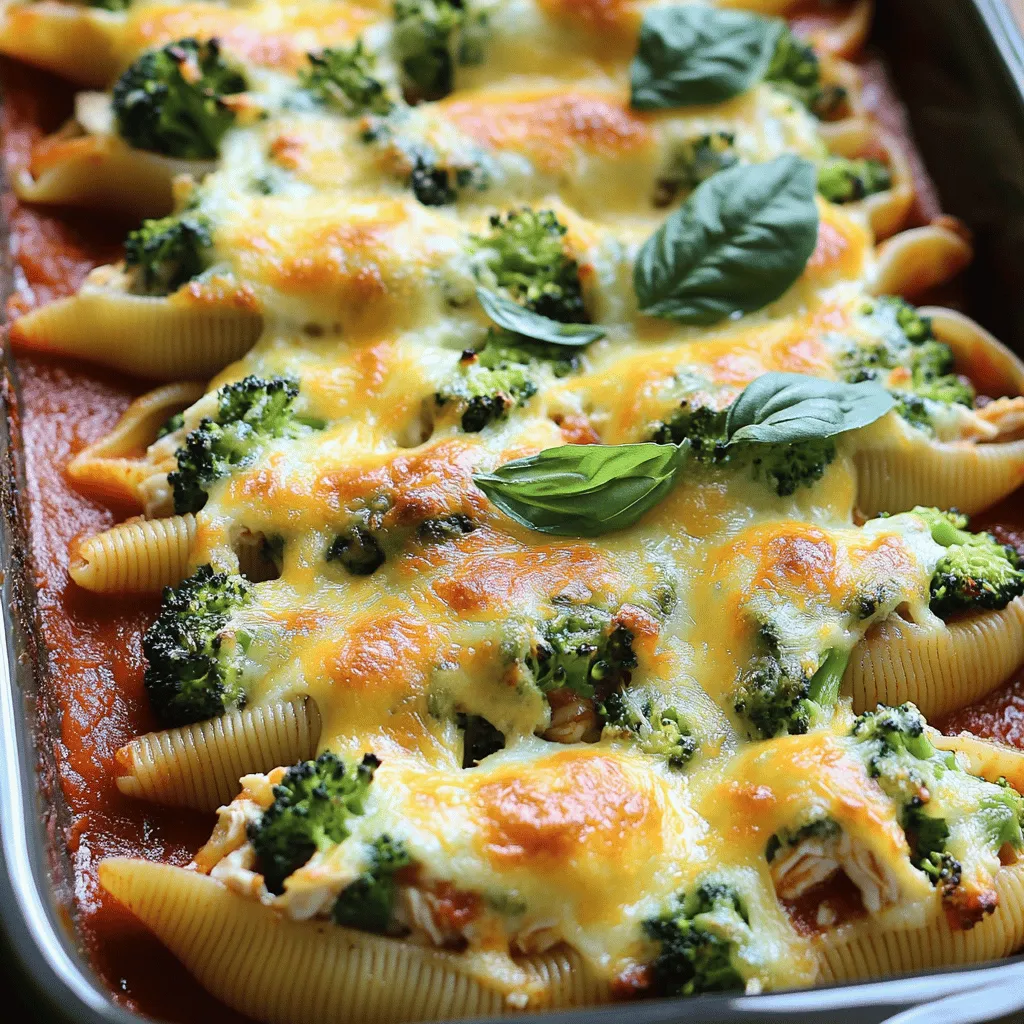 - 20 jumbo pasta shells - 2 cups cooked chicken, shredded - 1 cup broccoli florets, steamed and chopped - 1 1/2 cups ricotta cheese - 1 cup mozzarella cheese, shredded (plus extra for topping) - 1/2 cup grated Parmesan cheese - 1 teaspoon garlic powder - 1 teaspoon onion powder - 2 cups marinara sauce When making Cheesy Chicken & Broccoli Stuffed Shells, you need fresh, tasty ingredients. Start with jumbo pasta shells, which hold all that goodness inside. Cooked chicken is your next star. I love using shredded chicken for ease and flavor. Broccoli florets add crunch and nutrition, making this dish a full meal. For the cheese, I choose a mix that melts beautifully. Ricotta cheese gives a creamy base. Mozzarella cheese adds stretch and richness. Don't forget Parmesan cheese! It brings a sharp note that rounds out the flavors. Seasoning is key. Garlic powder and onion powder enhance the taste without being too strong. Marinara sauce is the final touch. It adds moisture and a lovely tomato flavor. You can find the full recipe to see how these ingredients come together perfectly. - Preheat the oven: Set your oven to 375°F (190°C). Preheating is key for even cooking. - Cook the pasta shells: Boil a large pot of salted water. Cook the jumbo pasta shells for about 10-12 minutes. They should be al dente. Drain them and let them cool for a bit. - Prepare the filling mixture: In a large mixing bowl, combine the shredded chicken, steamed and chopped broccoli, ricotta cheese, one cup of mozzarella cheese, and Parmesan cheese. Add garlic powder, onion powder, Italian seasoning, salt, and pepper. Mix everything well until it’s smooth. - Fill the pasta shells: Take each jumbo shell and spoon the chicken and broccoli mixture inside. Pack the filling lightly. Place the filled shells seam-side up in a 9x13 inch baking dish. - Arrange shells in baking dish: Lay the stuffed shells in a single layer in the dish. - Add marinara sauce and cheese: Pour marinara sauce over the shells. Make sure to cover them well. Then sprinkle the remaining mozzarella cheese on top for that gooey finish. - Baking time and temperature: Cover the dish with aluminum foil. Bake for 25 minutes. After that, remove the foil and bake for an extra 10-15 minutes. You want the cheese to bubble and turn golden. For the complete process, check out the Full Recipe. Enjoy cooking! To make the best filling, start with the chicken. For shredding chicken, use two forks. Pull the meat apart until it is in small pieces. This makes it easy to mix with other ingredients. You can also use a stand mixer with a paddle attachment for quick shredding. Just be careful not to overdo it! Next, let's talk about steaming broccoli. I find that the best way is to use a steamer basket. Fill a pot with water and bring it to a boil. Place the basket in the pot, add the broccoli florets, and cover. Steam for about 3-5 minutes until bright green and tender. This keeps the broccoli crisp and flavorful. For the cheese, even coverage is key. Mix the mozzarella, ricotta, and Parmesan well in your filling. This helps every bite be cheesy. When you fill the shells, pack the mixture in firmly. This ensures the cheese melts evenly as it bakes. To get that golden topping, add extra mozzarella before baking. This creates a nice crust. Bake covered for part of the time, then remove the foil. This way, the cheese can brown nicely without burning. When serving stuffed shells, pair them with a fresh side salad. A simple green salad adds crunch and balance. You can also serve garlic bread for a comforting touch. For garnishes, fresh basil leaves work wonders. Chop them finely and sprinkle on top just before serving. This adds a nice pop of color and flavor. Enjoy your delicious Cheesy Chicken & Broccoli Stuffed Shells! For the complete recipe, check out the Full Recipe section. {{image_2}} You can get creative with proteins in your Cheesy Chicken & Broccoli Stuffed Shells. If you want a change, try using ground turkey or shredded pork. You can even go for canned tuna for a different taste. For cheese, if you don’t have ricotta, cottage cheese works well. You can also swap mozzarella for provolone or fontina for a unique twist. If you want to make a vegetarian filling, use spinach and artichokes instead of chicken. You can mix in some sautéed mushrooms for a hearty texture. As for sauces, a creamy Alfredo or a rich pesto adds great flavor. Always taste as you go to find the perfect balance. To add some spice, consider mixing in red pepper flakes or smoked paprika. Both add warmth without overpowering the dish. You can also toss in different vegetables like bell peppers or zucchini for added color and nutrition. Just remember to keep the cooking time in mind to ensure everything cooks evenly. For the full recipe, check out the [Full Recipe]. To store leftovers, let the stuffed shells cool down first. Place them in an airtight container. This keeps them fresh. Use a container that seals tightly to keep air out. You can store them in the fridge for up to three days. You can freeze prepped but uncooked shells. Simply fill the shells and arrange them in a single layer. Cover them with plastic wrap and then aluminum foil. They will last up to three months in the freezer. To reheat frozen stuffed shells, thaw them overnight in the fridge. Bake them at 375°F for about 30-35 minutes. Make sure they are hot all the way through. For best practices, always check the date on the cooked chicken and cheese. Stuffed shells can last in the fridge for three days. If you freeze them, they can last for three months. To identify spoilage signs, look for off smells or changes in texture. If the shells feel slimy or smell bad, it's best to toss them. To make Cheesy Chicken & Broccoli Stuffed Shells from scratch, follow these steps. First, preheat your oven to 375°F (190°C). Cook 20 jumbo pasta shells in boiling salted water for about 10-12 minutes. Drain them and let them cool. In a bowl, mix 2 cups of shredded chicken, 1 cup of chopped broccoli, 1 ½ cups of ricotta cheese, 1 cup of mozzarella cheese, ½ cup of Parmesan cheese, and some seasonings. Spoon this mixture into the shells. Place the filled shells in a baking dish and cover them with 2 cups of marinara sauce. Top with more mozzarella cheese, then bake for 25 minutes covered, and 10-15 minutes uncovered until golden. Yes, you can use a different type of pasta. While jumbo shells work great, you could try cannelloni or even large rotini. Just make sure the pasta is large enough to hold the filling. Cooking times may vary, so check the package instructions to ensure your pasta is cooked properly. Cheesy Chicken & Broccoli Stuffed Shells pair well with many sides. A simple green salad adds freshness. Garlic bread is great for dipping in sauce. You could also serve steamed veggies for a colorful plate. For something hearty, pair it with a light soup. These sides enhance the meal and balance the flavors. This blog post covered how to make Cheesy Chicken & Broccoli Stuffed Shells. We discussed main ingredients like jumbo pasta shells, chicken, and broccoli. We explored cheese options, seasonings, and provided detailed steps for preparation and baking. In conclusion, you can enjoy a delicious meal that is customizable and easy to prep. With these tips and variations, you can create a dish that suits your taste. Dive into this tasty adventure, and make stuffed shells your new favorite recipe.