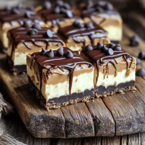 To make No-Bake Buckeye Cheesecake Bars, gather these ingredients: - 1 ½ cups chocolate sandwich cookies (crushed) - ½ cup unsalted butter, melted - 1 cup creamy peanut butter - 1 (8 oz) package cream cheese, softened - 1 cup powdered sugar - 1 teaspoon vanilla extract - 1 cup whipped cream (or whipped topping) - ½ cup semi-sweet chocolate chips (for topping) - 1 tablespoon coconut oil (for topping)