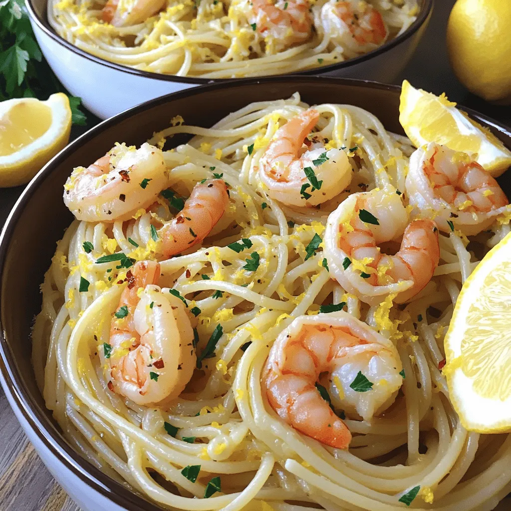 When making Zesty Lemon Garlic Shrimp Pasta, using fresh ingredients shines through in every bite. Here’s what you need: - 8 oz spaghetti or linguine - 1 lb shrimp, peeled and deveined - 4 cloves garlic, minced - 1/4 cup olive oil - 1 lemon (zest and juice) - 1/2 tsp red pepper flakes - Salt and pepper to taste - 1/4 cup fresh parsley, chopped - Grated Parmesan cheese for serving (optional) Each ingredient plays a key role in this dish. The pasta serves as a perfect base, while the shrimp brings a delightful protein. Garlic offers a rich flavor, and olive oil adds a smooth texture. The lemon zest and juice give that zesty punch, making this dish truly stand out. Red pepper flakes add a hint of heat, and fresh parsley brings a pop of color and freshness. Don't forget the Parmesan if you want a creamy finish! For the full recipe, check out the complete instructions. This dish is simple, fresh, and easy to whip up any night of the week! To start, fill a large pot with water. Add a generous amount of salt to this water. Bring it to a rolling boil over high heat. Once boiling, add 8 oz of spaghetti or linguine. Cook it according to the package instructions. Aim for al dente, which usually takes about 8 to 10 minutes. When it's done, drain the pasta and set it aside. Remember to save about 1/2 cup of that pasta water. You'll need it later for your sauce. Next, grab a large skillet and heat 1/4 cup of olive oil over medium-high heat. Once the oil is hot, add 4 cloves of minced garlic. Sauté the garlic for about one minute. Watch it closely, as you don’t want to burn it. Burning the garlic can ruin the dish. After the garlic becomes fragrant, it's time to add the shrimp. Toss in 1 lb of peeled and deveined shrimp. Season with 1/2 tsp of red pepper flakes, salt, and pepper. Cook the shrimp for 2 to 3 minutes. You'll know they're ready when they turn pink and opaque. When the shrimp are cooked, it’s time to add some zest and juice. Squeeze the juice of one lemon and add the zest to the skillet. Stir well to mix the flavors. Now, add the drained pasta to the skillet. Pour in that reserved pasta water a little at a time. This water helps to make a nice sauce. Keep stirring until you reach your desired sauce consistency. This step is crucial for a creamy texture. Finally, remove the skillet from heat and stir in 1/4 cup of chopped fresh parsley. Taste it and adjust the seasoning if needed. For an extra touch, sprinkle grated Parmesan cheese on top when serving. For the full recipe, you can refer to the beginning of this article. To make your dish pop, I recommend using red pepper flakes. They give a nice kick to the shrimp. You can start with 1/2 teaspoon and add more if you like it spicy. The heat balances well with the lemon's bright taste. Balancing acidity is key. Fresh lemon juice adds zing, but too much can be harsh. Start with the juice of one lemon, then taste. If you want more, add a little at a time. This way, you control the flavor. To ensure shrimp cook evenly, make sure they are all the same size. Cook them in a single layer in the pan. This helps them cook at the same rate. They usually need about 2-3 minutes per side. When they turn pink, they are done. Be careful with garlic. It can burn quickly and turn bitter. Sauté it for just one minute in olive oil before adding the shrimp. Stir it often to keep it from burning. This keeps the garlic sweet and fragrant. Presentation makes a meal special. Serve your pasta with lemon wedges on the side. This adds color and lets guests add more lemon if they wish. A sprinkle of fresh parsley on top looks great, too. If you want to mix it up, try other garnishes. Chopped green onions or toasted nuts add texture. You can even skip the Parmesan if you prefer a lighter dish. These small changes keep the meal fun and fresh. For the full recipe, check the earlier section. {{image_2}} You can brighten this dish with seasonal veggies. Broccoli, spinach, and bell peppers work well. To add them, simply sauté the vegetables in olive oil before cooking the shrimp. This method keeps them tender yet crisp. Aim for about 3-5 minutes of cooking time for these veggies. You want them to blend with the shrimp and pasta perfectly. If you prefer, you can swap shrimp for chicken or tofu. For chicken, use bite-sized pieces and cook them for about 5-7 minutes until fully done. For tofu, use firm or extra-firm. Sauté it for 4-6 minutes until golden. Both options will absorb the lemon and garlic flavors nicely, making them great substitutes. For those avoiding gluten, try using gluten-free pasta. Brands like Banza or Jovial provide great texture. Cook them according to package directions to ensure they are al dente. This keeps the dish light and fresh, just like the original recipe. Be sure to check the labels for any hidden gluten ingredients. For the full recipe, check the instructions above. To keep your Zesty Lemon Garlic Shrimp Pasta fresh, use airtight containers. Make sure to let the dish cool down before sealing. This helps prevent moisture buildup. Store the pasta in the refrigerator for up to three days. For best flavor, try to eat it within two days. When reheating, avoid using high heat. This can make the shrimp rubbery. Instead, use a microwave or a skillet on low heat. If using the microwave, cover the dish to keep moisture in. If using a skillet, add a splash of water or olive oil. This helps keep the pasta moist and flavorful. Stir gently to ensure even heating. You can freeze this dish for longer storage. First, let the pasta cool completely. Portion it into freezer-safe containers. Leave some space for expansion. You can freeze it for up to three months. When ready to eat, thaw it in the fridge overnight. Reheat it gently on the stove. Add a bit of water or olive oil to keep it from drying out. Enjoy your delicious pasta anytime! For the full recipe, check out the earlier section. If you want to swap shrimp, try these options: - Chicken: Use boneless, skinless chicken breast cut into bite-sized pieces. Cook it in the same way as the shrimp until fully done. - Tofu: Use firm tofu, cut into cubes. Sauté it until golden, then add the garlic and other ingredients. - Scallops: Cook scallops for about 2-3 minutes per side, similar to shrimp. - Mushrooms: Slice portobello or cremini mushrooms. Sauté them until soft for a hearty vegetarian option. These substitutes work well and can give you a new flavor twist! Yes, you can prep this dish ahead of time! Here are some tips: - Cook the pasta: Prepare the pasta and let it cool. Store it in an airtight container. - Sauté the shrimp: Cook the shrimp and store it separately from the pasta. - Combine later: When ready to eat, mix the shrimp and pasta. Reheat gently in a skillet with a splash of olive oil or pasta water. - Timing: Try to consume within 2-3 days for best taste and freshness. This way, you save time on busy days! To add some heat to your dish, consider these options: - Red pepper flakes: Increase the amount for a stronger kick. - Hot sauce: Drizzle your favorite hot sauce over the finished dish. - Fresh chili peppers: Chop small amounts of jalapeño or serrano peppers. Sauté them with the garlic for added spice. - Cayenne pepper: A pinch can boost the heat without changing the flavor too much. Experiment with these options to find your perfect spice level! This blog post shared a simple shrimp pasta recipe. I covered ingredients, cooking steps, and storage tips. You learned ways to add veggies and try different proteins. Remember, adjust flavors to your taste and explore your options. Meal prep saves time, so feel free to make it in advance. Enjoy this dish with family and friends. Happy cooking!