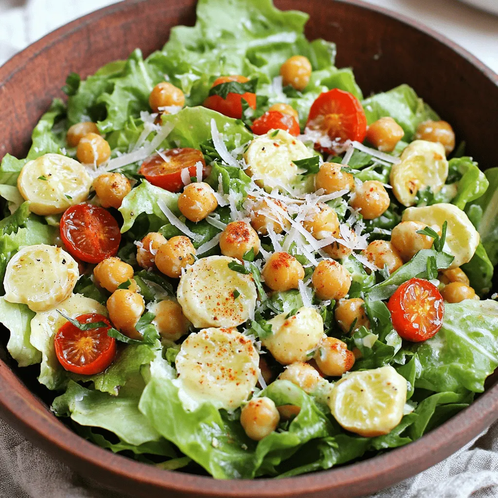 - 1 can (15 oz) chickpeas, drained and rinsed - 4 cups romaine lettuce, chopped - 1 cup cherry tomatoes, halved - ½ cup Parmesan cheese, shaved - ¼ cup Caesar dressing