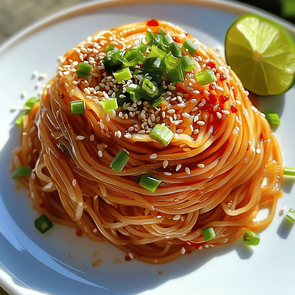- 300g noodles (spaghetti or udon) - 4 tablespoons chili oil - 4 cloves garlic, minced - 2 tablespoons soy sauce - 1 tablespoon sesame oil - 1 tablespoon rice vinegar - 2 green onions, chopped - 1 teaspoon sugar - Sesame seeds, for garnish - Salt, to taste When I whip up garlic chili oil noodles, I use simple yet bold ingredients. The main players are fresh noodles, chili oil, and garlic. You can choose between spaghetti or udon. I often pick udon for its chewy texture. Next, I add soy sauce and sesame oil for depth. Rice vinegar brings a nice tang. The balance of flavors makes this dish shine. For the garnish, I like to sprinkle chopped green onions and sesame seeds. A touch of sugar helps to balance out the heat. Salt is key to enhance all the flavors. If you want to see how to make this dish step-by-step, check out the Full Recipe. Each ingredient plays a role in making this dish a quick, tasty delight for dinner. Start by boiling a large pot of salted water. The salt helps flavor the noodles. Once boiling, add 300g of noodles. Cook them according to the package instructions, usually around 8-10 minutes. You want them to be al dente, which means they should still have a bit of bite. After cooking, drain the noodles in a colander. Rinse them under cold water to stop the cooking process and set them aside. Next, grab a pan and heat 4 tablespoons of chili oil over medium heat. This oil gives your dish its spicy kick. Once the oil is warm, add 4 cloves of minced garlic and 1 tablespoon of grated ginger. Sauté these for about 1-2 minutes. Keep an eye on them to avoid burning the garlic. A fragrant aroma will fill your kitchen, making your mouth water! In a large bowl, whisk together 2 tablespoons of soy sauce, 1 tablespoon of sesame oil, 1 tablespoon of rice vinegar, and 1 teaspoon of sugar. This mix adds depth to the noodles. Add the cooked noodles to the bowl. Pour the garlic chili oil over the noodles. Toss everything well to coat the noodles evenly. Finally, fold in 2 chopped green onions and season with salt to taste. And just like that, you create a delightful dish in no time. For the complete guide, check out the Full Recipe. To make the best garlic chili oil, you must avoid burnt garlic. Burnt garlic tastes bitter, ruining your dish. Heat the chili oil over medium heat. Add minced garlic and grated ginger for just 1-2 minutes. Stir often and watch closely. You want it fragrant and golden, not brown. Adjust the chili oil based on your spice level. If you love heat, use more chili oil. If you want a milder dish, reduce the amount. Start with 2 tablespoons, then taste and add more if needed. You can always add more, but you can’t take it out! For a visually appealing dish, presentation matters. Place the noodles in a circular mound on the plate. Drizzle some extra chili oil on top for shine. Top with green onions and sesame seeds for color. A lime wedge on the side adds a fresh touch. Pair these noodles with side dishes like steamed vegetables or a protein. Grilled chicken or shrimp complements the noodles well. You can also serve it with a light salad for a fresh crunch. Try using different noodle types to change the texture. Spaghetti or udon work great, but you can also use rice noodles or soba. Each noodle brings a unique flavor and feel to the dish. Don’t be afraid to experiment with toppings! Add crunchy peanuts, fresh herbs, or even a fried egg on top. These extra touches can elevate your garlic chili oil noodles to a new level. Enjoy the journey of discovering what you love! {{image_2}} For a vegetarian twist, you can easily swap a few ingredients. Use vegetable broth instead of chicken broth in the sauce. You can also replace the chili oil with a plant-based option. Make sure to check if the soy sauce is vegan, as some brands contain fish. Adding tofu can boost protein while keeping it vegetarian. If you love spice, try different types of chili. You can use Thai bird's eye chili for a fiery kick. Sriracha sauce gives a nice balance of heat and sweetness. You can also mix in chili flakes or even a dash of hot sauce. Each option brings a unique flavor to the dish. Get creative by adding your favorite vegetables. Bell peppers, snap peas, or broccoli add crunch and color. You can also toss in cooked shrimp or chicken for extra protein. For a heartier meal, consider adding edamame or mushrooms. Each choice lets you personalize the dish to your taste. Feel free to experiment and make this dish your own! To keep your leftover garlic chili oil noodles fresh, store them in an airtight container. This helps keep out air and moisture. Make sure the noodles are cool before putting them away. You can store them in the fridge for up to three days. When ready to eat, just reheat them in a pan or microwave. Add a splash of water to keep them moist. If you want to keep your noodles longer, freezing is a great option. First, let the noodles cool completely. Then, place them in a freezer-safe bag. Squeeze out as much air as you can to avoid freezer burn. You can freeze them for up to one month. To reheat, thaw in the fridge overnight. Then, warm them in a pan with a bit of oil or water. This helps bring back their texture. Understanding the shelf life of your dish is key. In the fridge, garlic chili oil noodles last for about three days. If you freeze them, you can enjoy them for up to one month. Just remember, the sooner you eat them, the better they taste! If they smell off or look strange, it's best to toss them. You can use other oils or spice mixes. Here are some ideas: - Olive oil: Use it for a milder flavor. - Sesame oil: This adds a nutty taste. - Sriracha or hot sauce: These can give a spicy kick. - Red pepper flakes: Great for adding heat without oil. Experiment with these options to find what you like best! To make this dish gluten-free, choose the right noodles. Here are some good options: - Rice noodles: They are light and cook quickly. - Zucchini noodles: These are low-carb and fresh. - Shirataki noodles: These are made from konjac yam. - Gluten-free pasta: Look for brands made with rice or corn. Using these options lets you enjoy the recipe without gluten. Yes, you can prep the ingredients ahead of time. Here are some tips: - Chop garlic and green onions: Store them in the fridge. - Cook noodles: You can cook them a day early. Keep them in water to prevent sticking. - Make garlic chili oil: You can prepare it and store it in a jar. These steps will save you time when you’re ready to cook! For complete guidance, check the Full Recipe. It has all the details you need for perfect Garlic Chili Oil Noodles! In this blog post, I shared how to make Garlic Chili Oil Noodles. We covered the main ingredients, including noodles, chili oil, and garlic. I also provided steps for cooking, blending flavors, and garnishing. I shared tips to avoid burnt garlic and to adjust spice levels. Remember, you can customize your dish to suit your taste. Experiment with different noodles and toppings. Enjoy the fun in cooking. With some practice, you will make this dish a favorite!