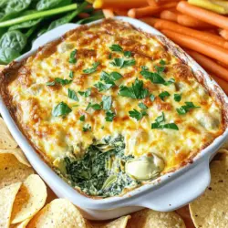 - 1 cup frozen spinach, thawed and drained - 1 cup canned artichoke hearts, drained and chopped - 1 cup cream cheese, softened - 1/2 cup sour cream - 1/2 cup mayonnaise - 1 cup shredded mozzarella cheese - 1/2 cup grated Parmesan cheese - 1 teaspoon garlic powder - 1/2 teaspoon onion powder - Salt and pepper to taste - Optional: Red pepper flakes for a spicy kick The right mix of ingredients makes this dip tasty. I love using frozen spinach because it is easy and quick. Make sure you thaw and drain it well to avoid watery dip. Canned artichoke hearts add great taste and texture. You can chop them into smaller pieces for better mixing. Cream cheese is the base for this dip. It gives a rich and creamy texture. I prefer using softened cream cheese, as it blends easier. Sour cream and mayonnaise also add creaminess and a nice tang. They balance the cheese flavors. Mozzarella cheese gives that gooey stretch we all love. Grated Parmesan adds a sharp, nutty flavor. Spices like garlic powder and onion powder enhance the taste. Adjust salt and pepper to your liking. Want some heat? Add red pepper flakes for a spicy kick. - If you need a cream cheese alternative, try Greek yogurt. It works well and cuts some fat. - For a dairy-free dip, look for dairy-free sour cream and mayonnaise. - Fresh artichoke hearts can be used, but they require more prep. Canned is quick and easy. For the full recipe, check out the detailed steps. This dip is simple to make and always a hit at gatherings! - Preheat the oven to 375°F (190°C). - In a large bowl, combine cream cheese, sour cream, and mayonnaise. Mix until smooth. - Next, stir in the spinach and artichokes. Make sure they are well mixed. - Then, add the shredded mozzarella, grated Parmesan, garlic powder, onion powder, salt, and pepper. If you want some heat, add red pepper flakes. Mix everything until it is fully combined. - Transfer the mixture to a baking dish. Spread it out evenly. - Bake in the oven for about 25-30 minutes. Look for a bubbly and golden brown top. This process gives you a warm and cheesy treat that everyone will love. For the full recipe, check out the details above! To achieve a creamy consistency, use softened cream cheese. It blends well with sour cream and mayonnaise. If the dip seems too thick, add a splash of milk to loosen it. To prevent the dip from drying out, cover it with foil during baking. Remove the foil for the last few minutes to get a nice, golden top. Adding spices can bring extra flavor to your dip. A pinch of garlic powder or red pepper flakes works wonders. Fresh herbs also add zest. Try parsley or basil for a fresh twist. Just chop them finely and mix them in. These small touches can elevate your dish. For the best pairings, serve the dip with crunchy tortilla chips or warm bread. Baguette slices are perfect for scooping. For a creative serving idea, use a hollowed-out bread bowl. Fill it with the dip and arrange veggie sticks around it. This adds a fun, festive touch for parties. For a finishing touch, sprinkle some extra Parmesan on top before serving. You can find the Full Recipe here. {{image_2}} You can spice up your dip by adding jalapeños. This gives a nice kick! Just chop them finely and mix them in with the other ingredients. If you love bacon, try adding crispy bacon bits. The smoky flavor brings a new depth to the dip. Both options make it even more fun to eat! For a vegan option, swap out the cream cheese and sour cream for plant-based versions. There are many good brands available now. You can also use nutritional yeast to give it a cheesy taste. If you're gluten-free, this dip is naturally safe. Just ensure your dippers are gluten-free too! You can use seasonal vegetables to change up the flavor. In spring, add fresh asparagus or peas. In fall, consider pumpkin for a creamy, festive twist. Holiday-themed dips can include cranberries or nuts for added texture and flavor. These small changes make the dip fun and exciting every time you serve it. For the full recipe, check out the detailed instructions above! To store your Cheesy Spinach Artichoke Dip, let it cool first. Place leftovers in an airtight container. Glass or plastic containers work well. Make sure the lid is tight to keep air out. Store it in the fridge. This dip stays fresh for up to four days. You can freeze the dip if you have a lot left. To freeze, use a freezer-safe container. Leave some space at the top since the dip expands when it freezes. It lasts up to three months in the freezer. When you want to eat it, thaw it in the fridge overnight. Reheat in the oven at 350°F (175°C) until warm. You can also use the microwave. Heat in short bursts, stirring in between. In the fridge, your dip lasts about four days. If you see any mold or an off smell, toss it out. If the dip separates or has a strange texture, it's time to say goodbye. Always trust your senses when checking for spoilage to keep yourself safe. For the full recipe of this creamy and flavorful treat, check out the earlier sections! To make Cheesy Spinach Artichoke Dip from scratch, follow these steps: 1. Preheat your oven to 375°F (190°C). 2. In a bowl, mix cream cheese, sour cream, and mayonnaise until smooth. 3. Add chopped artichoke hearts and thawed spinach. Stir to combine well. 4. Mix in shredded mozzarella, Parmesan, garlic powder, onion powder, salt, and pepper. 5. Pour the mix into a baking dish and spread it evenly. 6. Bake for about 25-30 minutes, until bubbly and golden. 7. Let it cool slightly before serving. This dip is creamy and so tasty! You can find the full recipe above. Yes, you can prepare this dip ahead of time! Here are some tips: - Mix all the ingredients and place them in a baking dish. - Cover it with plastic wrap and store it in the fridge for up to 24 hours. - When ready to bake, remove the wrap and bake as directed. - This method saves time and is perfect for parties. For the best dippers, try these options: - Tortilla chips for a crunchy texture. - Sliced baguette for a classic touch. - Fresh vegetable sticks like carrots and celery for a healthy option. - You can also use pita chips or crackers. These pair well and add variety! To reheat your dip, follow these methods: - Use the oven: Preheat to 350°F (175°C) and bake for about 15-20 minutes. - Use a microwave: Heat in 30-second bursts, stirring in between until hot. - Avoid overheating to keep the dip creamy and delicious. Enjoy it warm! In summary, we explored how to make delicious Cheesy Spinach Artichoke Dip. You learned about key ingredients, like cream cheese and artichokes, along with helpful substitutes. I shared step-by-step instructions and tips for perfect consistency and flavor. You can also try various twists to make your dip unique. Remember, storing and reheating leftovers properly helps keep the taste fresh. Dive into this recipe for your next gathering, and enjoy every cheesy bite.