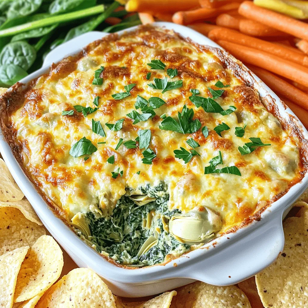 - 1 cup frozen spinach, thawed and drained - 1 cup canned artichoke hearts, drained and chopped - 1 cup cream cheese, softened - 1/2 cup sour cream - 1/2 cup mayonnaise - 1 cup shredded mozzarella cheese - 1/2 cup grated Parmesan cheese - 1 teaspoon garlic powder - 1/2 teaspoon onion powder - Salt and pepper to taste - Optional: Red pepper flakes for a spicy kick The right mix of ingredients makes this dip tasty. I love using frozen spinach because it is easy and quick. Make sure you thaw and drain it well to avoid watery dip. Canned artichoke hearts add great taste and texture. You can chop them into smaller pieces for better mixing. Cream cheese is the base for this dip. It gives a rich and creamy texture. I prefer using softened cream cheese, as it blends easier. Sour cream and mayonnaise also add creaminess and a nice tang. They balance the cheese flavors. Mozzarella cheese gives that gooey stretch we all love. Grated Parmesan adds a sharp, nutty flavor. Spices like garlic powder and onion powder enhance the taste. Adjust salt and pepper to your liking. Want some heat? Add red pepper flakes for a spicy kick. - If you need a cream cheese alternative, try Greek yogurt. It works well and cuts some fat. - For a dairy-free dip, look for dairy-free sour cream and mayonnaise. - Fresh artichoke hearts can be used, but they require more prep. Canned is quick and easy. For the full recipe, check out the detailed steps. This dip is simple to make and always a hit at gatherings! - Preheat the oven to 375°F (190°C). - In a large bowl, combine cream cheese, sour cream, and mayonnaise. Mix until smooth. - Next, stir in the spinach and artichokes. Make sure they are well mixed. - Then, add the shredded mozzarella, grated Parmesan, garlic powder, onion powder, salt, and pepper. If you want some heat, add red pepper flakes. Mix everything until it is fully combined. - Transfer the mixture to a baking dish. Spread it out evenly. - Bake in the oven for about 25-30 minutes. Look for a bubbly and golden brown top. This process gives you a warm and cheesy treat that everyone will love. For the full recipe, check out the details above! To achieve a creamy consistency, use softened cream cheese. It blends well with sour cream and mayonnaise. If the dip seems too thick, add a splash of milk to loosen it. To prevent the dip from drying out, cover it with foil during baking. Remove the foil for the last few minutes to get a nice, golden top. Adding spices can bring extra flavor to your dip. A pinch of garlic powder or red pepper flakes works wonders. Fresh herbs also add zest. Try parsley or basil for a fresh twist. Just chop them finely and mix them in. These small touches can elevate your dish. For the best pairings, serve the dip with crunchy tortilla chips or warm bread. Baguette slices are perfect for scooping. For a creative serving idea, use a hollowed-out bread bowl. Fill it with the dip and arrange veggie sticks around it. This adds a fun, festive touch for parties. For a finishing touch, sprinkle some extra Parmesan on top before serving. You can find the Full Recipe here. {{image_2}} You can spice up your dip by adding jalapeños. This gives a nice kick! Just chop them finely and mix them in with the other ingredients. If you love bacon, try adding crispy bacon bits. The smoky flavor brings a new depth to the dip. Both options make it even more fun to eat! For a vegan option, swap out the cream cheese and sour cream for plant-based versions. There are many good brands available now. You can also use nutritional yeast to give it a cheesy taste. If you're gluten-free, this dip is naturally safe. Just ensure your dippers are gluten-free too! You can use seasonal vegetables to change up the flavor. In spring, add fresh asparagus or peas. In fall, consider pumpkin for a creamy, festive twist. Holiday-themed dips can include cranberries or nuts for added texture and flavor. These small changes make the dip fun and exciting every time you serve it. For the full recipe, check out the detailed instructions above! To store your Cheesy Spinach Artichoke Dip, let it cool first. Place leftovers in an airtight container. Glass or plastic containers work well. Make sure the lid is tight to keep air out. Store it in the fridge. This dip stays fresh for up to four days. You can freeze the dip if you have a lot left. To freeze, use a freezer-safe container. Leave some space at the top since the dip expands when it freezes. It lasts up to three months in the freezer. When you want to eat it, thaw it in the fridge overnight. Reheat in the oven at 350°F (175°C) until warm. You can also use the microwave. Heat in short bursts, stirring in between. In the fridge, your dip lasts about four days. If you see any mold or an off smell, toss it out. If the dip separates or has a strange texture, it's time to say goodbye. Always trust your senses when checking for spoilage to keep yourself safe. For the full recipe of this creamy and flavorful treat, check out the earlier sections! To make Cheesy Spinach Artichoke Dip from scratch, follow these steps: 1. Preheat your oven to 375°F (190°C). 2. In a bowl, mix cream cheese, sour cream, and mayonnaise until smooth. 3. Add chopped artichoke hearts and thawed spinach. Stir to combine well. 4. Mix in shredded mozzarella, Parmesan, garlic powder, onion powder, salt, and pepper. 5. Pour the mix into a baking dish and spread it evenly. 6. Bake for about 25-30 minutes, until bubbly and golden. 7. Let it cool slightly before serving. This dip is creamy and so tasty! You can find the full recipe above. Yes, you can prepare this dip ahead of time! Here are some tips: - Mix all the ingredients and place them in a baking dish. - Cover it with plastic wrap and store it in the fridge for up to 24 hours. - When ready to bake, remove the wrap and bake as directed. - This method saves time and is perfect for parties. For the best dippers, try these options: - Tortilla chips for a crunchy texture. - Sliced baguette for a classic touch. - Fresh vegetable sticks like carrots and celery for a healthy option. - You can also use pita chips or crackers. These pair well and add variety! To reheat your dip, follow these methods: - Use the oven: Preheat to 350°F (175°C) and bake for about 15-20 minutes. - Use a microwave: Heat in 30-second bursts, stirring in between until hot. - Avoid overheating to keep the dip creamy and delicious. Enjoy it warm! In summary, we explored how to make delicious Cheesy Spinach Artichoke Dip. You learned about key ingredients, like cream cheese and artichokes, along with helpful substitutes. I shared step-by-step instructions and tips for perfect consistency and flavor. You can also try various twists to make your dip unique. Remember, storing and reheating leftovers properly helps keep the taste fresh. Dive into this recipe for your next gathering, and enjoy every cheesy bite.