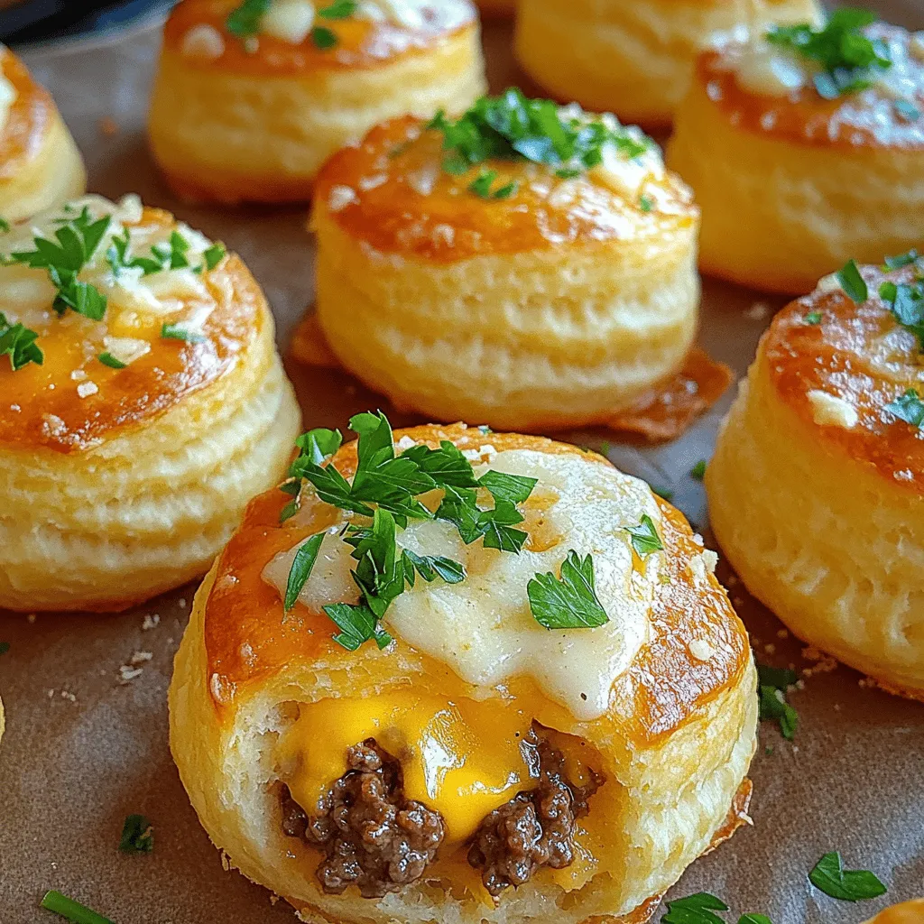 - 1 lb ground beef - 1 cup shredded cheddar cheese - 1 cup shredded mozzarella cheese - 1 teaspoon garlic powder - 1 teaspoon onion powder - 1 teaspoon smoked paprika - Salt and pepper to taste For the main flavors, ground beef is key. You can use any beef you like, but I suggest 80/20 for the best taste. The cheese options are fun. I use both cheddar and mozzarella for a creamy bite. The seasonings and spices bring the flavors together. Garlic powder, onion powder, and smoked paprika add depth. Salt and pepper pull everything into harmony. - 1 package of refrigerated biscuit dough (10 count) - 1/2 cup grated Parmesan cheese - 1/4 cup melted butter - 2 tablespoons fresh parsley, chopped (optional) The biscuit dough is like a cozy blanket for the beef. It wraps everything up nicely. Grated Parmesan cheese adds a salty punch. The melted butter helps the bombs get golden brown. Fresh parsley is optional but adds a pop of color and taste. - Mixing bowl - Baking sheet - Parchment paper Tools make cooking easier. You need a mixing bowl to combine the ingredients. A baking sheet is necessary for cooking the bombs. Parchment paper helps with easy cleanup and prevents sticking. For the full recipe, check out the details above. Happy cooking! To start, you need to mix the beef and spices. In a large bowl, combine 1 pound of ground beef, 1 teaspoon of garlic powder, 1 teaspoon of onion powder, 1 teaspoon of smoked paprika, and salt and pepper to taste. Use your hands or a spoon to mix it well. Next, form the beef mixture into balls. Take about 1.5 tablespoons of the beef mix and flatten it in your hand. Place about 1 tablespoon of cheddar and mozzarella cheese in the center. Fold the edges over the cheese and roll it into a tight ball. Repeat this until you use all the beef. Now, it's time to work with the biscuit dough. Take a biscuit from the package and flatten it with your hands or a rolling pin. Aim for a circle, about 4 inches wide. Place a beef ball in the center of the biscuit circle. Carefully pinch the edges of the dough together to seal the beef ball inside. Make sure it is completely sealed so the cheese doesn’t leak out during baking. Before you bake, preheat your oven to 375°F (190°C). This step is important for even cooking. Next, place the sealed bombs on a baking sheet lined with parchment paper. In a small bowl, mix 1/4 cup of melted butter with 1/2 cup of grated Parmesan cheese. Brush this mixture generously over each cheeseburger bomb. Bake in the oven for 15-20 minutes. You will know they are done when the biscuits turn golden brown. Once out of the oven, let them cool for a few minutes. If you want, sprinkle fresh parsley on top for a nice touch. For the complete recipe, check out the Full Recipe section. To get the best bake on your biscuits, preheat your oven to 375°F. This ensures they cook evenly. Bake them for 15-20 minutes. Watch for a golden brown color on top. This shows they are done and will be soft inside. For even cheese distribution, use a mix of cheddar and mozzarella. These melt well together. Be sure to place the cheese in the center of the beef ball before sealing it. This helps the cheese melt inside the bomb. One common mistake is overfilling the beef balls. If you add too much filling, they can burst open while baking. Stick to about 1 tablespoon of cheese per ball. This keeps them nice and round. Another mistake is not sealing the biscuit dough properly. If the dough is not sealed tightly, the filling can leak out. Pinch the edges well to create a good seal. This will keep all the flavors inside. To elevate the taste of your bombs, consider adding extra seasonings. A pinch of cayenne pepper gives a nice kick. You can also mix in some Italian seasoning for a twist. If you want to try different cheese combinations, consider pepper jack for spice or gouda for a smoky flavor. These choices add a fun twist to your classic cheeseburger bomb. For the full recipe, check out the complete instructions that guide you step by step! {{image_2}} You can change the meat in Garlic Parmesan Cheeseburger Bombs. Use ground turkey or ground chicken instead of beef. Both options keep the dish light while still being tasty. If you prefer a vegetarian option, try black beans or lentils. They offer great protein and flavor. Just mash them up and mix in your favorite spices. Want to add some heat? Toss in jalapeños or your favorite spicy pepper. A little kick can make these bombs even more fun. You can also play around with herbs and spices. Fresh basil, thyme, or oregano can add a new twist. Try mixing different seasonings to find your perfect flavor. Dipping sauces are a must! Ranch, ketchup, or barbecue sauce pair well with these bombs. They add extra flavor and fun to each bite. For sides, think about crispy fries or a fresh salad. Both will complement the cheeseburger bombs nicely. You can also serve them with a light dip, like tzatziki. Check out the Full Recipe to get started on these delightful treats! To store your Garlic Parmesan Cheeseburger Bombs, place them in an airtight container. Keep them in the fridge. They stay fresh for about 3 to 4 days. Make sure they are cool before sealing to prevent moisture build-up. If you want to freeze these tasty bombs, wrap each one tightly in plastic wrap. Then, place them in a freezer-safe bag. They can last up to three months in the freezer. When you’re ready to eat, take them out and thaw in the fridge overnight. Reheat in the oven for the best taste. For the best flavor, reheat the bombs in the oven. Preheat your oven to 350°F (175°C) and bake for about 10 to 15 minutes. This keeps them warm and crispy. You can also serve them hot right from the oven for a delightful treat. If you want to add a little extra flavor, pair them with your favorite dipping sauce. To check if your cheeseburger bombs are done, look for a nice golden brown color. Bake them at 375°F (190°C) for about 15 to 20 minutes. The biscuit dough should puff up and feel firm. You can also use a meat thermometer. The center should reach 160°F (70°C) to ensure the beef is fully cooked. Let them cool slightly before serving. Yes, you can prepare these cheeseburger bombs in advance. You can make the beef mixture and form the balls. Place them in the fridge until you are ready to bake. You can also assemble the bombs and keep them wrapped in plastic. Just make sure to bake them within a day or two for the best taste. These bombs pair well with many sides. Here are some ideas: - Crispy French fries - Fresh salad with a simple dressing - Sliced veggies with ranch dip - Garlic bread for extra flavor - A side of marinara sauce for dipping For the full recipe, check out the detailed steps to make these tasty treats! You now have all the details to make Garlic Parmesan Cheeseburger Bombs. We covered main ingredients, tips for perfection, and fun variations. Remember, the key is in how you mix and bake. Be creative with flavors and fillings, and don’t forget those side dishes. Each bomb is a tasty treat that can impress friends and family. Enjoy the making and the eating! You’ll want to share this recipe with others. Happy cooking!