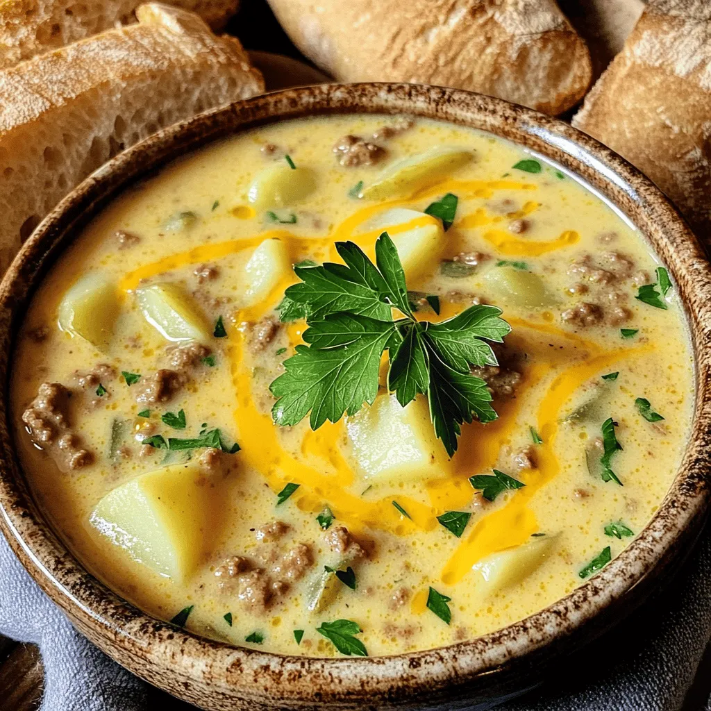 To make this soup shine, you need some key ingredients. Here’s what you will need: - 1 lb ground beef - 1 medium onion, chopped - 2 cloves garlic, minced - 3 medium potatoes, peeled and diced - 4 cups beef broth - 1 cup shredded cheddar cheese - 1 cup milk - 1 tablespoon Worcestershire sauce - 1 teaspoon Dijon mustard - 1 teaspoon smoked paprika - Salt and pepper to taste - 2 tablespoons olive oil - Fresh parsley, chopped (for garnish) These ingredients create a rich, meaty flavor. The potatoes add a comforting texture. The cheese makes it creamy and delicious. You can easily customize this soup to fit your taste. Here are some optional ingredients to consider: - Cooked bacon bits for extra crunch - Green onions for a fresh bite - Hot sauce for a spicy kick - Different cheeses like Monterey Jack or Gouda - Frozen vegetables like corn or peas Feel free to mix and match. This makes the soup a fun way to use what you have at home. What type of ground beef should I use? I recommend using 80/20 ground beef. This mix gives good flavor without being too greasy. Can I use other meats? Yes! You can use turkey or chicken for a lighter soup. Just adjust the cooking time. What if I don’t have beef broth? You can use chicken or vegetable broth. This will still give the soup depth and flavor. Is there a dairy-free option? Absolutely! Use coconut milk or almond milk for a dairy-free version. Just make sure to adjust for taste. For the complete recipe, check out the [Full Recipe]. To make this cheeseburger soup, start with a large pot. Heat the olive oil over medium heat. Add the chopped onion and minced garlic. Sauté them until the onions look clear. This step adds great flavor. Next, add the ground beef. Use a wooden spoon to break it up. Cook until it turns brown and is no longer pink, about 5-7 minutes. If there’s too much fat, drain it. Now, stir in the diced potatoes and beef broth. Add the Worcestershire sauce, Dijon mustard, smoked paprika, salt, and pepper. Bring everything to a boil. Lower the heat and let it simmer. Cover the pot and cook for 15-20 minutes. The potatoes should be tender by now. Once cooked, add the milk and shredded cheddar cheese. Stir until the cheese melts. This makes the soup creamy. Taste it and adjust the seasoning if needed. Remove the pot from heat. Let it cool for a few minutes before serving. Browning the beef well is key for rich flavor. Use a wide pot to give the beef space. Don’t overcrowd the pan. If necessary, cook in batches. Stir only a few times to let it brown. This helps to develop a nice crust. Keep the heat at medium. Too high can burn the meat. The total cooking time is about 40 minutes. This includes 10 minutes for prep and 30 minutes for cooking. If your potatoes are larger, they may need extra time. Check for doneness by piercing with a fork. If you want a thicker soup, let it simmer a bit longer. For a thinner soup, add more broth or milk. Always adjust to your taste and preference. For the full recipe, please refer to the [Full Recipe]. To make your cheeseburger soup truly shine, use fresh ingredients. Fresh herbs, like parsley, add bright notes. Smoked paprika brings a warm, smoky taste. For extra depth, try adding a splash of hot sauce. This gives your soup a mild kick without overpowering the main flavors. Don't skip the Worcestershire sauce; it adds umami richness. You can also experiment with different cheeses. A mix of cheddar and Monterey Jack creates a delightful melt. One mistake is overcooking the potatoes. You want them tender, not mushy. If you add them too early, they may break apart. Another common error is using low-quality beef. Choose ground beef with a good fat content for flavor. Avoid adding too much milk too fast. This can lead to curdling. Instead, add it slowly for a smooth finish. Finally, always taste your soup before serving. Adjust the salt and pepper as needed to enhance the flavors. For a creamy texture, start with whole milk or half-and-half. This gives a rich base without being too heavy. Stir in cheese slowly, allowing it to melt evenly. If your soup is too thick, add a bit more broth or milk to loosen it. Blending a portion of the soup can also help. Use an immersion blender for a smooth consistency. Just remember to leave some chunks for that classic cheeseburger feel. For the full recipe, check here: [Full Recipe]. {{image_2}} You can easily make a vegetarian cheeseburger soup. Start by swapping the ground beef with plant-based meat or lentils. Use vegetable broth instead of beef broth. Add extra veggies like bell peppers and corn for texture and flavor. You can also add a splash of soy sauce for depth. This version keeps all the comforting elements of the original. To make this soup gluten-free, choose gluten-free Worcestershire sauce. Use a gluten-free flour blend to thicken the soup. You can also skip the thickening step and enjoy a lighter broth. Ensure all your toppings, like cheese and bread, are gluten-free too. This way, everyone can enjoy a bowl without worries. Toppings can elevate your cheeseburger soup. Try adding crispy bacon bits or jalapeños for a spicy kick. Sour cream or Greek yogurt adds creaminess. Chopped green onions give a fresh touch. You can even add crumbled tortilla chips for crunch. Feel free to mix and match based on your taste. The Full Recipe gives you a great base to start from! Store leftover cheeseburger soup in an airtight container. Let the soup cool first. Then, transfer it to the container. Make sure to leave some space at the top. This allows the soup to expand when frozen. You can keep it in the fridge for up to three days. To reheat, pour the soup into a pot. Heat it over medium-low heat. Stir often and heat until warm. You can also use the microwave. Pour the soup into a microwave-safe bowl. Heat it in short bursts, stirring in between. This way, the soup heats evenly. To freeze cheeseburger soup, use freezer-safe containers. Divide the soup into portions for easy meals. Label each container with the date and name. This helps you keep track of what you have. Thaw the soup overnight in the fridge before reheating. This ensures it stays tasty. For the full recipe, click here. This cheeseburger soup wins awards due to its rich flavor and creamy texture. I blend classic cheeseburger tastes with hearty ingredients. The combination of beef, cheese, and spices creates a cozy dish. The smoked paprika adds a unique twist that surprises many. Each spoonful feels like a warm hug. The use of fresh potatoes gives it a nice body. When you serve it, everyone will want the recipe! Yes, you can make this soup ahead of time. In fact, it tastes even better the next day! Just follow the recipe and let it cool. Store it in an airtight container in the fridge. When you're ready to eat, simply reheat it on the stove. Stir well to ensure even heating. You may need to add a splash of milk if it thickens. To adjust this recipe for fewer servings, you can easily scale down the ingredients. For three servings, use half the amount of each ingredient. If you use one cup of beef broth, just halve it to one cup. Keep the cooking times the same, but check for doneness earlier. You can also freeze any leftovers for another meal. This soup freezes well, so don't worry about waste! For the full recipe, be sure to check out the detailed instructions. In this post, we explored the key ingredients for a tasty cheeseburger soup. I shared tips on cooking, storage, and variations to suit your needs. You can customize it for any diet and avoid common mistakes that ruin flavor. Remember, making this soup is easy and fun. By following my step-by-step guide, you can create a creamy and delicious dish. Enjoy your cooking, and don’t be afraid to experiment. A warm bowl of this soup can brighten your day. Try it today!