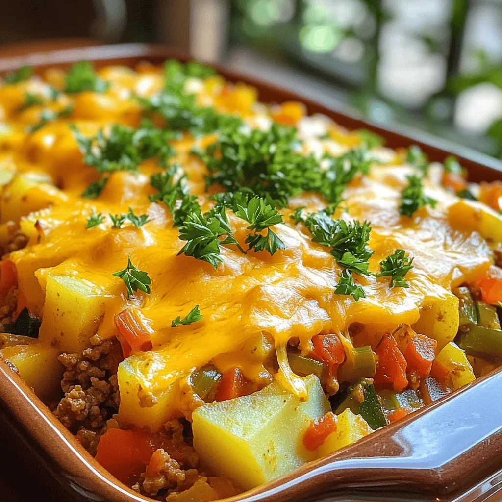 To make Hobo Casserole, gather these simple ingredients: - 1 lb ground beef - 1 medium onion, chopped - 2 cloves garlic, minced - 3 medium potatoes, diced - 2 cups mixed vegetables (carrots, peas, corn) - 1 can (15 oz) diced tomatoes, undrained - 1 cup beef broth - 1 tablespoon Worcestershire sauce - 1 teaspoon dried thyme - 1 teaspoon paprika - Salt and pepper to taste - 1 cup shredded cheddar cheese These ingredients blend together to create a warm and hearty dish. You can easily swap some ingredients if needed. Here are a few ideas: - Use ground turkey or chicken for a lighter dish. - Swap mixed vegetables for any fresh veggies you have. - Use vegetable broth instead of beef broth for a vegetarian option. - If you don’t have Worcestershire sauce, soy sauce works too. - Try different types of cheese like mozzarella or Monterey Jack for a new flavor. These swaps keep the dish tasty and fun! Using fresh ingredients often gives the best taste. However, frozen ingredients can save time and still taste great. Here’s how to decide: - Fresh Vegetables: They add bright flavors and crisp textures. - Frozen Vegetables: They are convenient and can be just as nutritious. They are picked at peak freshness and frozen quickly. If you have fresh potatoes and onions, use them. If not, frozen options will work just fine. Just remember to adjust cooking times slightly for frozen ingredients. Enjoy your cooking adventure with Hobo Casserole! First, gather all your ingredients. You will need ground beef, chopped onion, and minced garlic. Dice the potatoes and have your mixed veggies ready. You will also need diced tomatoes, beef broth, Worcestershire sauce, thyme, and paprika. Don’t forget the cheddar cheese for the topping. Once you have everything, you can start cooking. Start by heating a large skillet over medium heat. Add the ground beef and cook it until it turns brown. This usually takes about 6-8 minutes. Make sure to drain any extra fat after cooking. Next, add the chopped onion and minced garlic to the skillet. Cook them together until the onion looks clear, about 3-4 minutes. In a large mixing bowl, combine the diced potatoes, mixed vegetables, and the can of diced tomatoes. Pour in the beef broth and Worcestershire sauce. Add the cooked meat mix, thyme, paprika, and season with salt and pepper. Stir everything well so it mixes evenly. Now, transfer the entire mixture into a greased 9x13-inch casserole dish. Spread it out evenly. Cover the dish with aluminum foil and place it in your preheated oven at 375°F (190°C). Bake for 45 minutes. After that, take off the foil and sprinkle the shredded cheddar cheese on top. Bake it again for another 15 minutes. This step makes the cheese melt and bubble nicely. Once done, let it cool for a few minutes before serving. Enjoy this hearty dish with fresh bread if you like. For the full recipe, check out the earlier section. To make Hobo Casserole shine, use fresh ingredients. Fresh vegetables add great flavor and texture. Make sure to chop your onions and garlic finely. This helps them blend in well. For meat, choose good quality ground beef. If you prefer leaner meat, ground turkey works too. Adjust seasonings to your taste. If you love spice, add red pepper flakes. Cheese lovers can sprinkle more cheddar on top. One common mistake is not draining the beef fat. This can make your dish greasy. Also, avoid overcooking your vegetables. They should be tender but not mushy. Don't forget to cover the casserole with foil when baking. This keeps moisture in. Lastly, let it cool a bit before serving. This helps the flavors meld together. Hobo Casserole is great on its own but pairs well with many sides. A simple green salad adds freshness. Crusty bread or garlic bread makes a nice addition too. For drinks, try a light iced tea or lemonade. Want to impress? Add a sprinkle of fresh herbs on top for color and taste. You can find the full recipe above to guide you through this tasty dish! {{image_2}} You can easily make Hobo Casserole vegetarian. Replace the ground beef with a plant-based meat substitute. Lentils also work great in this dish. Use mushrooms for a hearty texture and rich flavor. Add extra veggies like bell peppers and zucchini for more color and taste. This way, you keep all the comfort of the dish while offering a fresh twist. For a gluten-free Hobo Casserole, swap the Worcestershire sauce for a gluten-free version. Ensure your beef broth is also gluten-free. You can use gluten-free breadcrumbs as a topping if you want a crispy finish. This way, everyone can enjoy the dish without worry. If you want different protein sources, consider using chicken or turkey. These lean meats provide a lighter option. You can also use beans, like black beans or chickpeas, for a protein boost in vegetarian versions. Tofu is another great choice that absorbs flavors well. It’s fun to experiment with different proteins, so feel free to mix and match! For the full recipe, check out the details above. To keep your Hobo Casserole fresh, let it cool first. Then, place it in an airtight container. This helps avoid moisture loss and keeps flavors intact. You can store it in the fridge for up to three days. If you're using a glass or ceramic dish, you can cover it with a lid or plastic wrap. When you want to enjoy leftovers, heat the casserole in the oven. Preheat it to 350°F (175°C). Cover the dish with foil to help it heat evenly. Bake for about 20-25 minutes or until it’s hot all the way through. If you want a crispy top, uncover it for the last 5 minutes. If you want to save your Hobo Casserole for later, freezing is a great option. First, let it cool completely. Then, cut it into portions for easy thawing. Wrap each piece tightly in plastic wrap, then place them in a freezer-safe bag. This helps keep freezer burn away. You can freeze it for up to three months. To reheat, thaw it in the fridge overnight, then follow the reheating instructions. Hobo casserole is a hearty dish made with meat and veggies. It usually has ground beef, potatoes, and mixed vegetables. You bake it all in one pot, making it simple and tasty. This dish is perfect for busy nights or family dinners. Yes, you can make hobo casserole in a slow cooker! Just brown the meat first. Then, combine all the ingredients in the slow cooker. Cook on low for 6 to 8 hours or high for 3 to 4 hours. This method makes it even easier! Hobo casserole lasts about 3 to 4 days in the fridge. Be sure to store it in an airtight container. When you reheat it, make sure it gets hot all the way through. Absolutely! You can use any vegetables you like. Think about bell peppers, green beans, or zucchini. Just remember to chop them small so they cook evenly. This flexibility makes the dish fun and unique! Hobo casserole has roots in American cooking. It became popular during the Great Depression. People needed cheap, filling meals. The idea was to use available ingredients, making it adaptable and easy. Today, it still serves as comfort food for many families. You can find the full recipe for this delightful dish in the [Full Recipe]. Hobo casserole is simple, tasty, and versatile. We covered all the key ingredients and discussed smart swaps. I shared tips to avoid common mistakes and outlined baking steps. You learned about vegetarian and gluten-free options, plus how to store leftovers. Now you can enjoy this dish in many ways. Get creative with your ingredients and try new pairings. Remember, cooking is fun!