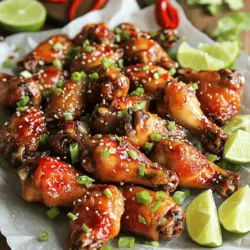 - 2 lbs chicken wings - 1/4 cup honey - 1/4 cup soy sauce - 2 tablespoons sriracha (adjust for spice preference) - 1 tablespoon sesame oil The chicken wings are the star of this dish. I use 2 pounds, which serves four to six people. Honey adds a sweet touch, while soy sauce gives depth. Sriracha brings the heat, so you can adjust it to your taste. I also add sesame oil for a nice finish. - 1 tablespoon garlic powder - 1 tablespoon ginger powder - 1 teaspoon paprika - 1/2 teaspoon black pepper Spices make the wings sing! I use garlic powder and ginger powder for warmth. Paprika adds color and a hint of smokiness. Black pepper gives a little kick, rounding out the flavors nicely. - 1 tablespoon chopped green onions - 1 tablespoon sesame seeds Garnishing is key for presentation. I like to sprinkle chopped green onions on top for freshness. A sprinkle of sesame seeds adds crunch and visual appeal. These touches make your wings look as good as they taste! For the full recipe, check out the detailed instructions and tips in the Sweet and Spicy Chicken Wings article. Rinse the chicken wings under cold water. This removes any residue. Next, pat them dry with paper towels. This step is key for crispiness. If wings are wet, they won't get crunchy when baked. In a large bowl, combine honey, soy sauce, sriracha, garlic powder, ginger powder, paprika, black pepper, and sesame oil. Use a whisk to mix until all ingredients blend well. This creates a thick, flavorful sauce that soaks into the wings. Add the chicken wings to the marinade. Toss them well to coat fully. Cover the bowl with plastic wrap. Refrigerate for at least 1 hour, or overnight if you can. Marinating overnight gives the wings more flavor. Preheat your oven to 425°F (220°C). Line a baking sheet with aluminum foil. Place a wire rack on top. This setup allows even cooking and crispy skin. Arrange the marinated wings on the rack in a single layer. Bake for 25-30 minutes, flipping halfway through. This ensures all sides get crispy. After baking, take the wings out of the oven. Brush them with leftover marinade for extra flavor. This glaze adds sweetness and depth. Put them back in the oven for an extra 5 minutes. This final bake firms up the glaze. Let the wings rest for a few minutes after baking. Garnish with chopped green onions and sesame seeds for a nice touch. Serve the wings on a large platter. Add lime wedges and extra sriracha on the side for those who like it hot. Enjoy the full recipe for a delightful experience! - Using a wire rack: Place your wings on a wire rack while baking. This allows hot air to flow all around. It helps the wings get crispy on all sides. - Baking vs. frying: Baking wings is healthier and easier. Frying gives a different texture but can be messy. I prefer baking for a better flavor and less fuss. - Customizing sriracha levels: You can adjust sriracha to your taste. Add more for extra heat, or use less for a milder flavor. - Alternatives to honey: If you want a different sweet taste, use maple syrup or agave nectar. Both work well in this recipe. - Ensuring even cooking: Flip the wings halfway through baking. This helps them cook evenly and get that nice golden color. - Checking for doneness: Use a meat thermometer to check the wings. They should reach 165°F (75°C) for safe eating. Make sure they look crispy and delicious! {{image_2}} You can switch up the sweetness in your wings. Maple syrup works great as a natural sweetener. It adds a rich flavor that pairs well with the spice. Simply replace honey with maple syrup in the marinade. Brown sugar is another tasty option. It adds a deep, caramel-like taste. Use it in place of honey or combine it with your favorite sweetener. Adjust the amount to fit your taste. Spices can change the flavor of your chicken wings. You can add cumin for an earthy tone. Cayenne pepper can boost the heat level. Even chili powder can add a nice kick. Try mixing different spices to find your perfect blend. You can also adjust the heat level. If you want milder wings, reduce the sriracha. For more spice, add extra sriracha or even hot sauce. Remember, taste as you go to find what works best for you. If you crave BBQ wings, it’s easy to change the recipe. Use your favorite BBQ sauce instead of the honey and soy sauce mix. Brush it on the wings before baking for a smoky flavor. For teriyaki wings, swap the marinade for a teriyaki sauce. You can find ready-made sauces or make your own. Just mix soy sauce, sugar, and a bit of ginger. This gives a sweet and tangy twist to your chicken wings. For the full recipe, check the main section above. To keep your sweet and spicy chicken wings fresh, place them in an airtight container. This helps prevent moisture loss and keeps them tasty. You can store them in the fridge for up to four days. If you want to enjoy them later, freezing is a great option. When it's time to eat your leftovers, you can reheat them in several ways. The oven method is best for keeping wings crispy. Preheat your oven to 350°F (175°C). Place the wings on a baking sheet and heat for about 10-15 minutes. You can also use an air fryer. Set it to 375°F (190°C) and cook for 5-7 minutes. Both methods give you that crunchy texture. To freeze chicken wings, let them cool down first. Then, place them in a freezer-safe bag. Remove as much air as you can to prevent freezer burn. They can last for up to three months in the freezer. When you’re ready to cook, thaw them in the fridge overnight. This keeps them juicy for cooking later. To make the wings spicier, add more sriracha to your marinade. You can also mix in red pepper flakes or cayenne pepper. These ingredients boost heat without changing the flavor too much. For a different kick, try chipotle powder or jalapeño slices. Adjust the spice to match your taste. Yes, you can grill the wings. Preheat your grill to medium-high heat. Cook the wings for about 15-20 minutes, turning often for even cooking. Grilling will give a smoky flavor, which is different from baking. The grill adds a nice char that pairs well with the sweet and spicy sauce. Great sides for sweet and spicy wings include: - Celery sticks - Carrot sticks - Ranch dressing - Blue cheese dip - Corn on the cob These sides balance the rich flavors of the wings. They offer a fresh crunch or creamy dip that complements the taste. You can also serve a light salad to keep things fresh. Making chicken wings at home can be easy and fun. You learned about the main ingredients, spices, and garnishes to use for great flavor. I shared step-by-step instructions for prep, marinating, and baking. You can customize sweetness and spice to your taste and try different variations and storage tips. Remember, the right seasoning and cooking method will make your wings amazing. Enjoy experimenting with flavors and serving them to family and friends. Your next wing night will be a hit!