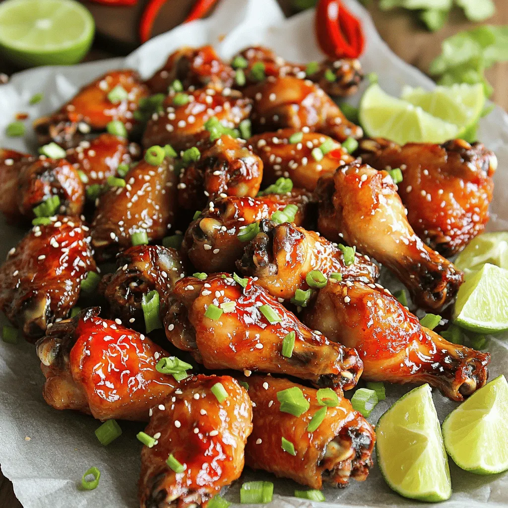 - 2 lbs chicken wings - 1/4 cup honey - 1/4 cup soy sauce - 2 tablespoons sriracha (adjust for spice preference) - 1 tablespoon sesame oil The chicken wings are the star of this dish. I use 2 pounds, which serves four to six people. Honey adds a sweet touch, while soy sauce gives depth. Sriracha brings the heat, so you can adjust it to your taste. I also add sesame oil for a nice finish. - 1 tablespoon garlic powder - 1 tablespoon ginger powder - 1 teaspoon paprika - 1/2 teaspoon black pepper Spices make the wings sing! I use garlic powder and ginger powder for warmth. Paprika adds color and a hint of smokiness. Black pepper gives a little kick, rounding out the flavors nicely. - 1 tablespoon chopped green onions - 1 tablespoon sesame seeds Garnishing is key for presentation. I like to sprinkle chopped green onions on top for freshness. A sprinkle of sesame seeds adds crunch and visual appeal. These touches make your wings look as good as they taste! For the full recipe, check out the detailed instructions and tips in the Sweet and Spicy Chicken Wings article. Rinse the chicken wings under cold water. This removes any residue. Next, pat them dry with paper towels. This step is key for crispiness. If wings are wet, they won't get crunchy when baked. In a large bowl, combine honey, soy sauce, sriracha, garlic powder, ginger powder, paprika, black pepper, and sesame oil. Use a whisk to mix until all ingredients blend well. This creates a thick, flavorful sauce that soaks into the wings. Add the chicken wings to the marinade. Toss them well to coat fully. Cover the bowl with plastic wrap. Refrigerate for at least 1 hour, or overnight if you can. Marinating overnight gives the wings more flavor. Preheat your oven to 425°F (220°C). Line a baking sheet with aluminum foil. Place a wire rack on top. This setup allows even cooking and crispy skin. Arrange the marinated wings on the rack in a single layer. Bake for 25-30 minutes, flipping halfway through. This ensures all sides get crispy. After baking, take the wings out of the oven. Brush them with leftover marinade for extra flavor. This glaze adds sweetness and depth. Put them back in the oven for an extra 5 minutes. This final bake firms up the glaze. Let the wings rest for a few minutes after baking. Garnish with chopped green onions and sesame seeds for a nice touch. Serve the wings on a large platter. Add lime wedges and extra sriracha on the side for those who like it hot. Enjoy the full recipe for a delightful experience! - Using a wire rack: Place your wings on a wire rack while baking. This allows hot air to flow all around. It helps the wings get crispy on all sides. - Baking vs. frying: Baking wings is healthier and easier. Frying gives a different texture but can be messy. I prefer baking for a better flavor and less fuss. - Customizing sriracha levels: You can adjust sriracha to your taste. Add more for extra heat, or use less for a milder flavor. - Alternatives to honey: If you want a different sweet taste, use maple syrup or agave nectar. Both work well in this recipe. - Ensuring even cooking: Flip the wings halfway through baking. This helps them cook evenly and get that nice golden color. - Checking for doneness: Use a meat thermometer to check the wings. They should reach 165°F (75°C) for safe eating. Make sure they look crispy and delicious! {{image_2}} You can switch up the sweetness in your wings. Maple syrup works great as a natural sweetener. It adds a rich flavor that pairs well with the spice. Simply replace honey with maple syrup in the marinade. Brown sugar is another tasty option. It adds a deep, caramel-like taste. Use it in place of honey or combine it with your favorite sweetener. Adjust the amount to fit your taste. Spices can change the flavor of your chicken wings. You can add cumin for an earthy tone. Cayenne pepper can boost the heat level. Even chili powder can add a nice kick. Try mixing different spices to find your perfect blend. You can also adjust the heat level. If you want milder wings, reduce the sriracha. For more spice, add extra sriracha or even hot sauce. Remember, taste as you go to find what works best for you. If you crave BBQ wings, it’s easy to change the recipe. Use your favorite BBQ sauce instead of the honey and soy sauce mix. Brush it on the wings before baking for a smoky flavor. For teriyaki wings, swap the marinade for a teriyaki sauce. You can find ready-made sauces or make your own. Just mix soy sauce, sugar, and a bit of ginger. This gives a sweet and tangy twist to your chicken wings. For the full recipe, check the main section above. To keep your sweet and spicy chicken wings fresh, place them in an airtight container. This helps prevent moisture loss and keeps them tasty. You can store them in the fridge for up to four days. If you want to enjoy them later, freezing is a great option. When it's time to eat your leftovers, you can reheat them in several ways. The oven method is best for keeping wings crispy. Preheat your oven to 350°F (175°C). Place the wings on a baking sheet and heat for about 10-15 minutes. You can also use an air fryer. Set it to 375°F (190°C) and cook for 5-7 minutes. Both methods give you that crunchy texture. To freeze chicken wings, let them cool down first. Then, place them in a freezer-safe bag. Remove as much air as you can to prevent freezer burn. They can last for up to three months in the freezer. When you’re ready to cook, thaw them in the fridge overnight. This keeps them juicy for cooking later. To make the wings spicier, add more sriracha to your marinade. You can also mix in red pepper flakes or cayenne pepper. These ingredients boost heat without changing the flavor too much. For a different kick, try chipotle powder or jalapeño slices. Adjust the spice to match your taste. Yes, you can grill the wings. Preheat your grill to medium-high heat. Cook the wings for about 15-20 minutes, turning often for even cooking. Grilling will give a smoky flavor, which is different from baking. The grill adds a nice char that pairs well with the sweet and spicy sauce. Great sides for sweet and spicy wings include: - Celery sticks - Carrot sticks - Ranch dressing - Blue cheese dip - Corn on the cob These sides balance the rich flavors of the wings. They offer a fresh crunch or creamy dip that complements the taste. You can also serve a light salad to keep things fresh. Making chicken wings at home can be easy and fun. You learned about the main ingredients, spices, and garnishes to use for great flavor. I shared step-by-step instructions for prep, marinating, and baking. You can customize sweetness and spice to your taste and try different variations and storage tips. Remember, the right seasoning and cooking method will make your wings amazing. Enjoy experimenting with flavors and serving them to family and friends. Your next wing night will be a hit!