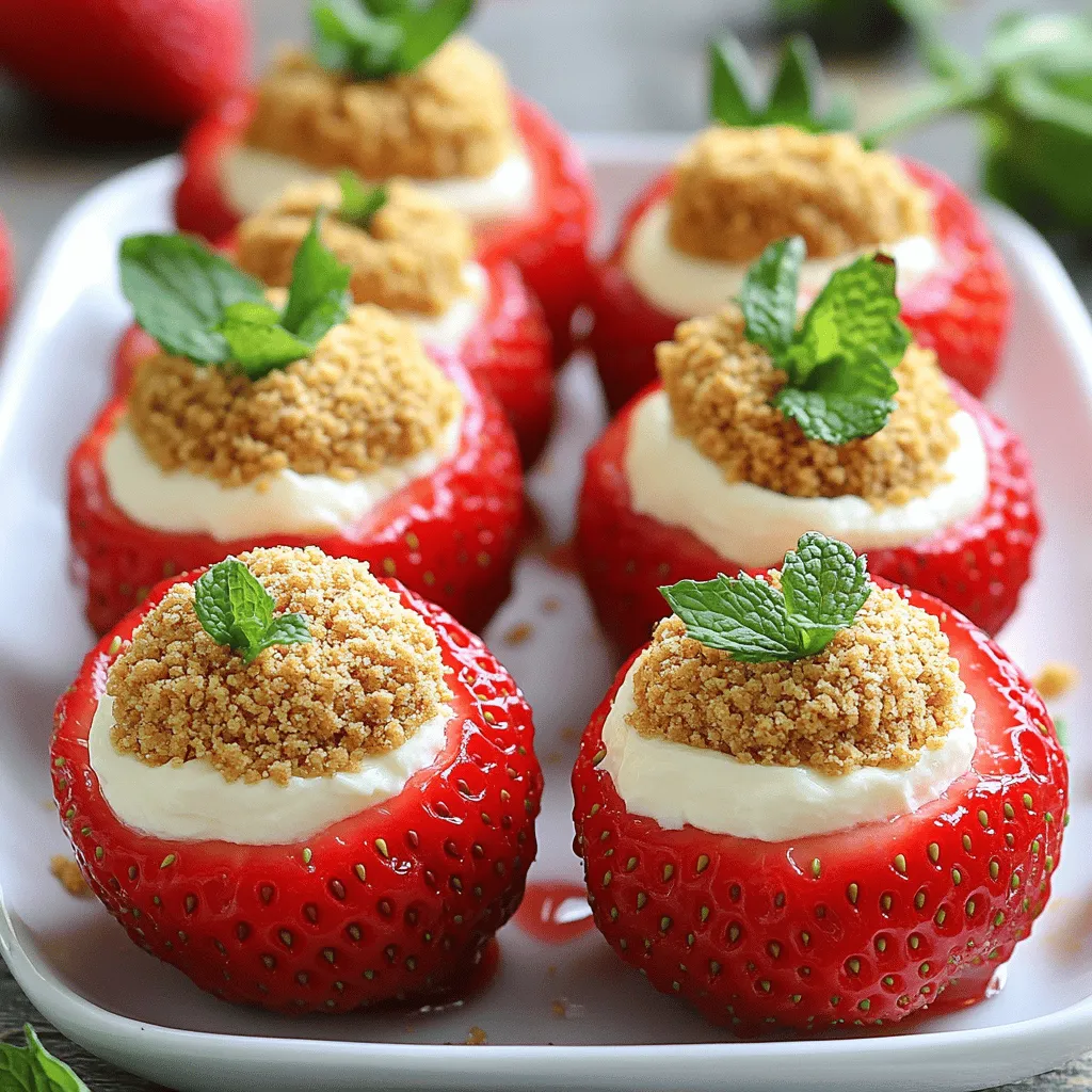 To make delicious cheesecake deviled strawberries, gather these key ingredients: - 12 large strawberries - 4 oz cream cheese, softened - 2 tablespoons powdered sugar - 1 teaspoon vanilla extract - 1/4 cup sour cream - 1/4 cup crushed graham crackers - Fresh mint leaves for garnish These items form the base of your sweet treat. The strawberries serve as tasty cups for the creamy filling. Cream cheese adds richness, while sour cream gives a nice tang. The powdered sugar and vanilla extract sweeten the mix perfectly. You might want to add a few optional ingredients to boost flavors: - Lemon zest for a bright kick - A dash of cinnamon for warmth - Chocolate chips for a sweet surprise These extras can make your strawberries even more special. Lemon zest brightens the taste, and cinnamon adds warmth. If you love chocolate, sprinkle in some chips for a delightful twist. If you need a dairy-free or vegan option, here are some great substitutions: - Use dairy-free cream cheese for the filling. - Substitute sour cream with coconut yogurt. - Ensure the powdered sugar is vegan-friendly. These swaps keep the flavor delicious while catering to different diets. You can enjoy cheesecake deviled strawberries, no matter your dietary needs! For the complete recipe, check out the Full Recipe. Start by rinsing the strawberries under cold water. Dry them gently with a paper towel. Cut the green tops off the strawberries. Use a small spoon or corer to hollow out the insides. Be careful not to pierce the bottom of the strawberries. This step makes room for the creamy filling. In a mixing bowl, combine the softened cream cheese, powdered sugar, vanilla extract, and sour cream. Use an electric mixer to beat the mixture until it is smooth and creamy. This step is key to getting that rich cheesecake flavor. Fill each hollowed strawberry with the cheesecake mixture. You can use a piping bag for neat filling or a small spoon if you prefer. Once filled, dip the tops of the strawberries into the crushed graham crackers. This gives them a crunchy texture, just like a real cheesecake. Arrange the filled strawberries on a platter. Garnish with fresh mint leaves for a pop of color. Chill the strawberries in the refrigerator for about 20 minutes. This helps the flavors meld together and makes them even more delicious. For the full recipe, check out the section above! To hollow out strawberries, start with fresh, firm berries. Cut off the green tops. Use a small spoon or a corer to scoop out the insides. Be gentle to avoid breaking the skin. Aim for a deep scoop, but don't go through the bottom. This step is key for holding the cheesecake filling. These cheesecake deviled strawberries shine at parties or picnics. They pair well with sweet wines or fruity drinks. Serve them on a colorful platter for a fun look. Consider adding a side of chocolate sauce for dipping. Guests love the mix of flavors and textures. Make your strawberries pop with a few simple tricks. Arrange them in a circle or line on a platter. Sprinkle extra crushed graham crackers around them for a neat touch. Add fresh mint leaves to each berry for color and freshness. This adds a nice touch and makes the dish more appealing. For more detailed steps, check the Full Recipe. {{image_2}} You can change the cheesecake filling by adding different flavors. Try mixing in lemon juice for a zesty taste. You can also add chocolate syrup for a rich twist. If you love berries, fresh raspberry puree gives a fruity flavor. Each option makes the filling fun and unique. Besides strawberries, you can use other fruits for this treat. Raspberries, blueberries, or even pineapple chunks work well. Just make sure the fruit can hold the filling. Hollow out the fruit like you do with strawberries. Each fruit adds its own shine and taste. For holidays, you can make themed versions of this dish. In spring, use pastel colors for Easter. In fall, add pumpkin spice to the filling for a cozy vibe. For Christmas, sprinkle crushed peppermint on top for a festive touch. These variations make your treats special for each season. To keep your cheesecake deviled strawberries fresh, store them in the fridge. Use an airtight container to prevent them from drying out. Place a paper towel at the bottom of the container to absorb excess moisture. This helps maintain their texture and flavor. Keep them away from strong-smelling foods, as strawberries easily absorb odors. Cheesecake deviled strawberries stay fresh for up to two days in the fridge. After that, the strawberries may start to lose their firmness. If you notice any sogginess or smell, it's best to toss them. Always check them before serving. Freezing cheesecake deviled strawberries is not recommended. The strawberries will become mushy once thawed. The creamy filling may also lose its texture and flavor. For the best taste and texture, enjoy them fresh. If needed, prepare the filling separately and store it in the fridge for later use. You can fill the strawberries right before serving. For the full recipe, check out the Delicious Cheesecake Deviled Strawberries section. The best way to serve Cheesecake Deviled Strawberries is chilled. Place them on a nice platter. Add fresh mint leaves for color. Make sure they are ready to eat right away. This keeps them looking fresh and tasty. You can serve them at any gathering or snack time! Yes, you can use low-fat cream cheese. It will still taste good! However, the texture might be a bit different. Low-fat cream cheese can be softer. If you want a firmer texture, use regular cream cheese. You can make these strawberries a few hours ahead. Prepare them and then chill them in the fridge. Just keep them covered to stay fresh. I recommend serving them within 24 hours for the best taste. Absolutely! Cheesecake Deviled Strawberries are perfect for parties. They are easy to grab and eat. Plus, they look great on a table. Your guests will love the sweet and creamy flavor. They will be a hit at any event! For the full recipe, check out the details above. You now have a clear guide on making cheesecake deviled strawberries. We discussed the essential and optional ingredients, including dairy-free choices. You learned how to prep, fill, and chill these treats. I shared tips for hollowing strawberries and making them look great on a plate. In conclusion, these delightful strawberries are perfect for any gathering. With simple steps and fun variations, you can impress anyone with this dish. Enjoy creating something sweet and fresh!