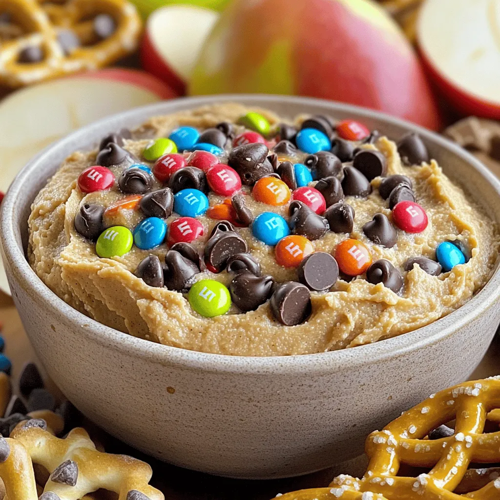 To make Monster Cookie Dough Dip, gather these ingredients: - 1 cup creamy peanut butter - 1 cup brown sugar, packed - 1/2 cup granulated sugar - 1/2 cup unsalted butter, softened - 2 teaspoons vanilla extract - 1 cup all-purpose flour, heat-treated (bake it at 350°F for 5-7 minutes) - 1 cup mini chocolate chips - 1/2 cup M&M's, any color - 1/4 cup chopped walnuts (optional) - 1 cup whipped cream or Cool Whip (optional, for a lighter dip) If you have special dietary needs, consider these swaps: - Use almond or sunbutter instead of peanut butter for nut allergies. - Replace granulated sugar with coconut sugar for a lower glycemic index. - For gluten-free options, substitute all-purpose flour with almond flour or gluten-free flour blend. - Use dairy-free butter to make it lactose-free. - To avoid eggs, stick to the recipe as it is egg-free. Always choose high-quality ingredients for the best taste: - Use natural peanut butter with no added sugar or oils. - Opt for fresh, soft unsalted butter for a creamy texture. - Select high-quality vanilla extract to enhance flavor. - Choose real chocolate chips over cheaper alternatives for rich taste. - For M&M's, look for those made with natural colors if possible. These tips will elevate your dip and make it truly irresistible! If you want to dive deeper into the making of this delicious treat, check out the Full Recipe. 1. Start with a large bowl. Beat the softened butter, peanut butter, brown sugar, and granulated sugar. Do this until the mix is smooth and creamy. 2. Next, add the vanilla extract. Mix it in well. 3. Gradually add the heat-treated flour. Stir until it blends in. Remember to scrape the bowl sides to get every bit. 4. Now, gently fold in the mini chocolate chips, M&M's, and walnuts if you choose to use them. 5. For a lighter dip, fold in whipped cream or Cool Whip. Mix it just enough to combine. 6. Finally, transfer your dip to a serving bowl. Use a spatula to smooth the top. - Make sure your butter is softened but not melted. This helps with mixing. - Be gentle when folding in the whipped cream. Over-mixing can make the dip too runny. - If the dip feels too thick, add a touch more whipped cream for a fluffier texture. - Avoid using unheated flour, as raw flour can be unsafe to eat. Always heat it first. - Don't skip scraping the bowl. It ensures every flavor is blended well. - Be cautious with mixing time. Over-mixing can lead to a dip that isn't creamy and smooth, which is key to this dish. Enjoy crafting your Monster Cookie Dough Dip! For more details, check the Full Recipe. To make your Monster Cookie Dough Dip shine, use a fun serving bowl. A bright bowl adds color and joy to your table. Top the dip with extra mini chocolate chips and M&M's for a festive look. You can also drizzle some melted chocolate on top for a touch of elegance. Arrange your dippers around the bowl for easy access. This makes your dip inviting and fun to eat. Now let's talk about dippers! Some great options include: - Pretzels for a salty crunch - Graham crackers for a sweet base - Fresh fruit like apple slices or strawberries for a refreshing bite - Mini cookies for extra sweetness Mix and match these dippers to suit your taste. Each one adds a unique flavor, making every bite special. If you want to prepare your dip in advance, you can! Make the Monster Cookie Dough Dip up to two days before your event. Store it in an airtight container in the fridge. When you're ready to serve, stir it gently to bring back the creamy texture. This makes it easy to enjoy a delicious treat without stress on the day of your party. Just remember to add those fun toppings right before serving for that extra flair! {{image_2}} You can mix it up with flavors in your Monster Cookie Dough Dip. Here are some tasty ideas: - Chocolate Peanut Butter: Add cocoa powder for a rich chocolate taste. - Maple Pecan: Swap peanut butter for maple syrup and add chopped pecans. - S'mores: Mix in crushed graham crackers and mini marshmallows for a campfire vibe. - Mint Chocolate: Toss in mint extract and use chocolate chips for a fresh twist. Each flavor brings something unique to the table. Don't hesitate to experiment! You can easily adapt this dip for various allergies. Here are some tips: - Gluten-free: Use gluten-free flour instead of all-purpose flour. - Nut-free: Substitute peanut butter with sun butter or soy nut butter. - Dairy-free: Choose vegan butter and a dairy-free whipped topping. These swaps keep everyone safe and happy while enjoying this treat. Adjust the dip to match the season or holiday. For fall, add pumpkin spice for a cozy flavor. During the holidays, mix in festive colors with red and green M&M's. For summer, try fruity add-ins like diced strawberries or raspberries. This dip can fit any mood or gathering, making it a fun and flexible treat. For the full recipe, check out the detailed instructions to create this delicious Monster Cookie Dough Dip! After you enjoy your Monster Cookie Dough Dip, store any leftovers in an airtight container. Make sure to cover it well to keep it fresh. Place the container in the fridge. The dip stays good for about a week when stored this way. If you want to keep it for longer, consider freezing it. To freeze your dip, first, let it cool to room temperature. Then, scoop the dip into a freezer-safe container. Leave some space at the top to allow for expansion. Seal it tightly and label it with the date. You can freeze it for up to three months. When you're ready to eat, move it to the fridge overnight to thaw. Monster Cookie Dough Dip lasts about a week in the fridge. After that, check for signs of spoilage. If it looks dry or has an off smell, it's best to throw it out. Trust your senses! If you see any mold, do not eat it. Always remember to enjoy your dip while it's fresh for the best taste! Monster Cookie Dough Dip is a fun and sweet treat. It tastes just like cookie dough! You mix peanut butter, sugars, and heat-treated flour to create a creamy dip. Then, you add mini chocolate chips, M&M's, and walnuts for extra crunch. Serve it with pretzels, graham crackers, or fruit for a delightful snack. This dip is perfect for parties or movie nights. You can find the Full Recipe in the article. No, you should not eat raw flour. Raw flour may contain harmful bacteria. To make it safe, heat-treat the flour. Bake it at 350°F for 5-7 minutes. This kills any bacteria and makes it safe to eat. Always heat-treat flour before using it in uncooked recipes like this dip. You can make this dip healthier with easy swaps. Use natural peanut butter with no added sugar. Swap some of the sugars for honey or maple syrup. You can also add oats for extra fiber. Instead of regular chocolate chips, try dark chocolate chips. Lastly, skip the whipped cream for a lighter version. These changes keep the flavor but cut some sugar and fat. In this post, we explored the ingredients, preparation steps, and tips for Monster Cookie Dough Dip. You learned about ingredient choices, substitutions, and quality. We covered preparation methods and how to avoid common mistakes. I shared ideas for presentation, pairings, and how to save time for parties. We also discussed flavor variations and storage tips for leftovers. By following these guidelines, you can enjoy a tasty dip that suits your needs. Enjoy your cooking!
