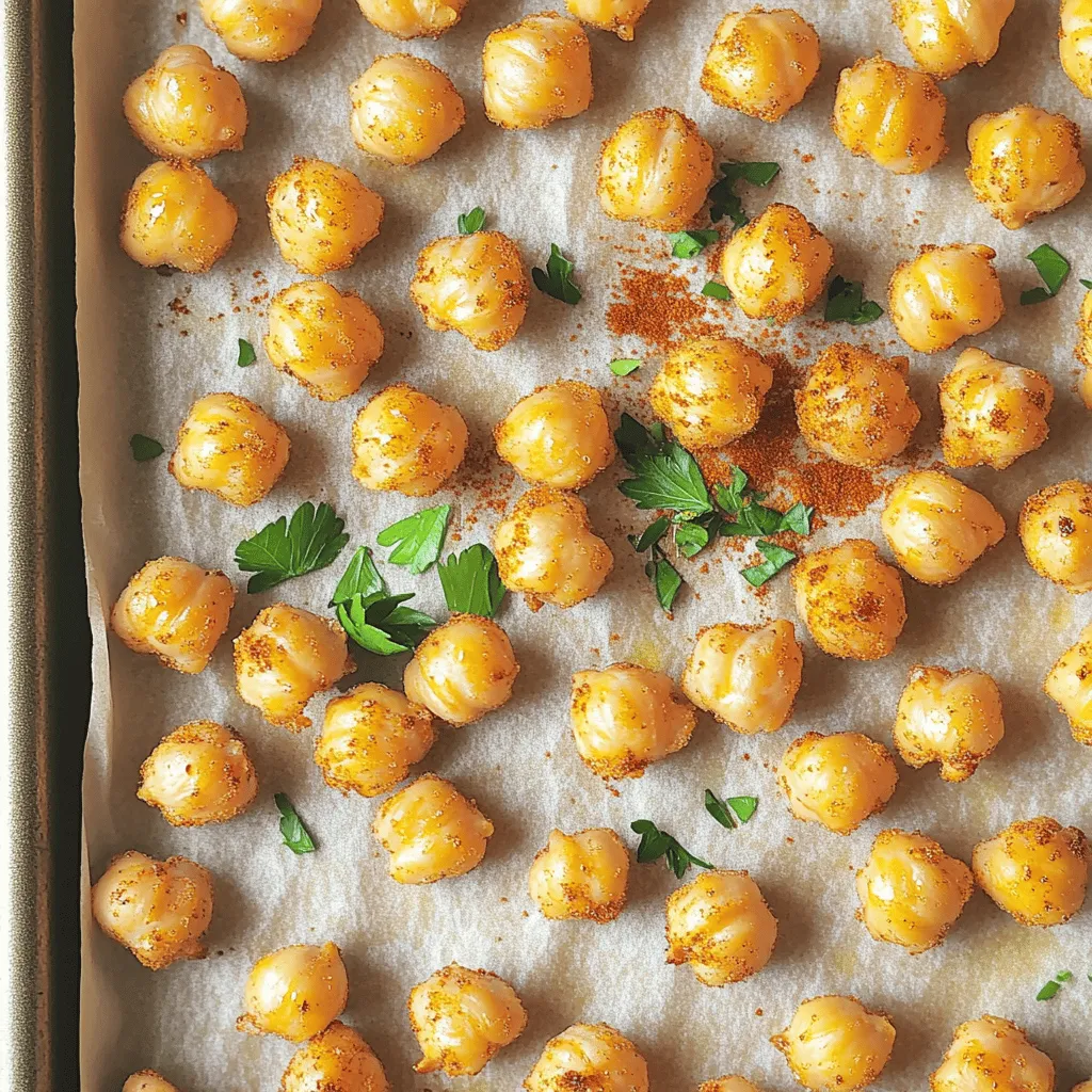 To make crispy baked chickpeas, you will need: - 1 can (15 oz) chickpeas, drained and rinsed - 2 tablespoons olive oil - 1 teaspoon smoked paprika - 1 teaspoon garlic powder - 1/2 teaspoon cumin - 1/2 teaspoon cayenne pepper (adjust to preference) - Salt to taste - Fresh parsley, chopped (for garnish) These simple ingredients create a tasty snack that everyone can enjoy. The flavors blend perfectly, and you will love the crunch! If you don’t have some ingredients, here are easy swaps: - Chickpeas: Use dried chickpeas. Just soak and cook them first. - Olive oil: Substitute with avocado oil or coconut oil. - Smoked paprika: Use regular paprika for less smoke flavor. - Cayenne pepper: Omit it if you prefer no heat. These swaps can help you create a snack that suits your taste. Chickpeas are packed with nutrients. They provide protein, fiber, and healthy fats. Here’s a quick look at their benefits: - Protein: Great for muscle health and energy. - Fiber: Supports digestion and keeps you full. - Vitamins: Rich in B vitamins for energy and health. A serving of chickpeas can support a healthy diet. Enjoying them in this recipe makes snacking both fun and nutritious! For the full recipe, check out the previous section. To make crispy baked chickpeas, start by gathering your ingredients. You will need one can of chickpeas, olive oil, and your spices. Rinse the chickpeas in water. This step removes excess salt and helps with flavor. After rinsing, lay them on a paper towel. Pat them dry well. This is key to getting them crispy. If they are wet, they will not crisp up. Now, preheat your oven to 400°F (200°C). In a large bowl, mix the dried chickpeas with olive oil. Add smoked paprika, garlic powder, cumin, cayenne pepper, and salt. Toss the chickpeas until they are well coated. It’s important they are all covered evenly. Spread them out on a baking sheet lined with parchment paper. Make sure they are in a single layer. Bake for 25-30 minutes. Shake the pan halfway through to help them cook evenly. Watch closely towards the end. You want them to be golden and crispy. Once done, take them out and let them cool for a few minutes. They will get crunchier as they cool down. For perfect crispy baked chickpeas, drying is key. You must dry them well before seasoning. Also, do not overcrowd the baking sheet. If they touch, they will steam instead of crisp. You can try different spices for new flavors. Keep an eye on them while baking. They can go from golden to burnt quickly. Fresh herbs like parsley not only add color but also a nice taste. Enjoy these tasty snacks! You can find the full recipe [here](#). One big mistake is not drying the chickpeas well. Wet chickpeas will not get crispy. Make sure to pat them dry with a paper towel. Avoid overcrowding the baking sheet. If they are too close, they will steam instead of bake. This prevents that nice crunch. Feel free to change the spices to suit your taste. If you want more heat, add extra cayenne. For a smoky flavor, try adding more smoked paprika. You can even mix in herbs like rosemary or thyme. Always taste before baking to find your favorite mix. Drying the chickpeas is key for crispiness. After rinsing, lay them on a towel and press down. This step removes excess moisture, which helps them turn crunchy in the oven. If you skip this step, your chickpeas might come out chewy and soft. Trust me, drying makes all the difference! Check the full recipe for more tips on making these crispy baked chickpeas. {{image_2}} To add some heat, try spicy baked chickpeas. Simply increase the cayenne pepper to one teaspoon. You can also add chili powder or crushed red pepper. These spices give your chickpeas a fiery kick. Perfect for those who love bold flavors! For a sweet twist, you can make sweet cinnamon chickpeas. Replace the savory spices with one tablespoon of cinnamon and two tablespoons of brown sugar. Toss the chickpeas in this mix after coating with olive oil. Bake them as usual. This creates a snack that's both crunchy and sweet. You can mix and match spices for different flavors. Try Italian herbs like oregano and basil for an herbaceous touch. Or use taco seasoning for a fun snack. Experiment with your favorite spices to find your perfect combo. The options are endless! These variations make crispy baked chickpeas a fun snack for everyone. You can enjoy them in many ways! For full details, refer to the Full Recipe. After you enjoy your crispy baked chickpeas, store any leftovers in an airtight container. This keeps them fresh and tasty. Let them cool completely before sealing. If you don't cool them first, they can get soggy. I recommend using glass containers with tight lids. These keep moisture out better than plastic. If you use plastic, choose ones marked for food storage. They should seal tightly to keep crispiness. If stored properly, crispy baked chickpeas last for about 3 to 5 days. You can reheat them in the oven or air fryer. This helps restore their crunch. Set the oven to 350°F (175°C) and bake for about 10 minutes. Watch closely to avoid burning. For a quick fix, use the microwave, but they may lose some crispiness. For the best taste, eat them fresh from the oven. Follow the Full Recipe for the best results! Crispy baked chickpeas can stay fresh for about 3 to 5 days. Store them in an airtight container at room temperature. Avoid moisture, which can make them soggy. If you notice they lose their crunch, you can re-bake them for a few minutes. This will help bring back their crispy texture. Yes, you can use dried chickpeas. However, you need to cook them first. Start by soaking the dried chickpeas overnight. Then, boil them until tender. Once cooked, you can follow the same steps as the canned chickpeas in the Full Recipe. This gives you more control over the texture and flavor. Chickpeas are packed with nutrients. They are a great source of protein, fiber, and vitamins. Here are some health benefits: - High in Protein: Great for plant-based diets. - Rich in Fiber: Helps with digestion and keeps you full. - Low in Fat: A healthy snack option. - Full of Vitamins: Contains B vitamins and minerals like iron and magnesium. These benefits make chickpeas a smart choice for snacks and meals. In this post, I covered everything about making crispy baked chickpeas. We explored key ingredients, substitutions, and their nutritional value. I shared step-by-step instructions for preparation and cooking, along with tips for the perfect crunch. We also discussed common mistakes and how to adjust flavors. Finally, I provided storage tips and answered frequently asked questions. Crispy chickpeas are easy to make and offer health benefits. Enjoy experimenting with flavors and variations to find your favorite!