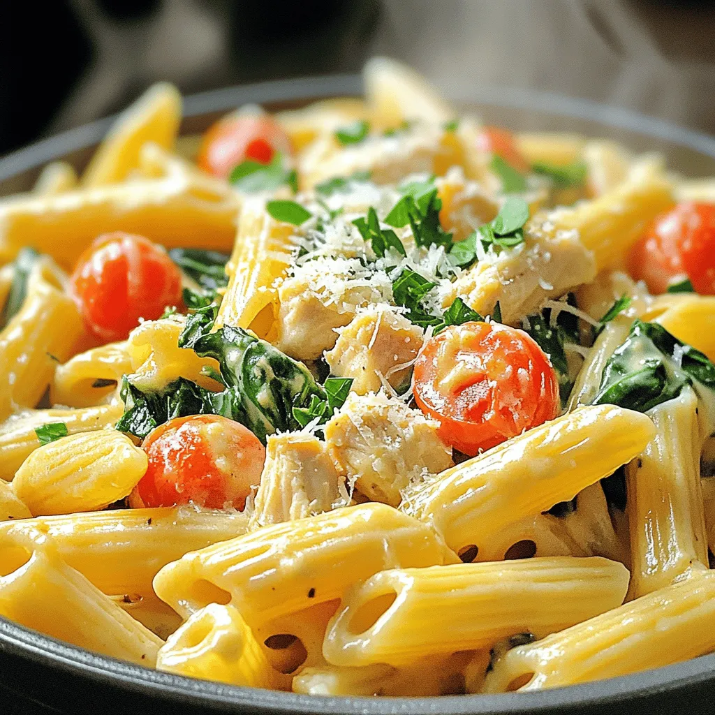 - 2 cups penne pasta - 1 lb chicken breast, diced - 1 tablespoon olive oil - 1 packet ranch seasoning mix - 1 cup heavy cream - 1 cup chicken broth - 1 cup cherry tomatoes, halved - 1 cup spinach, chopped - ½ cup grated Parmesan cheese - Salt and pepper to taste - Fresh parsley for garnish - Alternatives for chicken: You can use turkey or even tofu for a tasty swap. - Dairy-free options: Use coconut cream or almond milk for a lighter sauce. - Gluten-free pasta choices: Swap penne with rice pasta or gluten-free penne. - Choosing fresh produce: Look for vibrant colors and firm textures in tomatoes and spinach. - Best type of pasta for this recipe: Penne holds sauce well with its ridges. - Quality of chicken and its impact on flavor: Fresh, free-range chicken adds depth to your dish. I hope this guide helps you select the best ingredients for making your Creamy Chicken Ranch Pasta from the [Full Recipe]. Cooking the pasta Start by boiling a large pot of salted water. Add 2 cups of penne pasta. Cook it for about 9-11 minutes, or until it's al dente. Drain the pasta and set it aside. Preparing the chicken While the pasta cooks, take 1 pound of diced chicken breast. Heat 1 tablespoon of olive oil in a large skillet over medium heat. Add the chicken, season with salt and pepper, and cook it for 5-7 minutes. The chicken should be browned and cooked through. Combining flavors in the skillet Once your chicken is cooked, sprinkle the ranch seasoning mix over it. Stir well and cook for an extra 1-2 minutes. This step brings out the rich ranch flavor. Then, pour in 1 cup of chicken broth and 1 cup of heavy cream. Stir until everything mixes nicely. Let it simmer for about 5 minutes to thicken. Adjusting cooking times for doneness After the sauce thickens, toss in 1 cup of halved cherry tomatoes and 1 cup of chopped spinach. Stir until the spinach wilts and the tomatoes soften, which takes 2-3 minutes. This adds color and nutrition. Incorporating cheese Next, add the cooked pasta to the skillet. Toss all the ingredients together until the pasta is coated in the creamy sauce. Now, mix in ½ cup of grated Parmesan cheese. Stir until the cheese melts and blends well. Taste and adjust with more salt and pepper if needed. Serving recommendations Serve the creamy chicken ranch pasta warm. Garnish with fresh parsley for a nice touch. You can also pair it with a fresh salad or some crusty bread. For the full recipe, check the details above. To get the best creamy texture, use heavy cream. It makes the sauce rich and smooth. If you want it even creamier, add more cream. You can also blend in some cream cheese for extra thickness. For seasoning, taste as you go. You might want to add more ranch mix, salt, or pepper. Adjust it to suit your taste. Searing the chicken is key for flavor. Make sure your skillet is hot before adding the chicken. This helps brown the meat and lock in juices. Cook until golden brown on all sides. For wilting spinach, add it at the end of cooking. Just toss it in the skillet until it shrinks and brightens. This keeps it fresh and vibrant. Prepare your ingredients ahead of time. Dice the chicken and chop the spinach before you start cooking. This saves time and makes cooking smoother. While the pasta cooks, you can start on the sauce. Keep an eye on both pots, and stir the sauce often. Multitasking helps you finish the dish quickly and enjoy a hot meal. {{image_2}} You can easily customize this dish with fun add-ins. Here are some great ideas: - Optional vegetables: Try adding bell peppers, zucchini, or mushrooms for extra flavor and color. - Protein substitutions: Swap the chicken for shrimp, turkey, or even tofu for a different taste. Want to kick it up a notch? Here are some flavor enhancers to consider: - Additional seasonings to try: Mix in garlic powder, onion powder, or Italian seasoning for a flavor boost. - Sauce variations for different tastes: Use Alfredo sauce or a marinara sauce base instead of ranch for a new twist. You can easily adapt this recipe to fit different diets: - Low-carb options: Replace the penne pasta with zucchini noodles or spaghetti squash. - Vegan adaptations: Use plant-based chicken, coconut cream, and nutritional yeast for a creamy, dairy-free dish. For the full recipe, check out the complete guide to Creamy Chicken Ranch Pasta. Feel free to get creative! To keep your Creamy Chicken Ranch Pasta fresh, follow these tips: - Place leftovers in an airtight container. - Allow the pasta to cool before sealing. - Store in the fridge right away. This dish stays good in the fridge for about 3 to 4 days. After that, it may lose flavor and texture. When you want to enjoy your leftovers, you can choose between microwaving or stovetop reheating. - Microwaving: Place the pasta in a microwave-safe bowl. Add a splash of milk or cream to keep it moist. Heat for 1-2 minutes, stirring halfway. - Stovetop reheating: Warm the pasta in a skillet over low heat. Stir often and add a little cream if it gets too thick. These methods help keep the creamy texture you love. If you want to save some for later, freezing is a great option. - Let the pasta cool completely. - Transfer it to a freezer-safe container or bag. Squeeze out air to prevent freezer burn. To enjoy it later, thaw overnight in the fridge. When ready, reheat it using the stovetop method for best results. This way, you’ll have a tasty meal ready to go! For the full recipe, check out the details above! How can I make Creamy Chicken Ranch Pasta ahead of time? You can cook the pasta and chicken in advance. Store them in separate containers. When ready to serve, combine them in a skillet with the sauce. This keeps your dish fresh and tasty. Can I make this recipe in a slow cooker? Yes, you can! Cook the chicken and broth in the slow cooker for about 4 hours on low. Then, stir in the cream and other ingredients. Let it cook for another 30 minutes. This method gives great flavor! What are the variations of ranch seasoning? Ranch seasoning comes in many forms. You can find packets, jars, or homemade blends. Some may include garlic powder or herbs. These variations can add unique flavors to your dish. How can I reduce cooking time? To save time, use pre-cooked chicken or rotisserie chicken. This allows you to skip the cooking step. You can also use quick-cook pasta. It cooks in just a few minutes! What if my pasta isn't cooked al dente? If your pasta is too soft, don't worry! It will still taste good in the dish. Just remember for next time to watch the cooking time closely. Can I use a different type of cheese? Absolutely! You can use mozzarella, cheddar, or even cream cheese. Each cheese gives a different taste. Choose what you like best! What can I substitute for heavy cream? You can use milk mixed with cornstarch as a thickener. Coconut cream is another great choice. It adds a nice flavor and keeps it creamy! This blog post guides you through making Creamy Chicken Ranch Pasta, covering essential ingredients, cooking techniques, and expert tips. You can choose substitutes to fit dietary needs and learn storage methods to maximize freshness. In this simple dish, flavor and texture shine. You can customize it to your taste while enjoying a mix of creamy goodness and vibrant veggies. With this knowledge, you can create a meal that delights everyone at the table. Happy cooking!