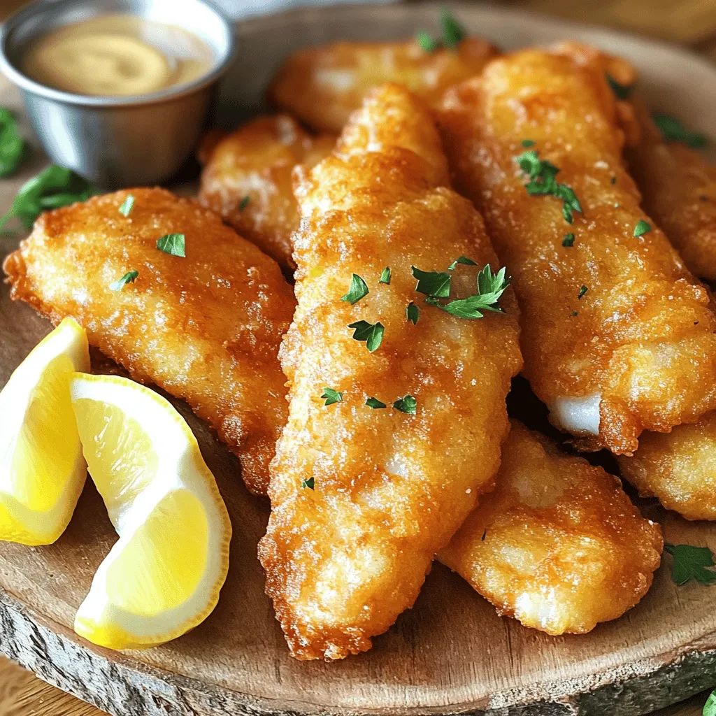 Here’s what you need to make beer battered fish. Gather these simple items: - 1 pound firm white fish fillets (cod or haddock) - 1 cup all-purpose flour (plus extra for dusting) - 1 teaspoon baking powder - 1 teaspoon garlic powder - 1 teaspoon paprika - 1/2 teaspoon cayenne pepper - 1 cup sparkling water (chilled) - Salt and pepper to taste - Vegetable oil for frying - Lemon wedges and fresh parsley for garnish These ingredients work together to create a crispy and flavorful delight. The firm fish holds up well in the batter, while the spices add zest. You can easily find these items at your local store or market. For the full recipe, see the details on how to turn these ingredients into a delicious meal. First, rinse the fish fillets under cold water. Use paper towels to pat them dry. This step is key. Moist fish will not get crispy. Next, sprinkle both sides with salt and pepper. This simple seasoning enhances the fish's flavor without overpowering it. In a large mixing bowl, combine 1 cup of flour, baking powder, garlic powder, paprika, cayenne pepper, and a pinch of salt. Whisk these dry ingredients together. Gradually add the chilled sparkling water while whisking. The goal is a smooth and slightly thick batter, much like pancake mix. This texture helps create that perfect crispy coating. Now, let’s heat the oil. In a deep skillet or heavy pot, get about 2 inches of vegetable oil hot to 350°F (175°C). A thermometer helps here. While the oil heats, lightly dust each fish fillet with a bit of extra flour. This helps the batter stick better. Dip the fillets into the prepared batter, making sure they are fully coated. Carefully place the battered fish into the hot oil. Fry in batches to avoid overcrowding. This ensures even cooking. Fry for about 4 to 6 minutes, turning occasionally. You want the batter to turn golden brown and crispy. Once done, use a slotted spoon to remove the fish from the oil and let it drain on paper towels. Enjoy your crispy delight! For a complete guide including tips and garnishing, check the Full Recipe. To get the best batter, use chilled sparkling water. This keeps the batter light and bubbly. The bubbles help create a crispy texture when frying. The colder the water, the better the result. Be careful not to overmix the batter. Mix just until combined. A few lumps are okay. Overmixing can make the batter tough. You want it fluffy, not dense. The oil temperature is key to great frying. Heat your oil to 350°F (175°C). Use a thermometer to check. If the oil is too cool, the fish will soak up too much oil. If it’s too hot, the batter will burn. To avoid sticking or sogginess, fry in small batches. Place only 2-3 fillets at a time in the hot oil. This allows for even cooking. Do not crowd the pan; it can lower the oil temperature. For more cooking tips, check out the Full Recipe to master beer battered fish! {{image_2}} You can switch up the fish for your beer battered recipe. Try firm white fish like tilapia or catfish. These options are great, too, and hold up well. Each fish brings its own flavor to the dish. Cod and haddock remain the top choices, but don't shy away from experimenting. Each fish will give you a unique taste experience. To make your batter special, add herbs or spices. Try adding dried dill or thyme for a fresh twist. You can also use beer instead of sparkling water. Beer adds a deep flavor and makes the batter even crispier. Choose a light lager for a mild taste or a stout for a bolder flavor. This small change can make a big difference in your dish. The way you serve beer battered fish can change the whole meal. Pair it with tasty dipping sauces like tartar sauce or spicy mayo. You can also try a sweet chili sauce for a fun kick. As for sides, crispy fries are a classic choice. Coleslaw is a great option, too, bringing crunch and freshness. Mixing and matching can create a meal that feels new every time. For the full recipe, check out the details above. To keep your leftover beer battered fish fresh, follow these steps: - Cool Down: Let the fish cool to room temperature. - Wrap Well: Use plastic wrap or aluminum foil to wrap the fish tightly. - Use Airtight Containers: Place the wrapped fish in an airtight container. - Refrigerate: Store it in the fridge for up to 2 days. This helps maintain the fish's flavor and prevents it from drying out. Reheating your crispy fish can be tricky. Here’s how to do it right: - Use the Oven: Preheat your oven to 375°F (190°C). - Place on a Baking Sheet: Lay the fish on a baking sheet lined with parchment paper. - Reheat Gently: Heat for about 10 to 15 minutes until hot and crispy. Avoid using the microwave, as it can make the batter soggy. For more tips on beer battered fish, check out the Full Recipe. The best fish for beer batter is firm white fish. I recommend cod or haddock. Both have a mild taste that pairs well with the crispy batter. Cod has a sweet flavor and flaky texture. Haddock offers a slightly more robust taste and holds up nicely when fried. Both options create a delicious bite. You can prepare a few parts ahead of time. First, you can season the fish fillets with salt and pepper and keep them in the fridge. For the batter, mix the dry ingredients and store them in an airtight container. Just add the chilled sparkling water right before frying. This keeps the batter light and airy. Several sauces work well with beer battered fish. Here are some tasty options: - Tartar Sauce: A classic choice with a creamy, tangy flavor. - Malt Vinegar: Adds a sharp taste that cuts through the richness. - Aioli: A garlic mayo dip that brings a rich flavor. - Sweet Chili Sauce: Great for a sweet and spicy kick. Each sauce offers a unique taste that complements the crispy fish perfectly. This post shared a simple way to make beer-battered fish. You learned the best ingredients, easy steps, and helpful tips for a great dish. Remember, using chilled sparkling water helps the batter. Try different fish and serve with tasty sauces. Don’t forget to store leftovers properly for later. Enjoy your delicious creation and the fun of cooking! With these details in mind, you’ll impress everyone with your fish dish.