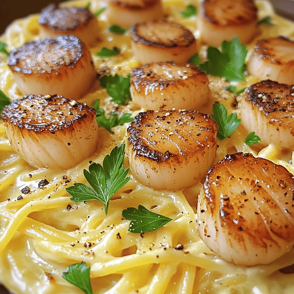 - 200g spaghetti or fettuccine - 4 large scallops, cleaned and patted dry - 2 tablespoons olive oil To make the best Carbonara with pan-seared scallops, you need quality ingredients. Start with spaghetti or fettuccine as your base. Both types hold the sauce well. Scallops add a sweet, briny flavor that pairs perfectly with the creamy sauce. Choosing large scallops ensures they sear nicely and provide a great texture. Finally, use extra virgin olive oil for rich flavor. - 2 large eggs - 50g grated Pecorino Romano cheese - 50g grated Parmesan cheese Eggs are the heart of the Carbonara sauce. They create a creamy texture without using cream. Pecorino Romano cheese adds a salty bite, while Parmesan cheese brings depth. Together, they form a perfect blend. Make sure to use freshly grated cheese for the best taste. - 2 cloves garlic, minced - Freshly cracked black pepper, to taste - Salt, to taste - Fresh parsley, chopped, for garnish Garlic gives your dish a wonderful aroma. It adds depth to the flavor of the sauce. Fresh parsley adds a bright touch and a bit of color. Season with salt and freshly cracked black pepper to enhance each bite. These simple ingredients elevate your Carbonara. For the full recipe, check the link. - Bring a large pot of salted water to a boil. - Add the spaghetti or fettuccine to the boiling water. - Cook the pasta until al dente, which takes about 8-10 minutes. - Reserve 1 cup of the pasta water before draining. - Drain the pasta and set it aside while you prepare the scallops and sauce. - Pat the scallops dry with a paper towel. This helps them sear well. - Season both sides of the scallops with salt. - Heat 2 tablespoons of olive oil in a large skillet over medium-high heat. - Add the scallops to the skillet, making sure not to overcrowd them. - Sear the scallops for 2-3 minutes on each side until a golden crust forms. - Remove the scallops from the skillet and keep them warm. - In a mixing bowl, whisk together 2 large eggs, 50g of grated Pecorino Romano, and 50g of grated Parmesan cheese. - Add a generous amount of freshly cracked black pepper to the egg mixture. - In the same skillet used for the scallops, add 2 cloves of minced garlic. Sauté for about 30 seconds until fragrant. - Reduce the heat to low and add the drained pasta to the skillet. Toss it with the garlic and oil. - Quickly pour the egg and cheese mixture over the pasta. Toss to combine. - If the sauce is thick, add reserved pasta water a little at a time until creamy. - Once the pasta is coated and creamy, season with more salt and pepper if needed. - Plate the carbonara, placing the pan-seared scallops on top. - Garnish with fresh parsley for a touch of color. You can find the full recipe for this dish to guide you through each step. To make a rich carbonara sauce, you need to control the texture. The key is using pasta water. This starchy water helps to adjust the thickness of your sauce. If your sauce feels too thick, add a little pasta water. Stir well and watch it transform into a creamy delight. Timing is also vital when adding the egg mixture. You want to add it right after tossing the pasta with garlic. This way, the heat from the pasta warms the eggs but doesn’t cook them too quickly. It creates a smooth, velvety sauce. When cooking scallops, look for a golden crust. This tells you they are ready to flip. Cook them for about 2-3 minutes on each side. If they feel firm to the touch, they are done. To prevent overcooking, remove them from the heat as soon as they are golden. Scallops can go from tender to tough fast. So, watch them closely! For a perfect pairing, serve your carbonara with a crisp white wine. A nice Sauvignon Blanc complements the dish well. It balances the rich flavors of the sauce. As for side dishes, a light salad works wonders. Try arugula with a lemon vinaigrette. It brightens the meal and adds freshness. For a full guide on preparing this dish, check out the Full Recipe. {{image_2}} You can switch up the pasta for a new twist. Try using penne or rigatoni instead of spaghetti or fettuccine. These shapes hold sauce well and add fun texture. For seafood lovers, consider different options. Shrimp or lobster can work great in this dish. They bring unique flavors and pair well with the creamy sauce. Adding vegetables can elevate your carbonara. Peas are a classic choice. They add sweetness and a pop of color. Spinach is another great option. It adds nutrients and a lovely green hue. Spices and herbs can also boost the flavor. A pinch of red pepper flakes adds heat. Fresh basil or thyme can bring an earthy note. Experiment with your favorites to find what you enjoy most. If you need a gluten-free meal, swap regular pasta for gluten-free options. Many brands now offer great alternatives that taste just as good. For a vegetarian version, skip the scallops. Use mushrooms or zucchini instead. They add depth and absorb the sauce well. This way, you still enjoy a hearty dish without meat. You can find the full recipe in the main article to explore these variations! To store your leftover carbonara with pan-seared scallops, let it cool first. This helps prevent moisture build-up. Once cool, place the pasta in an airtight container. Use a container that seals well to keep it fresh. I recommend using glass or plastic containers with tight lids. When reheating, you want to keep the dish creamy. Avoid using the microwave if you can. Instead, heat it gently in a pan over low heat. Add a splash of water or olive oil to keep it moist. Stir often to ensure even heating and prevent sticking. If you freeze the carbonara, it can last up to three months. Make sure to use a freezer-safe container. After refrigeration, the dish stays good for about three days. Watch for signs of spoilage, like a sour smell or odd texture. If you see these signs, it's best to toss it. The best pasta for Carbonara is spaghetti or fettuccine. Both types hold the sauce well. Spaghetti offers a classic feel, while fettuccine gives a nice bite. You can choose based on your personal taste. You can prepare some parts ahead of time. Cook the pasta and make the sauce in advance. Store them separately in the fridge. Just reheat gently before serving. Add the scallops just before serving for the best flavor. To prevent scrambling, control your heat. After cooking the pasta, lower the heat before adding the egg mix. Toss quickly to combine. The hot pasta will cook the eggs gently, creating a creamy sauce. Yes, Carbonara with scallops is easy to make. It requires simple ingredients and a few steps. If you follow the recipe closely, you will impress your guests. It’s a great dish for beginners and experienced cooks alike. Carbonara pairs well with many dishes. A fresh salad or garlic bread works nicely. You can also serve it with a light white wine. Try a crisp Pinot Grigio or a chilled Sauvignon Blanc. For more ideas, check the Full Recipe. This article covered how to make delicious Carbonara with scallops. You learned about the key ingredients like pasta, scallops, cheeses, and seasonings. I also shared step-by-step instructions for cooking, tips for perfecting the sauce, and variations to explore. Remember, you can adjust this dish to your tastes and dietary needs. Enjoy your cooking journey! With practice, you'll master this tasty meal and impress everyone.