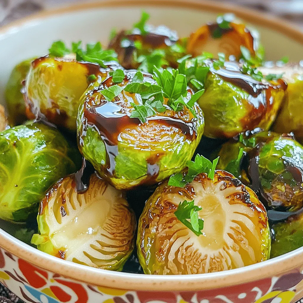 When making balsamic glazed Brussels sprouts, you need fresh ingredients. Here's what you'll need: - 1 pound Brussels sprouts, trimmed and halved - 3 tablespoons balsamic vinegar - 2 tablespoons honey or maple syrup - 1 tablespoon olive oil - 2 cloves garlic, minced - ½ teaspoon salt - ¼ teaspoon black pepper - ¼ teaspoon red pepper flakes (optional) - ¼ cup grated Parmesan cheese (optional) - Fresh parsley, chopped (for garnish) These ingredients create a balance of sweet and tangy flavors. I love the way the balsamic vinegar pairs with the natural taste of the sprouts. The honey or maple syrup adds just the right sweetness. Together, they make every bite delightful. Using fresh Brussels sprouts is key. Look for small, firm ones for the best texture. The garlic adds a nice kick, and the optional red pepper flakes give it a touch of heat. If you choose to add Parmesan cheese, it melts beautifully over the hot sprouts, enhancing their flavor. This recipe is easy and quick to make. You can find the full recipe detailed in our cooking section. Enjoy your tasty side dish! - Preheat the oven to 400°F (200°C). - Line a baking sheet with parchment paper. Start by rinsing the Brussels sprouts under cold water. Then, trim the ends and cut each sprout in half. This helps them cook evenly. In a large bowl, add the halved sprouts. Pour in 1 tablespoon of olive oil, and sprinkle in ½ teaspoon of salt, ¼ teaspoon of black pepper, and optional red pepper flakes for a little heat. Toss everything together until the Brussels sprouts are well coated. Spread the Brussels sprouts in a single layer on the prepared baking sheet. Roast them in your preheated oven for about 20 minutes. Halfway through, give them a good flip to ensure they brown evenly. While they roast, make the balsamic glaze. In a small saucepan, mix 3 tablespoons of balsamic vinegar and 2 tablespoons of honey (or maple syrup). Heat it over medium flame until it simmers. Stir often for about 5-7 minutes until it thickens. After 20 minutes, take the Brussels sprouts out of the oven. Drizzle the balsamic glaze over them and toss gently to coat. Return the baking sheet to the oven for another 5-10 minutes. This final roasting makes them caramelized and sticky. If you like, add ¼ cup of grated Parmesan cheese during the last two minutes to melt slightly. Once done, remove them from the oven, garnish with fresh parsley, and serve warm! For the full recipe, check out the detailed instructions above! When picking Brussels sprouts, you want to grab smaller, firm sprouts. They taste sweeter and cook better. Avoid any that feel soft or look yellow. The color should be bright green. Freshness is key for great flavor. To get crispy, tender Brussels sprouts, roasting time matters. Start with a hot oven at 400°F (200°C). Roast the sprouts for about 20 minutes. Flip them halfway to ensure even cooking. This helps them brown nicely and develop a great texture. Add seasonings before roasting to boost flavor. Try tossing the sprouts with salt, pepper, and a bit of garlic. For a kick, add red pepper flakes. If you like cheese, sprinkle grated Parmesan on top in the last few minutes of cooking. This adds a rich, savory touch. For more details, check the Full Recipe for Balsamic Glazed Brussels Sprouts. {{image_2}} You can make your Brussels sprouts shine with herbs and spices. Try adding thyme or rosemary. Both herbs bring a fresh, earthy taste. If you want something different, use Italian seasoning. Just a sprinkle is enough to boost the flavor. Remember, fresh herbs work well, but dried ones are great too. Experiment to find your favorite blend! While honey or maple syrup is great, you can try other sweeteners. Agave syrup is a good choice. It has a lighter flavor and is plant-based. Brown sugar adds a rich, molasses-like taste. You can mix and match to find what you love best. Each sweetener gives a unique touch to the glaze. If you want a vegan dish, it’s easy to swap ingredients. Use agave syrup instead of honey. For the cheese, skip it or try nutritional yeast. Nutritional yeast adds a cheesy flavor without dairy. This way, everyone can enjoy your tasty Brussels sprouts. Store leftovers in an airtight container. This keeps them fresh for up to four days. Make sure they cool down first. If you want to keep the flavor, drizzle a little extra balsamic glaze on top before sealing. You can freeze Brussels sprouts if you want to save some for later. To freeze, let them cool completely. Place them in a freezer-safe bag. Remove as much air as you can before sealing. They can last up to three months in the freezer. To reheat, thaw them in the fridge overnight before warming them in the oven for the best results. To reheat without losing texture, use the oven. Preheat it to 350°F (175°C). Spread the sprouts on a baking sheet. Heat for about 10 minutes or until they are warm. This helps keep them crispy. You can also add a touch of balsamic glaze before reheating for extra flavor. For the full recipe, check out the complete guide. To prepare Brussels sprouts, start by washing them in cold water. Trim the bottom of each sprout. This helps them cook evenly. Cut them in half from top to bottom. This allows for better caramelization and flavor. A good tip is to remove any yellow or wilting leaves for the best taste. Yes, you can use frozen Brussels sprouts. Frozen sprouts are quick and easy. They save time, but they may not taste as fresh. Fresh Brussels sprouts usually have a better texture and flavor. If you use frozen, thaw them first. Drain any excess moisture to avoid sogginess. Balsamic glazed Brussels sprouts pair well with many dishes. They work great with roasted chicken or pork. You can also serve them with grilled salmon or a hearty steak. For a vegetarian option, try them with quinoa or a grain salad. They add a rich flavor to any meal and make a colorful side. For more ideas, check out the Full Recipe for inspiration! Balsamic glazed Brussels sprouts are a delicious and easy dish. We explored simple ingredients, from fresh sprouts to flavorful glazes. The step-by-step guide showed how to roast them to perfection. You learned tips to enhance texture and flavor, plus variations for different tastes. Don’t forget about storage for leftovers! Enjoy brightening your meals with this tasty side dish. Each bite delivers flavor and health benefits, making Brussels sprouts a great choice. Your kitchen can shine with this recipe!