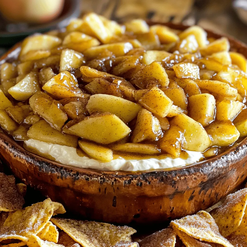 - Apples and their varieties - You need 2 large apples. I suggest using Granny Smith or Honeycrisp. They give a nice tartness that balances sweetness. - Cream cheese and sweeteners - Grab 1 cup of softened cream cheese. You will also need 1/4 cup of brown sugar and 1/2 cup of powdered sugar. These sweeteners enrich the dip. - Tortilla and baking essentials - For the cinnamon chips, use 4 large flour tortillas. You’ll also need 3 tablespoons of melted butter and 1/4 cup of granulated sugar mixed with 1 tablespoon of cinnamon. This mix creates a sweet, crunchy chip. For the full recipe, check out the instructions next! Prepping the apples First, peel and core the apples. I like to use Granny Smith or Honeycrisp. They add a nice tartness. Next, dice the apples into small pieces. In a medium bowl, mix the diced apples with 1/4 cup of brown sugar, 1 teaspoon of cinnamon, and 1 tablespoon of lemon juice. Stir this mixture well. This will help the apples stay fresh and tasty. Combining the cream cheese mixture In another bowl, add 1 cup of softened cream cheese. Then, mix in 1/2 cup of powdered sugar and 1 teaspoon of vanilla extract. Use a hand mixer or a whisk. Blend until the mixture is smooth and creamy. This cream cheese layer will be rich and sweet. Layering the ingredients Now, take a serving dish or pie plate. Spread the cream cheese mixture evenly across the bottom. Next, layer the apple mixture on top. Make sure to spread the apples out evenly. This way, every bite will have both the creamy dip and the sweet apples. Cutting the tortillas For the cinnamon chips, grab 4 large flour tortillas. Cut each tortilla into triangles. You can use a pizza cutter for quick and easy cuts. Preparing and baking the chips Next, brush one side of each triangle with 3 tablespoons of melted butter. Then, mix 1/4 cup of granulated sugar with 1 tablespoon of cinnamon. Sprinkle this mixture over the buttered side of the tortilla triangles. Place them on a baking sheet, sugar side up. Bake in a preheated oven at 350°F for 10-12 minutes. They should be golden and crispy. After baking, let the chips cool for a moment. Now you are ready to enjoy the warm apple pie dip with the crunchy cinnamon chips! For the complete recipe, check out the [Full Recipe]. For the best apple pie dip, choose the right apples. I love using Granny Smith or Honeycrisp apples. These apples give a great balance of sweet and tart. Their firm texture holds up well when cooked. To enhance the apple flavor, add a splash of lemon juice. This brightens the taste and keeps the apples from browning. You can also sprinkle a little extra cinnamon on the apples. This adds warmth and depth to the dish. To make a smooth cream cheese mixture, let the cream cheese sit out for a bit. It should be soft before mixing. This helps it blend well with the powdered sugar and vanilla extract. Use a hand mixer for the best results. Adjusting sweetness is key to your dip’s flavor. Start with the 1/2 cup of powdered sugar. Taste it and add more if you like it sweeter. Everyone's taste is different, so make it just how you like! For the full recipe, check out the complete instructions above. {{image_2}} You can easily change the flavor of the dip. Adding nuts or raisins gives it a nice crunch. Chopped pecans or walnuts work great. Just mix them in with the apples. You can also try adding raisins for a sweet twist. They pair well with the apples and spices. If you want to change the spices, you can. Instead of cinnamon, use nutmeg or allspice. These spices add warmth and depth. You can even mix spices for a unique flavor. Experiment and find what you like best! You don’t have to use just flour tortillas for the chips. You can try corn tortillas for a different taste. They add a nice texture and flavor. If you want, you could even use whole wheat tortillas. This gives a fun twist to the classic chip. When it comes to cooking the chips, you have options. Baking them is a healthier choice. They turn out crispy and less oily. Frying gives a rich taste but adds extra calories. Choose the method that fits your diet and mood. For the full recipe, check out the details above. Enjoy creating your perfect apple pie dip! To keep your apple pie dip fresh, store it in an airtight container. Place it in the fridge. It can stay good for up to three days. If you have leftover cinnamon chips, store them in a separate container. Keep them in a cool, dry place. They will stay crisp for one to two days. To reheat the dip, use a microwave-safe dish. Heat it in the microwave for about 30 seconds. Stir the dip after heating to warm it evenly. If you want to refresh the cinnamon chips, pop them in the oven at 350°F for about 5 minutes. This will make them crispy again and ready for dipping. Enjoy your apple pie dip with warm chips! For the complete recipe, check out the Full Recipe. You can serve many tasty treats with apple pie dip. Here are some fun ideas: - Graham crackers - Pretzel bites - Vanilla wafers - Fresh fruit slices like bananas or strawberries - Marshmallows These options add more flavor and fun to your snack. You can mix and match to find the best pairings for you. Yes, you can prepare this dip ahead of time. Here’s how to do it: - Make the dip and store it in a sealed container in the fridge. - Mix the apple filling but add it right before serving. This keeps the apples fresh. - You can also prep the cinnamon chips. Store them in an airtight container to keep them crispy. Making this dip in advance saves time and lets you enjoy the moment! The apple pie dip lasts about 3-4 days in the fridge. Here are some tips for keeping it safe: - Always store it in a sealed container. - Keep it cold until you are ready to serve. - If you notice any change in smell or color, it’s best to throw it away. By following these tips, you can enjoy your delicious dip longer! You can find the full recipe [Full Recipe]. You learned how to make a tasty apple pie dip. We discussed key ingredients like apples, cream cheese, and tortillas. I shared steps to prep and bake, plus tips to select the best apples. You can try fun variations and storage tips to enjoy this dip longer. Remember, homemade dip tastes best fresh, but you can keep it safe too. Enjoy creating this treat with friends and family, and let your own flavors shine!