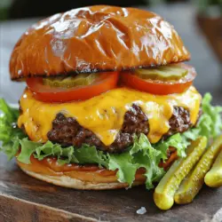 To make a great double cheesy smash burger, you need fresh ingredients. Here’s what you will use: - 1 lb ground beef (80/20 blend recommended) - 4 slices cheddar cheese - 4 slices pepper jack cheese - 2 tablespoons olive oil - 1 teaspoon garlic powder - 1 teaspoon onion powder - Salt and pepper to taste - 4 burger buns (preferably brioche) - 1 cup lettuce leaves - 1 tomato, sliced - Pickles (optional, for topping) These ingredients create a juicy and cheesy burger that everyone will love. I recommend using an 80/20 ground beef blend. This means 80% lean meat and 20% fat. The fat gives your burger flavor and keeps it juicy. Leaner meat can dry out while cooking. If you want something different, try a mix of beef and pork. It adds a nice twist! Toppings can make your burger special. Here are some ideas: - Crispy bacon - Avocado slices - Sautéed onions or mushrooms - Spicy jalapeños - BBQ sauce or mayonnaise For sides, consider: - Crispy fries - Coleslaw - Onion rings Feel free to mix and match to find your perfect combination. You can find the full recipe to guide you through the cooking process! Start by gathering your ingredients. You need: - 1 lb ground beef (80/20 blend recommended) - 4 slices cheddar cheese - 4 slices pepper jack cheese - 2 tablespoons olive oil - 1 teaspoon garlic powder - 1 teaspoon onion powder - Salt and pepper to taste - 4 burger buns (preferably brioche) - 1 cup lettuce leaves - 1 tomato, sliced - Pickles (optional, for topping) Slice the tomato and prepare the lettuce. Preheat a large skillet over medium-high heat. This step is key for a good cook. Now, take the ground beef. Divide it into four equal parts, around 4 ounces each. Gently shape them into loose balls. Avoid packing them tight; this keeps them tender. Sprinkle salt, pepper, garlic powder, and onion powder evenly on each ball. This seasoning adds that delicious flavor everyone loves. When your skillet is hot, add the olive oil. Place the beef balls in the skillet, leaving space between them. You want them to breathe! Next, smash each ball down to about half an inch thick using a sturdy spatula. Cook for 2-3 minutes until a nice crust forms. This crust is what gives the burger its flavor! While the patties cook, slice the burger buns in half. Toast them cut-side down in a separate pan until golden brown, about 1-2 minutes. This gives a great texture. Start with the toasted bottom bun. Add a lettuce leaf, then the cheesy smash burger patty. Layer on a slice of tomato and pickles if you like. Finally, top it with the other half of the bun. This is where the fun begins! Your double cheesy smash burger is ready to be enjoyed. For the full recipe, check above! To get that nice crust, use high heat. Preheat your skillet until it's very hot. When you place the beef balls in, don’t move them. Let them sit for 2-3 minutes. This helps form a great crust. A well-seared burger has more flavor. To ensure your cheese melts perfectly, flip your patties and add cheese right away. Cover the skillet with a lid to trap heat. This helps the cheese melt fast. If you want extra gooey cheese, use a mix of cheddar and pepper jack. Both add great flavor. For this recipe, you need a few tools. A heavy skillet or griddle works best. A sturdy spatula helps smash the patties evenly. A lid is handy for melting cheese. You might also want a burger press, but it’s not necessary. These tools make cooking easier and more fun. For the full recipe, check out the details above. {{image_2}} You can make your burger special with unique toppings. Try adding crispy bacon for a salty crunch. Avocado gives a creamy, rich taste. Grilled onions add sweetness, while jalapeños add a kick. You can mix and match to find what you love. Don't forget about sauces! A tangy BBQ sauce or spicy mayo can enhance flavors. Be bold and create your own flavor combos. Cheese is key to a great burger. While cheddar and pepper jack are classic, you can try others. Swiss cheese melts well and adds a nutty flavor. Blue cheese can bring a strong, bold taste. Gouda offers a smoky touch. If you want a vegan option, use plant-based cheese. Each cheese changes the burger's taste, so experiment to find your favorite. If you like heat, spice up your smash burger. Start with adding a pinch of cayenne to the beef. Mix in some diced jalapeños for extra fire. For toppings, consider spicy pickles or a hot sauce drizzle. You can even use pepper jack cheese for a spicy melt. This variation packs a flavorful punch that heat lovers will enjoy. After making the double cheesy smash burger, you may have leftovers. Store any unused ingredients in the fridge. Place lettuce in a sealed bag to keep it fresh. Wrap the cheese tightly to avoid drying out. Keep the ground beef in its original packaging until ready to use. Use leftover burger buns within a few days. If you have cooked burgers left, they freeze well. Let them cool completely before freezing. Place each burger in a freezer bag. Squeeze out the air to prevent freezer burn. You can store them for up to three months. When ready to eat frozen burgers, thaw them overnight in the fridge. Reheat them on a skillet over medium heat for best results. Add a splash of water to create steam, which helps keep the burger moist. If you prefer, you can also use the microwave. Heat for 30 seconds at a time until warm. Enjoy your burger with fresh toppings for the best flavor! A Double Cheesy Smash Burger is a burger with two beef patties and two types of cheese. The patties get smashed flat while cooking, creating a crispy outer layer. This burger is juicy, cheesy, and full of flavor! Yes, you can! Ground turkey or chicken works well. You can also try lamb for a unique taste. Just keep the fat content in mind. A higher fat content adds flavor and keeps the burger juicy. You can add many toppings! Here are some ideas: - Avocado slices - Crispy bacon - Sautéed onions - Barbecue sauce - Different types of cheese You can also mix in seasonings like smoked paprika or cayenne for a kick. Here are some great sides to pair with your burgers: - Crispy French fries - Sweet potato fries - Coleslaw - Onion rings - A fresh garden salad These sides balance well with the rich flavors of the burger. For the full recipe, check out the detailed steps and ingredients above. Enjoy making delicious Double Cheesy Smash Burgers! This blog post covered everything you need for a great Double Cheesy Smash Burger. We discussed the best ingredients, cooking steps, and those tasty sides. You learned tips for making the perfect burger crust and melting cheese just right. Don't forget to try fun variations and store any leftovers properly. Now, go ahead and enjoy making this delicious burger at home. Your friends and family will thank you!