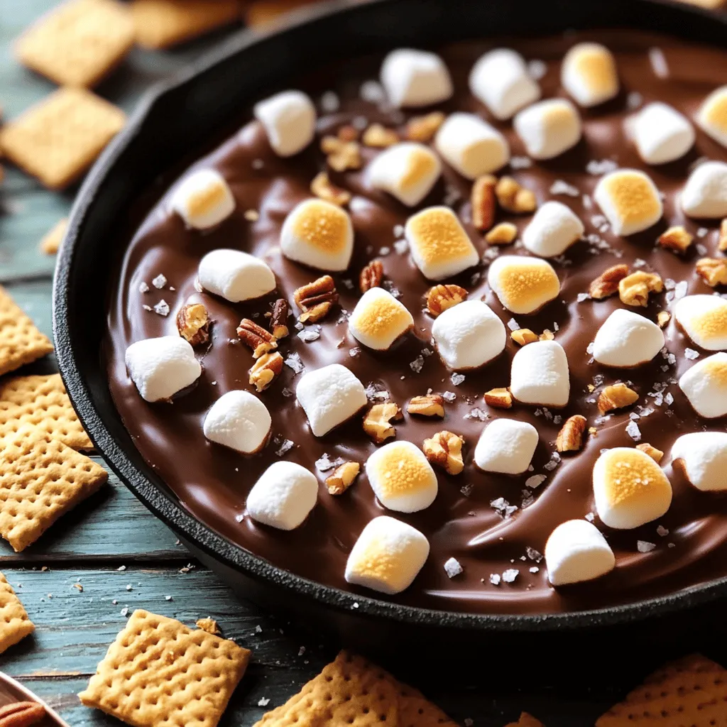 - 1 cup semi-sweet chocolate chips - 1 cup mini marshmallows - 1 tablespoon unsalted butter - 1/2 teaspoon vanilla extract - 1/4 teaspoon sea salt - Graham crackers, for dipping - Optional: chopped nuts For this S'mores Dip, you need simple and fun ingredients. First, grab one cup of semi-sweet chocolate chips. These give the dip its rich flavor. Next, you want one cup of mini marshmallows. They melt beautifully and create that classic S'mores taste. You will also need one tablespoon of unsalted butter. This helps to make the chocolate smooth and creamy. A half teaspoon of vanilla extract adds a lovely depth to the flavor. Don’t forget a quarter teaspoon of sea salt to balance the sweetness. For dipping, graham crackers work best. They have a nice crunch and complement the dip. If you want to add some texture, consider chopped nuts like pecans or walnuts. These are optional but add a fun twist to your dip. This combination of ingredients makes for a quick and sweet treat. You can find the Full Recipe in the next section to help guide your cooking. - Preheat your oven to 450°F (232°C). - Melt 1 tablespoon of unsalted butter in an oven-safe skillet. - Add 1 cup of semi-sweet chocolate chips and melt them. - Stir in 1/2 teaspoon of vanilla extract and 1/4 teaspoon of sea salt. - Spread 1 cup of mini marshmallows evenly over the melted chocolate. - Bake for 5-7 minutes until marshmallows are golden brown and bubbly. - Allow the dip to cool briefly after baking. - Serve with graham crackers for dipping. You can find the full recipe included above. Enjoy your S'mores Dip! - Ensure chocolate is fully melted. Stir it well until smooth. - Monitor marshmallows during baking. They can burn quickly if left too long. - Serve directly in the skillet. This keeps it warm and gooey. - Offer a variety of graham cracker flavors. Chocolate and cinnamon grahams add fun! - Suggested toppings for added texture include chopped nuts. They give a nice crunch. - Consider drizzling with chocolate sauce for extra sweetness. It makes each bite special. Using these tips will help you create a delightful S'mores Dip. Enjoy every bite! {{image_2}} You can change the flavor of your S'mores Dip easily. Try different types of chocolate. Dark, milk, or white chocolate can all taste great. Each type gives a unique flavor. You might even want to add flavored extracts. Almond or coconut extract can make it special. Not everyone can eat regular graham crackers. You can find gluten-free graham cracker options at most stores. They work just as well for dipping. If you want a dairy-free dip, look for dairy-free chocolate. This way, everyone can enjoy it. You can make fun versions for each season. In the fall, add some pumpkin spice. It gives a warm taste that is perfect for autumn. During the holidays, try peppermint. Just crush some peppermint candies and sprinkle them on top. This adds a festive touch to your S'mores Dip. After enjoying your S'mores Dip, store any leftovers in an airtight container in the fridge. It stays tasty for a few days. However, the dip is best enjoyed fresh. The flavors shine bright when it's warm and gooey. To reheat, you have two main options: the microwave or the oven. - Microwave: Place the dip in a microwave-safe dish. Heat it in short bursts of 15 to 20 seconds, stirring in between until warm. - Oven: Preheat your oven to 350°F (175°C). Place the dip in an oven-safe dish. Warm it for about 10 minutes. This method helps keep the dip's great texture. Can S'mores Dip be frozen? Yes, but it may lose some texture. To freeze, let it cool completely, then place it in a freezer-safe container. When you're ready to enjoy it, thaw it in the fridge overnight. Reheat it gently using the above methods for the best results. Can I make S'mores Dip ahead of time? Yes, you can prepare the dip before serving. Just melt the chocolate and mix in the butter, vanilla, and salt. Wait to add the marshmallows and bake until ready to serve. This keeps the dip fresh and tasty. What can I dip in S'mores Dip besides graham crackers? You can use many fun options! Try fruit like strawberries or bananas. Pretzels add a salty crunch. Even cookies like Oreos can create a fun twist. Get creative and enjoy! Why did my marshmallows burn? Marshmallows can burn if baked too long or at too high a temperature. Keep an eye on them while they bake. They should be golden brown and not dark brown. How can I make it less sweet? To reduce sweetness, use dark chocolate instead of semi-sweet. You can also cut back on the mini marshmallows. Adding a pinch of sea salt helps balance the flavors too. Caloric content per serving Each serving has about 250 calories. This can vary based on what you dip in it. Any dietary notes to consider This dip contains dairy and gluten. Use gluten-free graham crackers for a safe option. Consider dairy-free chocolate for a vegan-friendly choice. You now have a complete guide to making S'mores Dip. We covered all the key ingredients, preparation steps, and serving tips. Plus, I shared ways to customize your dip with flavors and toppings. With these simple steps, you can create a tasty treat any time. Enjoy experimenting and make it your own. This dessert will surely impress your friends and family!