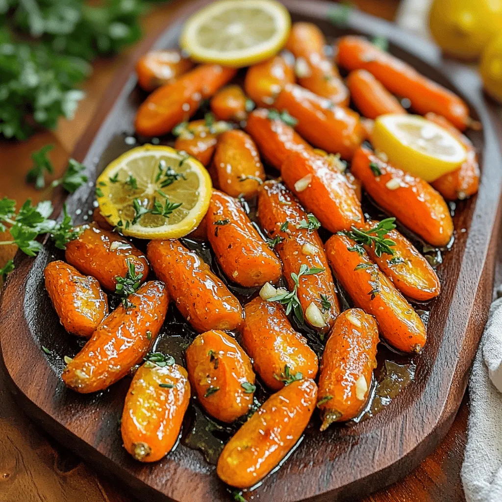 - 1 pound baby carrots (or regular carrots, cut into sticks) - 3 tablespoons honey - 2 tablespoons olive oil - 4 cloves garlic, minced - 1 teaspoon fresh thyme leaves (or ½ teaspoon dried thyme) - Salt and pepper to taste - 1 tablespoon balsamic vinegar (optional for a tangy twist) - Fresh parsley, for garnish You will need one pound of carrots. This is about four cups of cut carrots. Use three tablespoons of honey to bring a sweet touch. Two tablespoons of olive oil help with roasting and flavor. Minced garlic enhances the dish with a bold taste. Use one teaspoon of fresh thyme for an earthy note, or half a teaspoon if dried. Salt and pepper are to taste, so use them as you like. If you want a tangy kick, add one tablespoon of balsamic vinegar. Finally, fresh parsley brightens the dish as a garnish. You can customize this dish with optional ingredients. Consider adding lemon zest for a fresh burst. A sprinkle of red pepper flakes adds heat. You might also try different herbs like rosemary or oregano for variety. Each choice can change the flavor and make it your own. Start by washing your carrots. If you use baby carrots, you can leave them whole. If you have regular carrots, cut them into sticks about the same size. This helps them cook evenly. Once cut, place the carrots in a large bowl. This gives you space to mix them well later. In a separate bowl, combine the honey, olive oil, minced garlic, thyme, salt, and pepper. For a tangy twist, add balsamic vinegar. Whisk this mixture until it is smooth. This honey garlic sauce adds a sweet and savory flavor to the carrots. Pour the mixture over the carrots in the large bowl. Toss them until every carrot is well coated. Preheat your oven to 425°F (220°C). Line a baking sheet with parchment paper to make cleaning up easier. Spread the carrots in a single layer on the sheet. Make sure they are not crowded. Crowding can lead to steaming instead of roasting. Place the baking sheet in the oven. Roast the carrots for about 25-30 minutes. Toss them halfway through to ensure even cooking. The carrots should be tender and slightly caramelized when done. Once roasted, let them cool for a few minutes. Finally, transfer the carrots to a serving dish and garnish with fresh parsley. This adds a lovely touch to your dish. For the full recipe, check the section above. To get the best results, cut all carrots to the same size. This helps them cook evenly. If you use baby carrots, they often roast perfectly. Spread them out on the baking sheet in a single layer. Do not crowd them. If they are too close, they will steam instead of roast. Toss them halfway through cooking to ensure even browning. You can play with flavors to make it your own. Consider adding spices like cumin or paprika for warmth. A pinch of red pepper flakes can add a kick. You can also mix in a splash of soy sauce for a savory touch. If you want a tangy flavor, use balsamic vinegar as I suggest in the full recipe. Fresh herbs like dill or rosemary can also brighten the taste. Presentation matters when serving food. For a special touch, arrange the carrots on a colorful platter. Drizzle extra honey garlic sauce on top for shine. You can add lemon slices or zest for color and flavor. A sprinkle of fresh parsley brings a nice pop of green. These little details make your dish look and taste amazing! {{image_2}} You can swap honey with other sweeteners. Maple syrup gives a nice flavor. Agave nectar works well too. For a no-calorie option, try monk fruit sweetener. Each sweetener adds its own taste. Adjust the amount based on your preference. Want to jazz up your carrots? Add-ins can enhance the dish. Try mixing in some chopped nuts for crunch. Walnuts or pecans add great texture. You can also include a sprinkle of chili flakes for heat. Fresh herbs like dill or rosemary can bring extra flavor. You don’t have to roast the carrots. Steaming is a quick option that keeps them tender. Sautéing in a pan can also work. Just toss them in olive oil and the honey garlic mix over low heat. Grilling adds a smoky touch, perfect for summer meals. Each method changes the taste and texture, so experiment to find your favorite! After enjoying your honey garlic roasted carrots, let them cool. Place them in an airtight container. This keeps them fresh. Store them in the fridge. They will stay good for about three to five days. If you want to keep them longer, consider freezing. To reheat your carrots, you can use the oven or a microwave. For the oven, preheat it to 350°F (175°C). Place the carrots on a baking sheet and heat for about 10-15 minutes. This method keeps them crispy. If you use a microwave, put them in a microwave-safe dish. Heat them in short bursts. Stir in between to avoid hot spots. If you choose to freeze your honey garlic roasted carrots, first cool them completely. Spread them out on a baking sheet in a single layer. Freeze them for about two hours. Once frozen, transfer them to a freezer bag. Remove as much air as possible. They will last up to three months in the freezer. When ready to eat, thaw in the fridge overnight before reheating. Check out the Full Recipe for more details! To make Honey Garlic Roasted Carrots, start by gathering your ingredients. Use 1 pound of baby carrots or regular carrots cut into sticks. In a bowl, mix 3 tablespoons of honey, 2 tablespoons of olive oil, and 4 minced garlic cloves. Add 1 teaspoon of fresh thyme, salt, and pepper to taste. Optionally, include 1 tablespoon of balsamic vinegar for a tangy kick. Toss the carrots in this mixture until well coated. Spread them on a lined baking sheet and roast at 425°F for about 25-30 minutes, stirring halfway. Finally, garnish with fresh parsley. Yes, you can use different types of carrots. While baby carrots work well, regular carrots can also shine in this dish. You can even try rainbow carrots for a colorful twist. Just cut them into even sticks to ensure they cook evenly. This dish is flexible, so feel free to experiment with your favorite carrot varieties. Honey Garlic Roasted Carrots pair well with many main dishes. They complement roasted chicken, grilled fish, or pork tenderloin beautifully. You can also serve them alongside grain dishes like quinoa or rice. For a vegetarian option, try them with a hearty salad or pasta. The sweet and savory flavors will enhance your meal. Leftovers of Honey Garlic Roasted Carrots can last in the fridge for about 3-5 days. Store them in an airtight container to keep them fresh. When you're ready to eat, simply reheat them in the oven or microwave until warm. Enjoy the flavors all over again! We explored how to make Honey Garlic Roasted Carrots step by step. You learned about the key ingredients, measurements, and fun variations to try. Plus, I shared tips for even roasting and best storage methods. Now you can enjoy tasty carrots and impress your friends with your cooking skills. Use what you've learned to create your own perfect dish. Happy cooking!