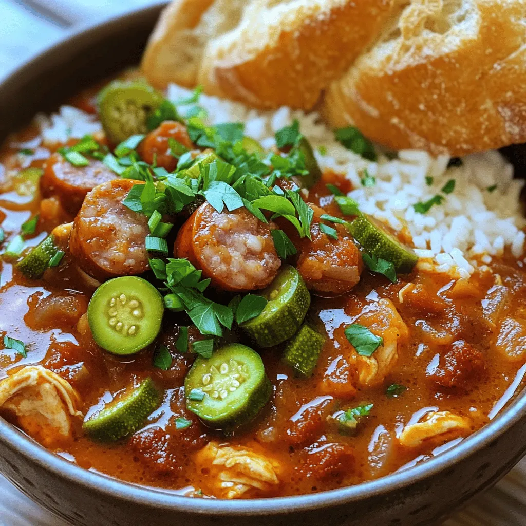 To make the best gumbo, you need fresh, quality ingredients. Here’s what you will need: - Vegetable oil (1/2 cup) - All-purpose flour (1/2 cup) - Onion (1 large, diced) - Green bell pepper (1, diced) - Celery (2 stalks, diced) - Garlic (4 cloves, minced) - Smoked sausage (1 pound, sliced) - Boneless chicken thighs (1 pound, cut into bite-sized pieces) - Cayenne pepper (1 teaspoon, adjust to taste) - Paprika (1 tablespoon) - Dried thyme (1 tablespoon) - Bay leaves (2) - Chicken broth (8 cups) - Diced tomatoes (1 can, 14.5 oz, with green chilies) - Shrimp (1 pound, peeled and deveined) - Okra (2 cups, sliced, fresh or frozen) - Salt and pepper to taste - Green onions (4, sliced, for garnish) - Fresh parsley (chopped, for garnish) - Cooked white rice (for serving) Each ingredient adds its own flair. The roux, made from oil and flour, gives gumbo its rich taste. The “holy trinity” of onion, bell pepper, and celery brings depth. Smoked sausage and chicken add heartiness, while shrimp and okra provide a classic touch. You can find the full recipe above to guide you in combining these flavors perfectly. Enjoy the process of creating this timeless dish! To start, heat the vegetable oil in a large pot over medium heat. Once hot, slowly add the flour. Use a whisk to mix them together. Keep stirring to avoid burning. You want to cook this mixture until it turns a deep brown color. This can take about 20 to 30 minutes. The roux gives gumbo its rich flavor and thick texture. Next, add the holy trinity of vegetables: diced onion, bell pepper, and celery. Stir them into the roux and cook for about 5 minutes. The veggies should become soft but not mushy. After that, add the minced garlic, sliced smoked sausage, and chicken pieces. Cook everything for another 5 to 7 minutes. You want the meat to brown a bit, which adds more flavor. Now it’s time to pour in the chicken broth and the can of diced tomatoes. Make sure to include all the juices from the tomatoes. Bring this mixture to a simmer, then lower the heat. Cover the pot and let it cook for about 45 minutes. Stir it occasionally to prevent sticking. This step helps all the flavors mix well. After 45 minutes of simmering, add the okra and shrimp to the pot. Cook for another 10 minutes, or until the shrimp are pink and cooked through. Now, season with salt and pepper to taste. Don’t forget to remove the bay leaves before serving. Serve the gumbo hot over cooked white rice. Garnish with sliced green onions and chopped parsley for a fresh touch. For a full recipe, please refer to the Full Recipe section. To make a great roux, use equal parts oil and flour. Heat your oil over medium heat. Slowly add the flour while whisking. This keeps lumps from forming. Cook the roux until it turns a deep brown color. This process takes about 20 to 30 minutes. Watch it closely to avoid burning. A burnt roux can ruin your gumbo. Common mistakes include rushing the cooking time or using high heat. Both can lead to a burnt roux. If your roux burns, start over. It’s better to take your time. Spices and herbs are key to a rich gumbo flavor. I recommend using cayenne, paprika, and thyme. Each adds a unique taste. Feel free to adjust the cayenne based on your heat preference. For broth, use a good-quality chicken broth. Homemade broth adds depth of flavor. Using broth instead of water is crucial for a tasty gumbo. You can also add a bit of smoked sausage flavor in the broth for extra richness. Serve your gumbo in deep bowls. Place a scoop of white rice in the center. This makes it look inviting. Add a sprinkle of fresh green onions and parsley for color. These garnishes also enhance the flavor. Pair your gumbo with crusty French bread. It’s perfect for dipping. A well-presented dish makes your meal more enjoyable. For more details, check the Full Recipe for serving tips. {{image_2}} You can change the proteins in your gumbo. Instead of chicken, use fish or crab. Shrimp is great, but so are clams. For a vegetarian or vegan twist, skip the meat. Use mushrooms, beans, or tofu. These options add depth and flavor to the dish. To control the heat, adjust the cayenne pepper. Start with less if you prefer mild flavors. Add more as you cook to find your perfect spice level. You can also swap cayenne for smoked paprika for a different taste. Other spices like cumin or coriander can add unique flavors too. New Orleans gumbo has two main styles: Cajun and Creole. Cajun gumbo is often heartier and smoky, with a focus on local meats. Creole gumbo usually features seafood and is more delicate. Each area has its own special touches, like adding filé powder or okra. Embrace local traditions to make your gumbo truly authentic. You can find the full recipe [here](#). To store leftover gumbo, let it cool first. This step helps keep it fresh. After cooling, transfer the gumbo into an airtight container. A glass or plastic container works well. Make sure to leave some space at the top. This space allows for expansion if you freeze it later. Freezing gumbo is easy and keeps it tasty. For best results, pour the cooled gumbo into freezer-safe bags. Squeeze out the air before sealing them. Flatten the bags to save space in your freezer. Gumbo can last up to three months in the freezer. When you’re ready to eat it, thaw it in the fridge overnight. To heat it up, warm it slowly on the stove over low heat. Stir it often to avoid burning. This way, you keep the flavors and texture just right. You can use many types of meat in gumbo. Common choices include: - Smoked sausage - Chicken thighs - Shrimp - Duck - Crab Each meat adds its own unique flavor. Yes, you can make gumbo ahead of time. This dish often tastes better the next day. To reheat, warm it slowly on the stove. Add a little broth if it seems thick. To thicken gumbo without changing its taste, try these tips: - Cook the roux longer for a deeper flavor. - Stir in okra, which also adds texture. - Mash some of the beans or vegetables in the pot. These methods enhance the gumbo while keeping it tasty. Roux is the heart of gumbo. It adds depth and richness. The color of your roux can change the flavor. A darker roux gives a nutty taste, while a lighter one is milder. Getting the roux right is key to a great gumbo. Gumbo pairs well with various sides and drinks. Here are some ideas: - Cooked white rice - French bread or cornbread - A simple salad - Iced tea or a cold beer These options enhance the meal and make it more enjoyable. Gumbo combines rich flavors and traditions from New Orleans. We explored key ingredients, like the roux and the holy trinity of vegetables. You learned step-by-step how to prepare this dish. We also discussed tips to enhance flavor and ideas for variations. Finally, proper storage techniques ensure your gumbo stays delicious. Make gumbo your own by trying different meats and spices! It’s fun to create a dish that warms the soul. Enjoy your cooking adventures!