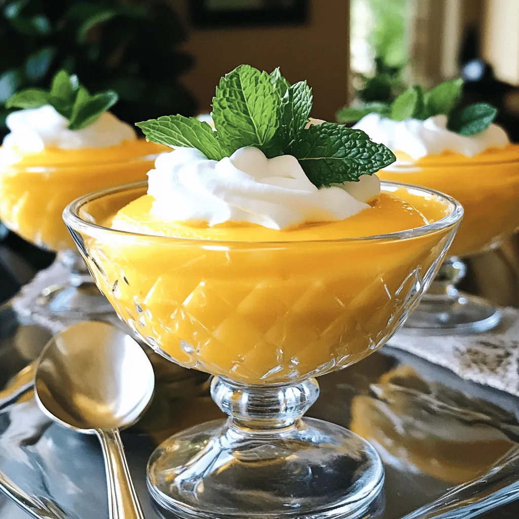 For a delightful Creamy Mango Mousse, you will need the following ingredients: - 2 ripe mangoes, peeled and diced - 1 cup heavy cream - 1/2 cup Greek yogurt - 1/4 cup powdered sugar - 1 teaspoon vanilla extract - 1 tablespoon lemon juice - A pinch of salt - Fresh mint leaves (for garnish) These ingredients come together to create a rich and creamy dessert. The ripe mangoes give the mousse its sweet and fruity flavor. Choosing the right mango is important. Look for mangoes that feel slightly soft when you press them. They should have a sweet smell at the stem end. A ripe mango will have a bright color, often yellow or orange. Avoid mangoes with dark spots or wrinkles. If you can’t find ripe mangoes, you can wait a few days for them to ripen at home. If you can't find some ingredients, don't worry! Here are some easy swaps: - Use coconut cream instead of heavy cream for a tropical twist. - If you don’t have Greek yogurt, regular yogurt works well. - You can replace powdered sugar with granulated sugar; just blend it for a smoother texture. These substitutions will not change the taste much but can make the recipe easier for you to make. For the full recipe, check out the complete details. To start, you need ripe mangoes. Choose mangoes that feel soft but not mushy. First, peel and dice the mangoes. Next, place the diced mangoes in a blender or food processor. Blend until smooth. This will make your mango puree. After blending, set the mango puree aside. It should be thick and creamy. Now, take your heavy cream and pour it into a mixing bowl. Use a hand mixer or a whisk to whip the cream. Keep mixing until you see soft peaks. This means the cream is fluffy but still creamy. Be careful; if you whip it too much, it can turn into butter! In another bowl, mix Greek yogurt, powdered sugar, vanilla extract, lemon juice, and a pinch of salt. Whisk until smooth. Then, gently fold the mango puree into this yogurt mix. Make sure it blends well. After that, fold in your whipped cream. Do this slowly to keep it light and airy. Now, your mousse should be fluffy and bright in color. Spoon the mousse into serving glasses. Chill for at least two hours. This lets the flavors mix well. For the final touch, add fresh mint leaves on top before serving. To get the best texture in your creamy mango mousse, focus on your whipping technique. Whip the heavy cream until soft peaks form. It should look fluffy but not dry. When you fold in the cream, do it gently. This keeps your mousse light and airy. If you over-mix, it may turn dense. The goal is to keep that wonderful fluffiness. Many people make the same mistakes when making mousse. One big mistake is not letting the mousse chill long enough. It needs at least two hours in the fridge. If you skip this step, it won’t set properly. Also, watch your mango puree. If it’s too warm when you mix it with the whipped cream, it can cause the cream to melt. Always let it cool if it’s warm. When serving creamy mango mousse, presentation matters. Use clear glasses or bowls to show off the beautiful layers. You can top it with fresh mint leaves for a pop of color. A slice of mango or a sprinkle of coconut flakes can add flair too. If you want to add some crunch, try crushed nuts or granola on top. This adds texture and flavor. For more details, check out the Full Recipe. {{image_2}} You can make your mousse even more exciting by adding other fruits. Try using fresh pineapple, papaya, or passion fruit. Just blend them like you did with the mango. Add about half a cup of your chosen fruit to the mango puree. This mix will give you a tropical twist that delights the taste buds. If you want a dairy-free version, there are great options. Replace heavy cream with coconut cream for a rich texture. Use dairy-free yogurt instead of Greek yogurt. Almond or cashew yogurt works well. This way, you can enjoy the mousse without any dairy. To boost the flavor, consider adding spices. A sprinkle of ground cardamom or a touch of grated ginger can add warmth. You can also mix in some citrus zest, like lime or orange, for a bright touch. These flavors will make your creamy mango mousse even more special. For the full recipe, check the recipe section above. To store leftover creamy mango mousse, put it in an airtight container. This keeps it fresh. Make sure to cover the top to stop air from getting in. Place the container in the fridge. It will stay good for a few days. You can freeze creamy mango mousse, but the texture may change. To freeze, use a freezer-safe container. Leave some space at the top for expansion. Wrap the container well with plastic wrap. When you want to enjoy it, thaw it in the fridge overnight. Stir it gently after thawing to help restore its creamy texture. Creamy mango mousse lasts about 3 to 5 days in the fridge. If you freeze it, it can last about 1 to 2 months. For the best taste, enjoy it fresh. After that time, the mousse may still be safe to eat, but it may not taste as good. Always check for any off smells or changes in texture before eating. You can make Creamy Mango Mousse a day before you plan to serve it. Just follow the recipe steps. Once you mix all the ingredients, spoon the mousse into serving glasses. Then, cover them with plastic wrap. Place them in the fridge. This time in the fridge helps the mousse set well. The flavors also blend together nicely overnight. Yes, you can use frozen mango. Make sure to thaw it first. Drain any excess liquid before blending. Frozen mango can add a nice chill to your mousse. It also works well if fresh mango is not in season. The taste will still be sweet and fruity. Creamy Mango Mousse pairs well with many tasty items. Here are some great ideas: - Fresh berries like strawberries or blueberries - A sprinkle of toasted coconut flakes - A dollop of whipped cream on top - A scoop of vanilla ice cream on the side - Crushed graham crackers for a crunchy texture These pairings add extra flavor and make your dessert look lovely. In this blog post, we explored how to make creamy mango mousse, focusing on key ingredients, step-by-step instructions, and tips for success. Fresh mango selection and possible substitutions enhance your dish. Remember to whip the cream properly for a light texture. We also shared storage info and FAQs to help you plan ahead. Enjoy variations like tropical fruit add-ins or dairy-free options. Crafting this dessert can be simple and fun. You’re now ready to impress your guests with a delicious treat!