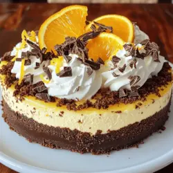 - 1 ½ cups chocolate cookie crumbs - 16 oz cream cheese, softened - ¼ cup fresh orange juice - 1 cup semi-sweet chocolate chips These main ingredients create the base for your delicious cheesecake. The chocolate cookie crumbs form a tasty crust, while the cream cheese gives it a rich texture. Fresh orange juice adds a bright, zesty flavor that complements the chocolate. Semi-sweet chocolate chips enhance the chocolatey taste, making every bite delightful. - 1 cup whipped cream - Orange slices - Chocolate shavings Using optional garnishes makes your cheesecake look and taste even better. Whipped cream adds a light touch. Orange slices give a fresh pop of color. Chocolate shavings add a nice, elegant finish. Feel free to mix and match these garnishes to make the dessert your own. - 9-inch springform pan - Electric mixer - Microwave or double boiler Having the right equipment is key for this recipe. A 9-inch springform pan helps you easily remove the cheesecake after baking. An electric mixer makes blending the cream cheese quick and easy. Use a microwave or double boiler to melt chocolate smoothly without burning it. These tools will ensure your cheesecake turns out perfectly. For the full recipe, check out [Full Recipe]. Set your oven to 325°F (160°C). Preheating helps the cheesecake cook evenly. In a medium bowl, mix 1 ½ cups of chocolate cookie crumbs with ½ cup of melted unsalted butter. Use a fork to blend until the crumbs look wet. Press this mixture firmly into the bottom of a 9-inch springform pan. Bake for 10 minutes. Let it cool before adding the filling. In a large mixing bowl, beat 16 oz of softened cream cheese with ½ cup of granulated sugar. Use an electric mixer for a smooth and creamy texture. This step is key for a rich filling. Add 2 large eggs to the cream cheese mix, one at a time. Mix well after each egg. Then, add 1 teaspoon of vanilla extract, the zest of 1 large orange, and ¼ cup of fresh orange juice. Blend until smooth. In a microwave or double boiler, melt 1 cup of semi-sweet chocolate chips. If using the microwave, heat in short bursts to avoid burning. Stir until smooth and let it cool slightly. Fold the melted chocolate into the cream cheese mixture. Pour the cheesecake filling over the cooled crust. Smooth the top using a spatula. Bake for 45-50 minutes or until the edges are set, and the center jiggles slightly. Turn off the oven and crack the door open. Let the cheesecake cool inside for about an hour. Refrigerate for at least 4 hours or overnight for best results. You can find the complete guide to this delicious recipe in the Full Recipe section. Enjoy your baking adventure! To prevent cracks in your cheesecake, keep the oven door closed. Sudden temperature changes can cause cracks. Also, bake your cheesecake in a water bath. This keeps the heat even and moist. Wrap the springform pan in foil to avoid water leaks. This simple trick helps create a smooth surface. Using room temperature ingredients is key for a smooth cheesecake. Cold cream cheese can lead to lumps. Let the cream cheese sit out for about 30 minutes before mixing. This simple step makes a big difference. Warm eggs blend better too, so let them sit as well. For the best taste, serve your cheesecake with fresh whipped cream. It adds lightness and pairs well with chocolate and orange. You can also add orange slices and chocolate shavings on top. These garnishes make your dessert look beautiful and inviting. Enjoy your delightful cheesecake with a cup of coffee or tea for a perfect treat. {{image_2}} You can change up the flavors in your cheesecake. If you like berries, use raspberry instead of orange. Mix in lemon juice and zest for a fresh twist. You can also try mango or coconut for a tropical vibe. Each flavor adds its own touch and keeps things exciting. The crust can be fun to play with too. Instead of chocolate cookie crumbs, use graham crackers. For a gluten-free option, almond flour works well. You could even use crushed nuts for a crunchy base. Each choice gives your cheesecake a new taste and texture. If you want to skip baking, a no-bake cheesecake is easy. Start by mixing cream cheese and sugar until smooth. Then, fold in whipped cream for a light texture. Instead of baking, chill it in the fridge for at least four hours. This gives it a creamy, soft feel. You can still use the same toppings for a delicious finish. For more details, check the Full Recipe. After you make the Chocolate Orange Cheesecake, you need to store it right. I suggest placing it in the fridge. Use a tight cover or plastic wrap. This keeps it fresh and tasty. Leftovers can last about five days in the fridge. Want to save some for later? You can freeze the cheesecake! Cut it into slices first. Wrap each slice in plastic wrap, then place them in a freezer bag. This way, you can enjoy a slice anytime. It stays good in the freezer for about three months. How long will your cheesecake last? In the fridge, it lasts about five days. If you freeze it, you can keep it for about three months. Always check for signs of spoilage, like off smells or discoloration. Enjoy your delightful dessert! For the full recipe, see the section above. To get a creamy texture, use room temperature cream cheese. Cold cream cheese will not mix well. Blend the cream cheese and sugar until you see no lumps. Mix slowly, so you do not add too much air. Overmixing can make the cheesecake dense. Yes, you can use mascarpone or ricotta cheese. These will change the taste and texture a bit. For a lighter option, try Greek yogurt. It will add a nice tang, but it may not be as rich. If your cheesecake cracks, don’t worry! You can cover it with whipped cream or chocolate ganache. To prevent cracks, cool your cheesecake slowly. Leave it in the oven with the door slightly open for an hour after baking. This helps avoid sudden temperature changes. Check for a slight jiggle in the center. The edges should be set, but the middle can move a bit. It will firm up as it cools. Another tip is to use a toothpick. Insert it into the edge, and it should come out clean for doneness. Creating a cheesecake involves simple steps using key ingredients like chocolate cookie crumbs and cream cheese. Optional garnishes like whipped cream add flair. I shared tips for texture and baking that enhance the result. You can also try fun variations, whether you prefer raspberry or lemon flavors. Remember to store leftovers properly to enjoy your dessert longer. With these methods and insights, you can make a delightful cheesecake and wow your friends and family. Happy baking!
