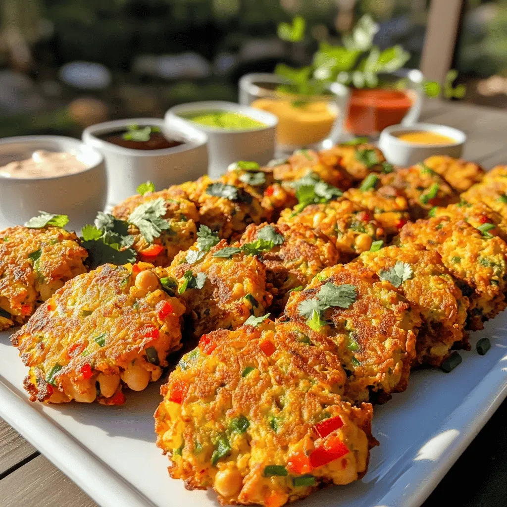 To make delicious chickpea fritters with veggies, gather these ingredients: - 1 can (15 oz) chickpeas, rinsed and drained - 1/2 cup grated zucchini (squeezed to remove excess moisture) - 1/2 cup grated carrots - 1/4 cup finely chopped red bell pepper - 1/4 cup finely chopped green onions - 2 cloves garlic, minced - 1/2 cup fresh cilantro, chopped - 1/2 teaspoon ground cumin - 1/2 teaspoon paprika - 1/4 teaspoon black pepper - 1/4 teaspoon salt - 1/2 cup all-purpose flour (or chickpea flour for gluten-free) - 1 large egg (or flax egg for vegan) - Oil for frying (such as olive oil or vegetable oil) These fresh ingredients bring flavor and texture. The chickpeas serve as a great base. Zucchini and carrots add moisture and crunch. The spices give a warm kick. You can adjust the spices to fit your taste. For a gluten-free option, use chickpea flour instead of all-purpose flour. You can also swap the egg for a flax egg if you prefer a vegan recipe. This recipe is flexible. You can customize it with your favorite veggies or spices. Check out the Full Recipe for more details on preparing these tasty fritters! Mixing the Chickpeas and Veggies Start by mashing the chickpeas in a large bowl. Use a fork or potato masher. Aim for a chunky texture; avoid making it too smooth. Next, add the grated zucchini, carrots, red bell pepper, and green onions. Don’t forget the minced garlic and chopped cilantro. Sprinkle in the ground cumin, paprika, black pepper, and salt. Mix everything well until combined. Making the Batter In a small bowl, whisk the egg until it's frothy. If you want a vegan option, use a flax egg. Add this egg to the chickpea mix along with the flour. Stir until a thick batter forms. If the batter seems too wet, you can add more flour. It should hold together well, so check the consistency. Cooking the Fritters Heat 2-3 tablespoons of oil in a large skillet over medium heat. Once the oil is hot, scoop about 2 tablespoons of the mixture for each fritter. Flatten them slightly in the pan. Fry each fritter for about 3-4 minutes on each side. You want them golden brown and crispy. If needed, work in batches, adding more oil as necessary. Frying Techniques To get the best results, keep an eye on the oil temperature. Too hot, and the fritters will burn. Too cool, and they will soak up oil. Aim for a steady medium heat to achieve that crispy goodness. Achieving the Perfect Color and Texture When frying, look for a golden brown color. This is key for a great texture. Once done, remove the fritters from the pan. Place them on a paper towel-lined plate to absorb any excess oil. This keeps them crisp and tasty. For serving, arrange the fritters on a platter with fresh cilantro for a pop of color. Enjoy them warm with your favorite dip or sauce. For the full recipe, check out the instructions above. Oil Temperature Management Keep your oil at the right heat. If it’s too cool, the fritters will soak up oil and turn soggy. If it’s too hot, they will burn quickly. Aim for medium heat. You can test the oil by dropping a small amount of batter in. If it sizzles and rises, you’re ready to fry! Batch Cooking Suggestions Make more fritters than you need. They freeze well! Just fry them and let them cool. Place them in a single layer on a baking sheet. Once frozen, transfer them to a bag. When you want some, just reheat them in the oven for a quick snack. Recommended Dips and Sauces Pair your fritters with tasty dips. A yogurt sauce or tahini works great. You can mix yogurt with herbs and lemon for a fresh flavor. Hummus is also a favorite. These add creaminess and balance the crispiness of the fritters. Presentation Tips Make your dish look tempting! Arrange the fritters on a large platter. Garnish with fresh cilantro or parsley. Add a colorful mix of dips around the fritters. This not only looks good but invites everyone to dig in. For the full recipe, refer to the recipe section above. {{image_2}} Gluten-Free Options You can easily make these fritters gluten-free. Simply swap regular flour for chickpea flour. This flour keeps the fritters light and adds extra chickpea flavor. You can also use almond flour or oat flour if you prefer. Both options work well and keep the texture nice. Vegan Alternatives To make the fritters vegan, replace the egg with a flax egg. Mix one tablespoon of flaxseed meal with three tablespoons of water. Let it sit for a few minutes until it thickens. This simple change keeps your fritters together without any eggs. Additional Veggies to Include Feel free to add extra veggies for more flavor. Chopped spinach, shredded cabbage, or even corn can work great. These ingredients add color and nutrition. You can also try adding some diced jalapeños for a spicy kick. Different Spices to Experiment With Spices can change the whole dish. Try adding curry powder for warmth or chili powder for heat. You can also use fresh herbs like dill or parsley for a fresh taste. Mixing in some lemon zest brightens up the fritters too. The options are endless, so have fun experimenting. For the full recipe, check out [Full Recipe]. Refrigeration Tips After cooking, let the fritters cool. Place them in an airtight container. They will stay fresh for up to four days. If you want to keep them longer, consider freezing. Freezing Guidance For freezing, cool the fritters first. Arrange them in a single layer on a baking sheet. Once frozen solid, move them to a freezer bag. This method prevents them from sticking together. They can last up to three months in the freezer. Best Methods for Maintaining Crispiness To keep the fritters crispy when reheating, use the oven. Preheat it to 375°F (190°C). Place the fritters on a baking sheet for about 10 minutes. This method keeps them golden and crunchy. Microwave vs. Oven Reheating While you can use the microwave, it may make the fritters soggy. If you choose this method, heat them for 30 seconds at a time. Check until they are warm but be careful not to overheat. For the best result, the oven is always the winner! For the full recipe, check out the [Full Recipe]. How do you make chickpea fritters crispy? To make chickpea fritters crispy, use enough oil in the pan. Heat the oil until it's hot before adding the fritters. This helps them get a nice golden color. You can also squeeze out excess moisture from the veggies. This keeps the batter from being too wet. Can I bake the fritters instead of frying? Yes, you can bake the fritters. Preheat your oven to 400°F (200°C). Place the fritters on a lined baking sheet. Brush or spray them with a little oil. Bake for about 20-25 minutes, flipping halfway through. They will be less crispy than fried, but still tasty! What can I serve with chickpea fritters? Chickpea fritters go well with many dips. Try yogurt sauce, hummus, or a spicy salsa. A fresh salad also makes a great side. You can serve them on a platter with colorful sauces for a fun touch. Caloric Content Each fritter has about 100 calories. This can change based on how much oil you use. If you bake, the calorie count may be lower. Nutritional Benefits of Ingredients Chickpeas are high in protein and fiber. They help keep you full longer. Zucchini and carrots add vitamins and minerals. Fresh herbs like cilantro provide antioxidants. These fritters are a healthy choice for a snack or meal. Enjoy the Full Recipe for a delicious dish! This blog post outlined how to make delicious chickpea fritters. We covered the key ingredients, blending chickpeas with fresh veggies, and creating the perfect batter. You learned cooking tips for frying and serving ideas with dips. We also explored variations for dietary needs, storage methods, and answers to common questions. Chickpea fritters can be a fun, tasty dish. You can customize them to suit your taste or dietary preferences. So, grab your ingredients and start cooking! Enjoy your homemade fritters!
