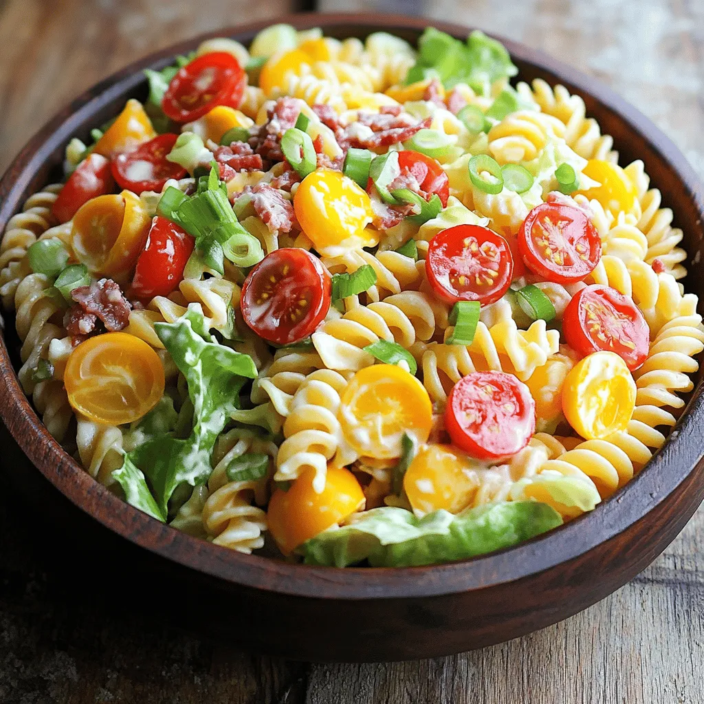 - 8 oz rotini pasta - 4 slices of turkey bacon, cooked and crumbled - 1 cup cherry tomatoes, halved - 1 cup lettuce, shredded (romaine or iceberg) - 1/2 cup mayonnaise - 1 tablespoon Dijon mustard - 1 tablespoon apple cider vinegar - 1 teaspoon garlic powder - Salt and pepper to taste - 2 green onions, sliced - 1/4 cup shredded cheddar cheese (optional) - Large mixing bowl - Small bowl for dressing - Whisk - Pot for boiling pasta - Strainer When I make this Damn Good BLT Pasta Salad, I love to gather all my ingredients first. The rotini pasta is my base. It holds the dressing well, making every bite tasty. Then, I add cooked turkey bacon. It gives a nice crunch and smoky flavor. The cherry tomatoes add a sweet burst, while the lettuce brings freshness. For the creamy dressing, I use mayonnaise, Dijon mustard, and apple cider vinegar. This mix gives a tangy and rich flavor. A little garlic powder adds depth. Don’t forget salt and pepper to make it pop! You will need a large mixing bowl to combine everything. A small bowl for the dressing helps keep things neat. I use a whisk to blend the dressing until it's smooth. A pot and strainer are vital for cooking and draining the pasta. With these ingredients and tools, you are ready to create a delicious salad. For the full recipe, check out the detailed instructions provided. Start by boiling the rotini pasta. Follow the package instructions for the right cooking time. Typically, you want it to be al dente, so keep an eye on it. Once it's cooked, drain the pasta and rinse it under cold water. This step stops the cooking and cools it down quickly. Set it aside while you prepare the other ingredients. In a large mixing bowl, combine your cooled pasta with crumbled turkey bacon, halved cherry tomatoes, and shredded lettuce. Make sure to mix them well, but be gentle. This keeps the lettuce crisp and the tomatoes intact. Once combined, set this bowl aside while you work on the dressing. In a separate small bowl, whisk together the mayonnaise, Dijon mustard, apple cider vinegar, and garlic powder. This combination gives the dressing a nice balance of creaminess and tang. Don’t forget to season it with salt and pepper to taste. Adjust it until it's just right for your palate. Now, pour that delicious dressing over your pasta mixture. Toss everything together gently until well coated. This is where the flavors start to blend. For an extra layer of taste, fold in the sliced green onions and optional cheddar cheese. The cheese adds a nice bite and richness to the dish. Finally, chill your pasta salad in the refrigerator for at least 30 minutes. This lets the flavors meld and makes the salad even better. When you’re ready to serve, give it a good toss to redistribute the dressing. Serve it chilled, and enjoy every bite of this Damn Good BLT Pasta Salad! For the full recipe, check the details above. To make your salad truly amazing, start with high-quality mayonnaise. It gives a rich creaminess that brings everything together. For a zesty kick, consider adding a splash of lemon juice. This small touch adds a bright, tangy flavor that makes your salad shine. Want to switch things up? You can use regular bacon instead of turkey bacon. This gives a richer flavor that many people love. If you enjoy fresh tastes, try adding herbs like parsley or cilantro. They bring a vibrant touch and enhance the overall flavor. How you serve your pasta salad matters. Use a clear bowl to show off those colorful ingredients. This makes the dish look even more inviting. For a finishing touch, garnish with extra green onions or cherry tomatoes. It adds a pop of color and makes your salad look gourmet. For the full recipe, check out the [Full Recipe]. {{image_2}} If you want a meat-free twist, swap turkey bacon for sautéed mushrooms or a plant-based bacon alternative. Mushrooms add a savory, umami flavor that makes the salad just as enjoyable. You can use any type of mushroom you like, but I recommend cremini or shiitake for the best taste. Their texture works well with the pasta and other fresh ingredients. For those who love a rich, creamy texture, you can increase the mayonnaise amount. Adding extra mayo makes every bite smooth and delicious. You can also mix in some Greek yogurt for added creaminess and a tangy flavor. This little trick packs in protein and keeps the salad feeling light. Want to boost the nutrition? Toss in more veggies! Bell peppers, cucumbers, and avocados are great choices. Bell peppers add crunch and sweetness, while cucumbers bring a refreshing bite. Avocados add creaminess and healthy fats. Mix and match to find your favorite combination. Each addition makes the salad even more colorful and tasty! For the full recipe, check out the [Full Recipe]. To keep your Damn Good BLT Pasta Salad fresh, store it in an airtight container. This way, it lasts up to 3 days in the fridge. I recommend eating it within this time for the best taste and texture. Freezing this pasta salad is not a good idea. The pasta can become mushy when thawed. You want to enjoy the crunch of fresh veggies and the softness of the pasta, not a soggy mess. When you pull out leftovers, give them a little refresh. A splash of vinegar or olive oil can brighten the flavors. Just mix it in well before serving. This simple trick will make your pasta salad taste almost as good as the first time! Yes, chilling the salad enhances the flavors, making it perfect for meal prep. When you let the salad sit, the tastes blend together. This makes each bite even better. I often make this a day in advance. It saves time and gives me more chances to enjoy it later. This pasta salad pairs well with grilled meats or sandwiches. It adds a fresh, tasty side to any meal. I love serving it with grilled chicken or burgers. You can also enjoy it at picnics or barbecues. It’s a crowd-pleaser. You can easily make this recipe gluten-free. Just substitute rotini pasta with gluten-free pasta options available in stores. There are many types to choose from, like rice or corn pasta. They work well and taste great in this salad. This blog post guided you through making a tasty BLT pasta salad. We covered key ingredients, step-by-step instructions, and handy tips. You learned how to tweak the recipe, store leftovers, and even explore variations. In the end, this dish is both simple and fun. It’s great for gatherings or meal prep. Enjoy mixing flavors and colors to make it your own. Happy cooking!