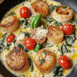 To make creamy Tuscan scallops, you need the following ingredients: - 1 lb sea scallops - 2 tablespoons olive oil - 2 tablespoons unsalted butter - 3 cloves garlic, minced - 1 cup cherry tomatoes, halved - 2 cups fresh spinach - 1 cup heavy cream - 1/2 cup grated Parmesan cheese - 1 teaspoon Italian seasoning - Salt and pepper to taste - Fresh basil for garnish These ingredients come together to create a rich and tasty dish. The scallops are the star, and they pair well with the creamy sauce. To prepare this dish, gather a few essential tools: - Large skillet - Measuring spoons - Cutting board - Chef's knife - Paper towels - Spatula or tongs Having these tools ready helps the cooking process go smoothly. A large skillet is crucial for searing the scallops evenly. Choosing fresh scallops is key to great flavor. Here are some tips: - Look for scallops that are firm to the touch. - Fresh scallops should smell like the ocean, not fishy. - Choose scallops that are wet, not dry. - Avoid scallops that have a yellow or brown tint. Selecting the right scallops is vital. Fresh scallops enhance the dish's taste and texture. For the full recipe, check out the detailed instructions. First, start with fresh sea scallops. Take 1 pound of scallops and pat them dry with a paper towel. This step is key. If they are wet, they won’t sear well. Next, season both sides with salt and pepper. This simple step enhances the scallops' flavor. Now, heat 2 tablespoons of olive oil in a large skillet over medium-high heat. Once hot, add the scallops to the pan. Sear them for about 2-3 minutes on each side. You want them golden brown and opaque. After cooking, remove the scallops from the skillet and set them aside. In the same skillet, lower the heat to medium. Add 2 tablespoons of unsalted butter. Let it melt, then add 3 cloves of minced garlic. Sauté for about 30 seconds. The scent of garlic will fill your kitchen. Next, add 1 cup of halved cherry tomatoes. Cook them for 2-3 minutes until they start to soften. Now, stir in 2 cups of fresh spinach. Cook until it wilts, about 1-2 minutes. This adds color and nutrition to your dish. Pour in 1 cup of heavy cream and stir well. Bring the mixture to a gentle simmer. Then, add 1/2 cup of grated Parmesan cheese and 1 teaspoon of Italian seasoning. Stir until the cheese melts and the sauce becomes creamy. Now, return the scallops to the skillet. Gently coat them in the creamy sauce. Let them warm through for an additional 2 minutes. This step brings everything together. Adjust the seasoning with more salt and pepper if needed. Serve the dish immediately, garnished with fresh basil. This adds a nice touch and fresh flavor. You can find the full recipe [here](#). Enjoy your delightful meal! One mistake is not drying the scallops well. When they are wet, they do not sear properly. This makes them chewy instead of crispy. Another big mistake is overcrowding the pan. If you add too many scallops, they will steam instead of sear. Lastly, be careful with the heat. Too high and they burn; too low and they cook unevenly. To get a nice sear, start with dry scallops. Use a paper towel to pat them dry. Season them with salt and pepper. Heat olive oil in a hot skillet. When the oil shimmers, gently add the scallops. Cook them for 2-3 minutes on each side. You want a golden crust. Flip them only once to keep that crust. Add more garlic for a bolder taste. You can also use fresh herbs like thyme or parsley. A squeeze of lemon juice brightens the dish. If you want heat, try a pinch of red pepper flakes. Serve with crusty bread to soak up the creamy sauce. Don't forget to check the [Full Recipe] for all the details! {{image_2}} You can swap scallops with shrimp or chicken. Shrimp cook fast and soak up flavors well. Chicken gives a hearty touch, ideal for a filling meal. Just adjust cooking times. Cook shrimp for about 2-3 minutes per side. For chicken, sear each piece for 5-7 minutes until cooked through. For a vegetarian twist, skip the scallops and use mushrooms instead. Portobello or cremini mushrooms work great. They add a meaty texture and soak up that creamy sauce. Use the same cooking steps, just replace scallops with 8 ounces of sliced mushrooms. They will take about 5-7 minutes to soften and brown. Spice things up with fresh herbs or different spices. Add red pepper flakes for heat or lemon zest for brightness. Fresh parsley or cilantro can add a fresh note. You can also try smoked paprika for a deeper flavor. Experiment with what you love! Each change can make this dish feel new and exciting. For more recipes and ideas, check out the Full Recipe. To store leftover creamy Tuscan scallops, place them in an airtight container. Make sure to let them cool to room temperature first. This helps keep the sauce and scallops fresh. Use a container that fits snugly to avoid air exposure. Store it in the fridge for best results. When you are ready to enjoy your leftovers, the best method is gentle reheating. You can use a skillet or a microwave. If using a skillet, add a bit of cream or water to the pan. Heat over low heat, stirring slowly until warm. In the microwave, use a microwave-safe dish. Heat in short bursts, stirring in between, until warm. The shelf life of cooked scallops is about three days in the fridge. The heavy cream and cheese can last longer, but once mixed, use them quickly. If you freeze the dish, it can last for about two months. However, freezing may change the texture. Always check for signs of spoilage before eating. You can pair Creamy Tuscan Scallops with many sides. A light salad works well. You can also serve it with pasta or rice to soak up the sauce. Garlic bread is a great choice too. It adds a nice crunch. Roasted vegetables can be a colorful addition. They add nutrition and flavor. Remember to keep the sides light. This way, the scallops stay the star of the meal. Yes, you can use frozen scallops. Just make sure to thaw them first. Place them in the fridge overnight. If you're in a hurry, use cold water. Avoid hot water to ensure safety. After thawing, pat them dry. This helps them sear nicely. Frozen scallops may have a bit less flavor. However, they can still taste great when cooked properly. Creamy Tuscan Scallops are rich in flavor and nutrients. Here’s a breakdown per serving: - Calories: About 450 - Protein: 30g - Fat: 35g - Carbohydrates: 8g - Fiber: 1g Remember, these numbers can vary based on how you prepare the dish. The heavy cream and butter add richness. However, fresh spinach and tomatoes provide vitamins. This meal can be a good balance of flavors and nutrients. For the full recipe, check the detailed steps above. This blog post covered how to make delicious Creamy Tuscan Scallops. You learned about key ingredients, cooking tools, and how to pick fresh scallops. I shared easy steps for preparation and cooking the perfect sauce. We also discussed tips for searing scallops and ways to enhance their flavor. Lastly, I provided storage tips and answered common questions. With these insights, you can now create a dish that impresses everyone. Enjoy your cooking journey!