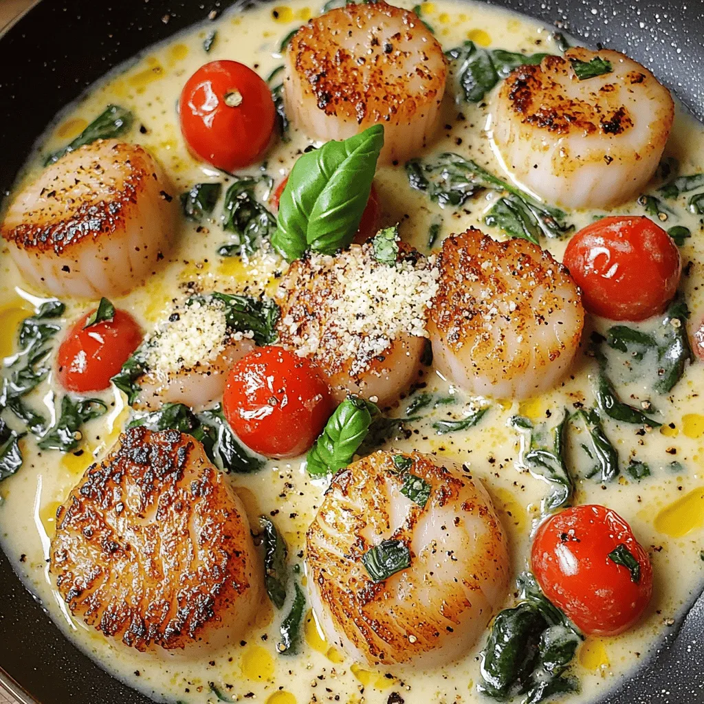To make creamy Tuscan scallops, you need the following ingredients: - 1 lb sea scallops - 2 tablespoons olive oil - 2 tablespoons unsalted butter - 3 cloves garlic, minced - 1 cup cherry tomatoes, halved - 2 cups fresh spinach - 1 cup heavy cream - 1/2 cup grated Parmesan cheese - 1 teaspoon Italian seasoning - Salt and pepper to taste - Fresh basil for garnish These ingredients come together to create a rich and tasty dish. The scallops are the star, and they pair well with the creamy sauce. To prepare this dish, gather a few essential tools: - Large skillet - Measuring spoons - Cutting board - Chef's knife - Paper towels - Spatula or tongs Having these tools ready helps the cooking process go smoothly. A large skillet is crucial for searing the scallops evenly. Choosing fresh scallops is key to great flavor. Here are some tips: - Look for scallops that are firm to the touch. - Fresh scallops should smell like the ocean, not fishy. - Choose scallops that are wet, not dry. - Avoid scallops that have a yellow or brown tint. Selecting the right scallops is vital. Fresh scallops enhance the dish's taste and texture. For the full recipe, check out the detailed instructions. First, start with fresh sea scallops. Take 1 pound of scallops and pat them dry with a paper towel. This step is key. If they are wet, they won’t sear well. Next, season both sides with salt and pepper. This simple step enhances the scallops' flavor. Now, heat 2 tablespoons of olive oil in a large skillet over medium-high heat. Once hot, add the scallops to the pan. Sear them for about 2-3 minutes on each side. You want them golden brown and opaque. After cooking, remove the scallops from the skillet and set them aside. In the same skillet, lower the heat to medium. Add 2 tablespoons of unsalted butter. Let it melt, then add 3 cloves of minced garlic. Sauté for about 30 seconds. The scent of garlic will fill your kitchen. Next, add 1 cup of halved cherry tomatoes. Cook them for 2-3 minutes until they start to soften. Now, stir in 2 cups of fresh spinach. Cook until it wilts, about 1-2 minutes. This adds color and nutrition to your dish. Pour in 1 cup of heavy cream and stir well. Bring the mixture to a gentle simmer. Then, add 1/2 cup of grated Parmesan cheese and 1 teaspoon of Italian seasoning. Stir until the cheese melts and the sauce becomes creamy. Now, return the scallops to the skillet. Gently coat them in the creamy sauce. Let them warm through for an additional 2 minutes. This step brings everything together. Adjust the seasoning with more salt and pepper if needed. Serve the dish immediately, garnished with fresh basil. This adds a nice touch and fresh flavor. You can find the full recipe [here](#). Enjoy your delightful meal! One mistake is not drying the scallops well. When they are wet, they do not sear properly. This makes them chewy instead of crispy. Another big mistake is overcrowding the pan. If you add too many scallops, they will steam instead of sear. Lastly, be careful with the heat. Too high and they burn; too low and they cook unevenly. To get a nice sear, start with dry scallops. Use a paper towel to pat them dry. Season them with salt and pepper. Heat olive oil in a hot skillet. When the oil shimmers, gently add the scallops. Cook them for 2-3 minutes on each side. You want a golden crust. Flip them only once to keep that crust. Add more garlic for a bolder taste. You can also use fresh herbs like thyme or parsley. A squeeze of lemon juice brightens the dish. If you want heat, try a pinch of red pepper flakes. Serve with crusty bread to soak up the creamy sauce. Don't forget to check the [Full Recipe] for all the details! {{image_2}} You can swap scallops with shrimp or chicken. Shrimp cook fast and soak up flavors well. Chicken gives a hearty touch, ideal for a filling meal. Just adjust cooking times. Cook shrimp for about 2-3 minutes per side. For chicken, sear each piece for 5-7 minutes until cooked through. For a vegetarian twist, skip the scallops and use mushrooms instead. Portobello or cremini mushrooms work great. They add a meaty texture and soak up that creamy sauce. Use the same cooking steps, just replace scallops with 8 ounces of sliced mushrooms. They will take about 5-7 minutes to soften and brown. Spice things up with fresh herbs or different spices. Add red pepper flakes for heat or lemon zest for brightness. Fresh parsley or cilantro can add a fresh note. You can also try smoked paprika for a deeper flavor. Experiment with what you love! Each change can make this dish feel new and exciting. For more recipes and ideas, check out the Full Recipe. To store leftover creamy Tuscan scallops, place them in an airtight container. Make sure to let them cool to room temperature first. This helps keep the sauce and scallops fresh. Use a container that fits snugly to avoid air exposure. Store it in the fridge for best results. When you are ready to enjoy your leftovers, the best method is gentle reheating. You can use a skillet or a microwave. If using a skillet, add a bit of cream or water to the pan. Heat over low heat, stirring slowly until warm. In the microwave, use a microwave-safe dish. Heat in short bursts, stirring in between, until warm. The shelf life of cooked scallops is about three days in the fridge. The heavy cream and cheese can last longer, but once mixed, use them quickly. If you freeze the dish, it can last for about two months. However, freezing may change the texture. Always check for signs of spoilage before eating. You can pair Creamy Tuscan Scallops with many sides. A light salad works well. You can also serve it with pasta or rice to soak up the sauce. Garlic bread is a great choice too. It adds a nice crunch. Roasted vegetables can be a colorful addition. They add nutrition and flavor. Remember to keep the sides light. This way, the scallops stay the star of the meal. Yes, you can use frozen scallops. Just make sure to thaw them first. Place them in the fridge overnight. If you're in a hurry, use cold water. Avoid hot water to ensure safety. After thawing, pat them dry. This helps them sear nicely. Frozen scallops may have a bit less flavor. However, they can still taste great when cooked properly. Creamy Tuscan Scallops are rich in flavor and nutrients. Here’s a breakdown per serving: - Calories: About 450 - Protein: 30g - Fat: 35g - Carbohydrates: 8g - Fiber: 1g Remember, these numbers can vary based on how you prepare the dish. The heavy cream and butter add richness. However, fresh spinach and tomatoes provide vitamins. This meal can be a good balance of flavors and nutrients. For the full recipe, check the detailed steps above. This blog post covered how to make delicious Creamy Tuscan Scallops. You learned about key ingredients, cooking tools, and how to pick fresh scallops. I shared easy steps for preparation and cooking the perfect sauce. We also discussed tips for searing scallops and ways to enhance their flavor. Lastly, I provided storage tips and answered common questions. With these insights, you can now create a dish that impresses everyone. Enjoy your cooking journey!
