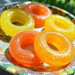 - 2 cups peach juice (fresh or store-bought) - 1/2 cup granulated sugar - 1/4 cup water - 2 tablespoons lemon juice - 1 tablespoon agar-agar powder (or gelatin) - 1/4 teaspoon citric acid (optional) - Cooking spray or cornstarch for dusting To make homemade peach ring gummies, you need fresh and simple ingredients. Start with peach juice. You can use fresh juice or store-bought. I love using fresh juice for a brighter flavor. You will also need granulated sugar. This gives sweetness to the gummies. Water is important to help dissolve the sugar. You’ll need lemon juice too. It adds a nice zing to balance the sweetness. Agar-agar powder is a key ingredient for a firm texture. If you want a non-vegetarian option, use gelatin instead. Citric acid is optional but adds a fun tartness. Lastly, you will want cooking spray or cornstarch. This helps to dust the molds so the gummies come out easily. Gather these items before starting. Having everything ready will make the process smooth. Check out the Full Recipe for all the steps to create these tasty treats! To start, gather your peach juice, sugar, and water. In a medium saucepan, combine these ingredients. Heat the mixture over medium heat. Stir well until the sugar dissolves completely. It is crucial to avoid boiling. Boiling can change the texture of your gummies. Next, you need to add the thickener. If you are using agar-agar, sprinkle it over the peach juice mixture. Whisk it in for about 2-3 minutes until it is fully dissolved. If you choose gelatin, remove the saucepan from heat first. Then, add the gelatin and whisk until it mixes in well. Now, add lemon juice and citric acid if you want extra flavor. Stir these in during the last minute of cooking. Again, do not let the mixture boil. Once done, remove the saucepan from the heat. Allow the mixture to cool for about 5 minutes before pouring. Carefully pour the peach mixture into your gummy molds. Make sure to tap the molds gently on the counter. This releases any trapped air bubbles. Place the molds in the refrigerator for about 2-3 hours. Wait until the gummies fully set before removing them. For the full recipe, you can refer to the detailed instructions above. Enjoy making your peach ring gummies! To get the best gummy texture, use the right sugar level. You can adjust the sugar based on your taste. If you like your gummies sweeter, add a little more sugar. If you prefer them less sweet, reduce the sugar. This flexibility helps you make gummies just how you like them. Using citric acid can boost the flavor. It adds a nice tartness that complements the sweet peach. Just a little goes a long way. Mix it in along with the lemon juice during the cooking process. This step enhances the overall taste of your gummies. Sometimes gummies can turn out too hard or too soft. If your gummies are too hard, add a bit more water next time. This helps soften them. If they turn out too soft, you may need to use a bit more agar-agar or gelatin. Finding the right balance is key. Getting gummies out of molds can be tricky. To help, spray the molds lightly with cooking spray. This helps the gummies pop out easily. If you don’t have spray, dust the molds with cornstarch. It prevents sticking and makes removal smooth. To serve your gummies in style, arrange them on a nice plate. You can sprinkle some edible glitter on top for a fun touch. For gifts, use small glass jars. Tie them with a ribbon for a cute look. This makes your homemade peach ring gummies special and delightful. For the full recipe, check out the detailed instructions above. Enjoy making these tasty treats! {{image_2}} You can get creative with your peach ring gummies by adding other fruit juices. Mango and strawberry juices mix well with peach juice. They give a fun twist to the taste. You can also blend different juices for a layered effect. Try mixing peach juice with a bit of pineapple for a tropical flavor. Adding herbs or spices can make your gummies unique. For example, a hint of mint or basil can add a fresh taste. You could also try a dash of cinnamon for warmth. The possibilities are endless! If you prefer a vegan option, you can use agar-agar instead of gelatin. Agar-agar is a plant-based thickener. It works well to create the same chewy texture. Just follow the same steps in the recipe, and you’ll have vegan peach gummies. For a healthier version, consider using sugar-free sweeteners. There are many options like stevia or erythritol. These can help cut down on calories while keeping the flavor. Make sure to adjust the amount to suit your taste. You can still enjoy delicious homemade peach ring gummies without the extra sugar! For the full recipe, check out the details above. To keep your homemade peach ring gummies fresh, storage matters. You can store them in the fridge or freeze them. - Refrigeration: Place your gummies in an airtight container. They last longer when kept cool. - Freezing: For longer storage, freeze the gummies in a single layer on a baking sheet. Once frozen, transfer them to a freezer-safe bag. This keeps them from sticking together. Make sure to label your containers with the date. This way, you know when you made them! Homemade peach gummies can last about one week in the fridge. When kept in the freezer, they can last up to three months. To check for spoilage, look for these signs: - Texture Change: If they become hard or sticky, it’s time to toss them. - Color Fading: If the color looks dull or off, it’s best to discard them. - Off Smell: If they smell strange, do not eat them. Always trust your senses when it comes to food safety! For step-by-step guidance, refer to the Full Recipe. Yes, you can use fresh peaches! First, wash and peel the peaches. Then, chop them into small pieces. Blend the pieces in a blender until smooth. After that, strain the mixture through a fine mesh sieve. This will remove the pulp and give you smooth peach juice. You need about 2 cups of juice for the recipe. If you don’t have gummy molds, don’t worry! You can use a flat dish instead. Just pour your mixture into the dish and let it set. Once set, cut the gummies into small squares or shapes with a knife. You can also use ice cube trays or silicone molds for fun shapes. To change the sweetness, you can add more or less sugar. If you want sweeter gummies, add a bit more sugar to the peach juice mixture. For less sweetness, reduce the sugar. You can taste the mixture before it cools to find the right balance for you. Yes, you can use gelatin instead of agar-agar. Both will make gummies, but they act differently. Gelatin gives a chewy texture, while agar-agar makes a firmer gummy. If using gelatin, remove the mixture from heat before adding it. Stir until it is fully mixed in. Homemade peach ring gummies are fun and tasty treats you can make easily. We covered the ingredients, step-by-step instructions, and helpful tips to ensure success. Remember, using peach juice and the right gelling agent is key to great texture and flavor. Don’t hesitate to try new fruit combinations or dietary changes. These gummies can impress anyone and be stored well. Enjoy making your own unique peachy delights and share them with friends! Your kitchen adventure awaits!