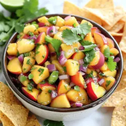 To make delicious peach salsa, you need fresh and vibrant ingredients. Each one plays a key role in building flavor. Here is the list of ingredients you'll need: - Ripe peaches - Red bell pepper - Red onion - Jalapeño - Fresh cilantro - Lime juice - Salt and pepper - Honey (optional) Ripe peaches are the star of this dish. Look for ones that give slightly when you press them. Their sweet and juicy flavor shines in every bite. The red bell pepper adds a nice crunch and color. Red onion gives a sharp taste that balances the sweetness. Jalapeño adds a kick, so adjust it to your spice level. Fresh cilantro brings a bright, herbal note. Lime juice adds acidity, which brightens the salsa. Salt and pepper enhance all the flavors. If you like a touch of sweetness, honey is a great option. Using these fresh ingredients ensures your peach salsa is bright and tasty. For the full recipe, check out the details above. To make peach salsa, start by dicing the peaches correctly. Choose ripe peaches for the best flavor. Cut the peaches in half and remove the pit. Then, slice them into small pieces. Aim for uniform cubes to help with even mixing. Place the diced peaches into a medium-sized mixing bowl. Next, chop the vegetables. Finely chop the red bell pepper and red onion. The red bell pepper adds sweetness, while the onion gives a nice bite. Add these chopped veggies to the bowl with the peaches. Now, it's time to mix the ingredients in the bowl. Carefully seed and mince the jalapeño. Adjust the amount based on your heat level. Mix the minced jalapeño into the bowl. Add the chopped cilantro for a burst of freshness. When combining the ingredients, start with the peaches and veggies. Mix them gently to avoid bruising the peaches. After everything is in the bowl, squeeze the lime juice over the mixture. Lime juice brightens the flavors and keeps the salsa fresh. If you like a touch of sweetness, drizzle in honey. This step is optional but can balance the heat from the jalapeño. Season with salt and pepper to your taste. Mix until everything looks colorful and well combined. Let the salsa rest for at least 15 minutes. This resting period allows the flavors to meld together. The longer it sits, the more delicious it becomes. For presentation, serve the peach salsa in a colorful bowl. Garnish it with extra cilantro leaves for a fresh look. Pair the salsa with tortilla chips or use it on grilled chicken or fish. This makes for a delightful summer meal. You can find the Full Recipe above to try this at home! To make great peach salsa, you need ripe peaches. Look for peaches that feel slightly soft but not mushy. They should have a sweet scent. A yellow or golden color is also a good sign of ripeness. The best peach varieties for salsa are the freestone peaches. They come off the pit easily. Varieties like Yellow Cling and Donut peaches also work well. Each brings its unique flavor to the salsa. The jalapeño adds heat to your salsa. If you want less heat, remove the seeds and ribs. This part of the pepper holds most of the spice. You can also use less jalapeño. Start with half and taste it. If you prefer more spice, try serrano peppers. They are hotter than jalapeños. You could also add red pepper flakes for a different kick. Adjust to your taste for the perfect balance. Peach salsa pairs perfectly with tortilla chips. The sweet and spicy mix is a real crowd-pleaser. You can also serve it on grilled chicken or fish. It adds freshness to a simple meal. Try using peach salsa as a topping for tacos or burritos. The flavors brighten up these dishes. You can even mix it into salads for a fruity twist. Enjoy this summer delight with your favorite foods! For the complete recipe, check out the Full Recipe. {{image_2}} You can mix peach salsa in fun ways. Try sweet and spicy variations. For a kick, add diced jalapeños. If you like it sweeter, toss in honey or brown sugar. You can also add fruits like mango or pineapple. These fruits bring new flavors and textures. They add a tropical twist to your salsa. You can switch it up based on what you have at home. Peach salsa is easy to adjust for diets. It’s naturally vegan and gluten-free. Just skip the honey if you want. For low-sodium options, use fresh lime juice. You can also skip added salt and still enjoy great taste. Always check labels on store-bought ingredients to make sure they fit your needs. Use fresh, seasonal ingredients to make your salsa bright. In summer, ripe peaches shine. In winter, you can swap in apples or pears. These fruits still give you a tasty salsa. You can even use canned fruits if fresh ones are hard to find. Just remember to drain them well. For a unique twist, try adding cranberries during the fall. This keeps your salsa exciting all year long. For the complete recipe, check out the Full Recipe section. To keep your peach salsa fresh, use a glass jar or an airtight container. These containers help seal in flavor and keep out air. Store your salsa in the fridge. It stays good for about 3 to 5 days. After that, the taste may change. Yes, you can freeze peach salsa! It’s a great way to save extra salsa for later. First, pour the salsa into a freezer-safe container, leaving some space at the top for expansion. Seal it tightly and label it with the date. When you want to use it, take the container out and place it in the fridge overnight to thaw. You can also thaw it in cold water for a quicker option. Leftover peach salsa can lose some of its zing over time. To bring it back to life, squeeze in some fresh lime juice. This adds brightness and balances the flavors. You can also chop up a little extra cilantro or even add diced fresh peaches for a burst of freshness. These simple steps make your salsa taste like new again! Peach salsa lasts about 3 to 5 days in the fridge. Store it in an airtight container. Always check for signs of spoilage before eating. If it looks or smells off, toss it out. Fresh salsa tastes best, so try to eat it quickly. Yes, you can make peach salsa a day ahead. This allows the flavors to blend better. Just keep it in the fridge. If you make it early, add the lime juice just before serving. This keeps the salsa fresh and bright. Peach salsa pairs well with many dishes. Try it with tortilla chips for a snack. It also works great as a topping for grilled chicken or fish. Use it in tacos or on a salad for a fresh twist. The options are endless! Peach salsa is quite healthy! It has fresh fruits and veggies, which are full of vitamins. One serving has about 50 calories. The fiber from the peaches and peppers helps with digestion. Plus, it adds flavor without extra fat or sugar. Yes, you can skip the cilantro if you don’t like it. Try parsley or mint instead for a fresh taste. You can also use a bit of lime zest for added flavor. Just remember to adjust the amount based on your taste. For the full recipe, check out the Peach Salsa Fiesta! Peach salsa brings together fresh peaches, red bell pepper, and lime juice for a tasty treat. As we explored, the right ingredients and steps enhance flavor. You can personalize spice levels and try different fruits for unique twists. Storing peach salsa correctly keeps it fresh and delicious. In the end, this healthy and vibrant salsa is perfect for sharing with friends. Enjoy it with chips or as a topping. Make it your own and savor every bite!