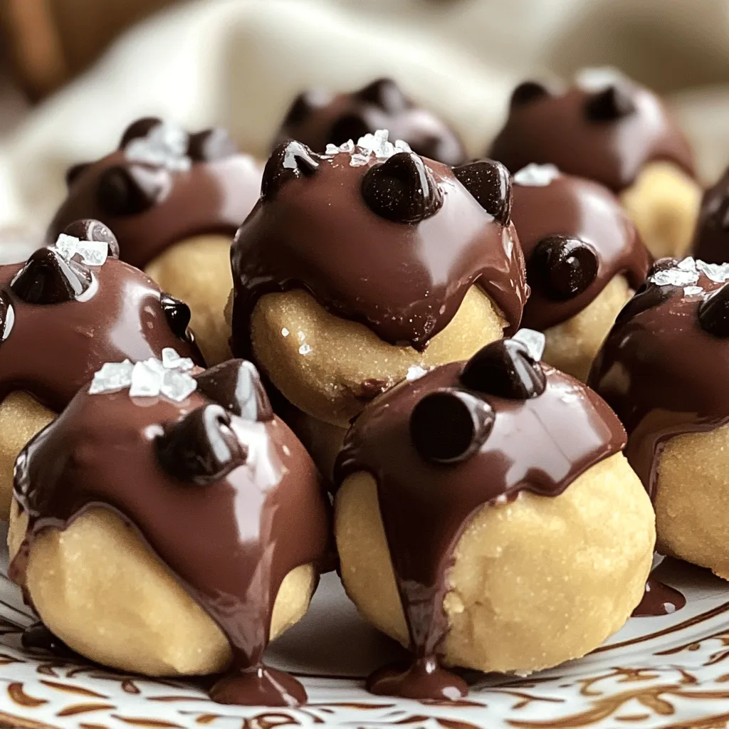 - 1 cup almond flour - 1/2 teaspoon baking soda - 1/4 teaspoon salt These main ingredients form the base of your cookie dough bites. Almond flour gives a nutty taste and soft texture. Baking soda helps the bites rise a bit, making them light. Salt enhances the flavors and balances the sweetness. - 1/4 cup maple syrup - 1/4 cup coconut oil, melted Maple syrup is a natural sweetener that adds rich flavor. It keeps your bites moist and chewy. Coconut oil provides healthy fats and a subtle coconut taste. Make sure it's melted for easy mixing. - 1 teaspoon vanilla extract - 1/2 cup chocolate chips (dark or semi-sweet) - 1/4 cup crushed pecans (optional) Vanilla extract brings warmth and depth to the flavor. Chocolate chips give that classic cookie taste. You can use dark or semi-sweet chips, depending on your taste. If you want more crunch, add crushed pecans. They add texture and nutty goodness. For the full recipe, you can check out the complete details to make these delightful bites. First, we need to mix the dry ingredients. In a medium bowl, combine: - 1 cup almond flour - 1/2 teaspoon baking soda - 1/4 teaspoon salt Mix these until they are fully blended. Next, we combine the wet ingredients. Add to the dry mix: - 1/4 cup maple syrup - 1/4 cup coconut oil, melted - 1 teaspoon vanilla extract Stir this mixture until a soft dough forms. This step is key for flavor. Now it’s time to form the bites. Scoop out tablespoon-sized portions of the dough. Roll each portion into a ball between your hands. Place these on a parchment-lined baking sheet. Make sure they have space between them. This allows them to chill well. After rolling the bites, refrigerate them for at least 30 minutes. This helps them firm up nicely. If you want to add a fun twist, melt some chocolate. Dip half of each bite into the chocolate, then let them set back on the parchment paper. Chill for another 15 minutes after dipping. For a special touch, serve them on a nice plate. You can drizzle more chocolate or sprinkle sea salt on top. For the full recipe, check out the detailed instructions! To get the perfect texture in your cookie dough bites, start with almond flour. This flour gives a nice, soft feel. If your dough seems too thick, add a bit more almond flour. This helps it stay moist but not too sticky. For sweetness, balance is key. If you find the dough too sweet, reduce the maple syrup slightly. This makes each bite just right. When you serve these cookie dough bites, presentation matters. Arrange them on a pretty plate. You can drizzle melted chocolate on top for flair. A sprinkle of sea salt adds a nice touch, too. For drinks, pair them with warm coffee or cold milk. This combo makes the bites even more enjoyable. You can save time by making these bites ahead. Just roll them into balls and freeze. They stay fresh for up to a month in the freezer. When you want some, let them sit out for a few minutes before eating. You can also try a no-bake version. This way, you skip the chilling step entirely. Just mix, roll, and enjoy right away! Check out the Full Recipe for more details. {{image_2}} You can make vegan chocolate chip cookie dough bites easily. Replace the maple syrup with agave nectar. Use a plant-based butter instead of coconut oil. This way, everyone can enjoy them! For gluten-free bites, stick to almond flour as your base. It gives a great taste and texture. You can also add gluten-free chocolate chips for extra flavor. Want to mix things up? Try adding different extracts. Almond extract gives a nutty taste. Peppermint extract adds a fresh twist. Both can enhance the flavor of your bites. You can also include other mix-ins like nuts or dried fruit. Chopped walnuts or cranberries add great texture and taste. Get creative with what you like! When it comes to chocolate, you have choices. Milk chocolate chips are sweeter and creamy. Dark chocolate chips add a rich, bold flavor. For a fun twist, consider using white chocolate chips. Each type brings its unique taste to your cookie dough bites. Try mixing different chocolates together for a delicious treat! You can follow the Full Recipe to create these tasty variations and find your favorite! Store your Chocolate Chip Cookie Dough Bites in an airtight container. Keeping them in the fridge works best. They stay fresh for up to one week. This way, you can enjoy a tasty bite whenever you want. If you want to keep them longer, freezing is a great option. Place the bites on a baking sheet first. Freeze them for about an hour. Once solid, transfer them to a freezer-safe bag. They can last up to three months in the freezer. To thaw, just leave them in the fridge for a few hours or overnight. If the bites feel a bit firm after refrigeration, you can revive their texture. Let them sit at room temperature for about 10 minutes. This makes them softer and easier to eat. If you prefer, you can re-dip them in melted chocolate for a fresh look and taste. This adds a fun twist every time you serve them. To make Chocolate Chip Cookie Dough Bites, you start by mixing dry and wet ingredients. First, in a medium bowl, combine almond flour, baking soda, and salt. Mix these well until combined. Next, add maple syrup, melted coconut oil, and vanilla extract. Stir until you form a dough. Then, fold in chocolate chips and optional crushed pecans. Scoop tablespoon-sized portions and roll them into balls. Place them on a lined baking sheet. Chill them for at least 30 minutes to firm up. If you like, dip half in melted chocolate for a special touch. You can find the full recipe above. Yes, these bites are naturally gluten-free because they use almond flour. You can easily swap almond flour with other gluten-free options, like oat flour or a gluten-free blend. Make sure to check that these substitutes are safe for your needs. This way, you can enjoy delicious bites without worry. Chocolate Chip Cookie Dough Bites can last up to a week when stored properly. Place them in an airtight container in the fridge. This keeps them fresh and tasty. If you want to enjoy them longer, you can freeze them. Just make sure to thaw them before serving. This way, you always have a treat ready to go! In this post, we explored making delicious Chocolate Chip Cookie Dough Bites. We covered ingredients like almond flour, maple syrup, and coconut oil. You learned step-by-step instructions, tips for perfection, and variations for every diet. Remember, you can store these bites easily and enjoy them fresh or frozen. With these details, you can create delightful treats that suit your taste. Enjoy your baking and feel free to experiment with flavors!