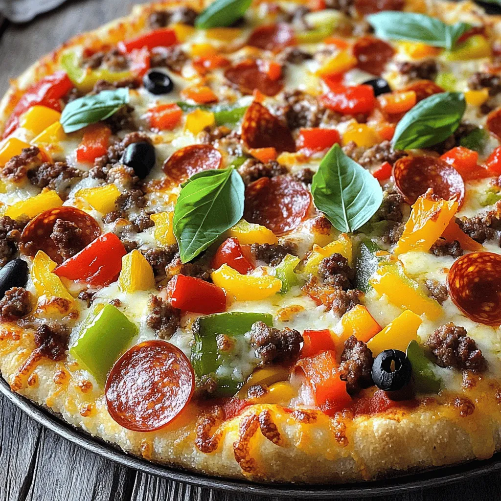 To create this deep hamburger sausage and pepperoni pie, you will need: - 1 premade deep-dish pizza crust - 1 lb ground beef - 1/2 lb Italian sausage, casings removed - 1/2 cup sliced pepperoni - 1 cup shredded mozzarella cheese - 1 cup marinara sauce - 1 cup diced bell peppers (mix of red, green, and yellow) For extra flavor and fun, consider adding: - 1/2 cup sliced black olives - Fresh basil leaves for garnish To bring it all together, use these spices: - 1 teaspoon Italian seasoning - 1/2 teaspoon garlic powder - Salt and pepper, to taste When you gather these ingredients, you set the stage for a pie full of rich taste. The ground beef and Italian sausage provide a savory base. The pepperoni adds a delightful crunch. The bell peppers bring freshness, and cheese ties everything together. The optional olives and basil enhance the flavor and look of your dish. Make sure to follow the full recipe closely for the best results. Each ingredient plays a key role in making your pie a hit! Cooking the meats Start by heating a skillet over medium heat. Add 1 pound of ground beef and 1/2 pound of Italian sausage. Cook until the meats are browned. Use a spatula to break them into small pieces. Once cooked, drain any excess fat. Sautéing the vegetables Next, add 1 cup of diced bell peppers to the meat. I love using a mix of red, green, and yellow peppers for color and flavor. Sprinkle in 1 teaspoon of Italian seasoning, 1/2 teaspoon of garlic powder, and salt and pepper to taste. Cook this mixture for about 5 minutes. The peppers should soften but still have some crunch. Remove the skillet from the heat. Layering ingredients in the crust Grab your premade deep-dish pizza crust and place it in a deep pizza pan. This crust will hold all the tasty fillings. Start by spreading half of 1 cup of marinara sauce evenly on the bottom. Then, layer half of your cooked meat mixture over the sauce. Spreading marinara sauce Next, add a generous layer of 1/2 cup sliced pepperoni on top of the meat. Follow that with half of 1 cup of shredded mozzarella cheese. Repeat these layers: marinara sauce, meat, pepperoni, and cheese. If you like black olives, sprinkle 1/2 cup on top of the cheese for extra flavor. Preheating the oven Before baking, preheat your oven to 375°F (190°C). This step helps the pie cook evenly and develop a nice crust. Baking time and tips for doneness Place the pie in the oven and bake for 25 to 30 minutes. Look for bubbly cheese and a golden brown top. When it’s done, remove it from the oven. Let it cool for about 5 to 10 minutes before slicing. Garnish with fresh basil leaves for a beautiful finish. Enjoy your deep hamburger sausage and pepperoni pie! For the full recipe, check out the details above. To make your pie shine, start with the crust. A crispy crust is key. You can achieve this by pre-baking the crust for about 10 minutes before adding fillings. This helps keep it firm. Place a baking sheet under the pie dish to catch any drips. Layering ingredients is also important. Start with marinara sauce on the bottom. Then add your meat mixture, followed by cheese and pepperoni. Repeat these layers. This technique helps keep the flavors balanced and prevents sogginess. If you want a meat-free option, try using mushrooms or zucchini. These veggies add great flavor and texture. You can also swap the mozzarella for a blend of cheddar and provolone for a different taste. For cheese alternatives, consider vegan cheese or a nut-based option. These can melt well and still taste delicious. Pair your pie with a fresh salad for a great side dish. A simple arugula salad with lemon vinaigrette complements the savory flavors. For presentation, slice the pie into generous wedges. Serve on large plates with a side of marinara sauce. Drizzling some extra sauce on top adds a nice touch. Make sure to garnish with fresh basil leaves for color and flavor. This makes the dish look and taste even better. For the full recipe, check out the provided link. {{image_2}} You can change the taste of your Deep Hamburger Sausage & Pepperoni Pie by adding different meats. Try using ground turkey or chicken for a lighter option. You can also mix in some bacon for extra flavor. Experiment with unique seasonings or sauces. Instead of marinara, use barbecue sauce for a sweet twist. Adding a dash of smoked paprika or red pepper flakes can give your pie a kick. If you need a gluten-free option, go for a gluten-free crust. Many stores sell good gluten-free deep-dish crusts. You can also make your own using almond flour or cauliflower. For low-carb lovers, consider using a meat crust. Pressed ground meat can form a solid base. This keeps your pie tasty and cuts down on carbs. Have fun with different types of fillings. You can add veggies like spinach or mushrooms for more nutrition. Try using different cheeses, like cheddar or feta, for a new flavor. Get creative with your toppings. Top your pie with fresh herbs or a drizzle of hot sauce. You can even add a layer of sliced tomatoes or jalapeños for a pop of color and taste. Explore more recipes to find your new favorite pie! Check out the Full Recipe for complete instructions. To keep your pie fresh, let it cool first. Wrap slices in plastic wrap or foil. Place them in an airtight container. Store in the fridge. This keeps the flavors strong and the crust from getting soggy. For reheating, use the oven for the best results. Preheat it to 350°F (175°C). Place the slices on a baking sheet. Heat for about 10-15 minutes. You can also use a microwave, but the crust may not stay crispy. You can freeze the pie before or after baking. If you freeze it before baking, wrap it tightly in plastic wrap. Then, cover it with foil. This helps keep out air and prevents freezer burn. If you freeze it after baking, let it cool. Then, wrap it just like before. For best results, eat frozen pie within three months. When you’re ready to enjoy it, thaw it in the fridge overnight. Bake it in the oven at 375°F (190°C) for about 25-30 minutes. This will warm it through and give you a nice crust. In the fridge, your deep hamburger sausage and pepperoni pie lasts about 3-4 days. In the freezer, it can last up to 3 months. Always check for any strange smells or colors before eating leftovers. Look for a few key signs. First, check the cheese. It should be bubbly and golden brown. Second, the crust will feel firm to the touch. Lastly, a thermometer can help. Aim for an internal temperature of 165°F. This ensures that all the ingredients are cooked through and safe to eat. Yes, you can! If you want a different crust, consider these options. You can make your own dough from scratch. A simple recipe includes flour, water, and salt. You can also try using a puff pastry for a flaky texture. If you want a healthier choice, use a cauliflower crust. This option is gluten-free and low in carbs. To add some heat to your pie, consider a few spice additions. You can mix in red pepper flakes or cayenne pepper with the meat. For a fresh kick, add sliced jalapeños or diced habaneros to the filling. You can also use spicy pepperoni instead of regular. Each of these will bring a tasty heat to your dish. This blog post covered how to create a delicious deep-dish pizza. You learned about essential ingredients like ground beef, Italian sausage, and spices. The step-by-step guide helped you prepare the filling, assemble the pie, and bake it perfectly. I shared tips for a crispy crust and serving suggestions. Remember, you can get creative with flavors and dietary needs. Lastly, storing and reheating your leftovers is easy. Dive into making your deep-dish pizza and enjoy every bite!
