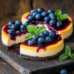 - 1 ½ cups graham cracker crumbs - ½ cup unsalted butter, melted - 2 cups cream cheese, softened - 1 cup granulated sugar - 1 teaspoon vanilla extract - 3 large eggs - 1 cup sour cream - 1 cup fresh blueberries The main ingredients for this cheesecake create a rich and creamy texture. The cream cheese gives it body, while the sour cream adds a nice tang. The graham cracker crumbs, mixed with melted butter, form a sweet base that balances the filling. - 1 cup mixed berries (strawberries, blueberries, raspberries) - ¼ cup granulated sugar - 2 tablespoons lemon juice - 1 teaspoon cornstarch (optional for thickness) The berry sauce brings brightness to the cheesecake. The mixed berries provide a burst of flavor. The lemon juice enhances the sweetness. If you want a thicker sauce, the cornstarch can help achieve that. - 9-inch springform pan - Mixing bowls - Electric mixer or whisk - Small saucepan Using the right equipment makes a big difference. A springform pan allows easy removal of the cheesecake. Mixing bowls help keep the process organized. An electric mixer speeds up the mixing, while a small saucepan is perfect for the berry sauce. With these ingredients and tools, you’re ready to create a delightful dessert. For the full recipe, you can check the detailed instructions above. - Preheat your oven to 325°F (160°C). - In a bowl, mix graham cracker crumbs with melted butter. Press this mixture into the bottom of a 9-inch springform pan. - Bake for 10 minutes, then let it cool. - Beat the softened cream cheese in a large bowl until smooth. Gradually add the sugar while mixing. - Next, add vanilla extract and mix well. - Add the eggs one at a time. Mix on low speed after each egg. - Finally, gently fold in the sour cream and blueberries. Be careful not to mash the blueberries. - Pour the cheesecake batter over the cooled crust. Smooth the top with a spatula. - Bake in the preheated oven for 50-55 minutes. The center should have a slight jiggle. - After baking, turn off the oven. Leave the cheesecake in the oven with the door slightly open for 1 hour. This helps prevent cracks. - Once cooled, refrigerate the cheesecake for at least 4 hours or overnight for best results. For the complete instructions, check the Full Recipe. To get a smooth cheesecake, use room temperature ingredients. Cold cream cheese can lead to lumps. Mix only until just combined. Overmixing can create cracks in your cheesecake. A gentle hand is key to a creamy finish. Choose ripe and fresh berries for the best taste. Ripe berries burst with flavor and add a bright color. Adjust the sweetness of the sauce to fit your taste. If you like it sweeter, add more sugar. If you prefer it tart, use less. Garnish each slice with fresh mint and extra blueberries. This adds a pop of color and a hint of freshness. Serve with whipped cream for a rich touch. It makes every bite feel special and indulgent. {{image_2}} You can switch up the topping for your cheesecake. Use strawberries or raspberries for a fresh twist. These fruits add a bright color and taste. A mixed berry topping also works great. This adds a fun and colorful look to your dessert. You can mix blueberries, strawberries, and raspberries. The flavors blend well and look beautiful on the plate. Want to try something different? You can use honey or agave syrup instead of sugar. Both add sweetness with their unique flavors. Coconut sugar is another option. It has a rich taste and works well in the cheesecake. Experimenting with sweeteners can change the whole dish. If you're gluten-free, you can still enjoy this cheesecake. Use gluten-free graham cracker crumbs for the crust. Make sure that all your other ingredients are gluten-free too. With these simple swaps, you can enjoy the same great cheesecake without worry. Store your cheesecake in the fridge for up to 5 days. Cover it with plastic wrap or foil to keep it fresh. This will help maintain its creamy texture and rich flavor. You can freeze any unserved cheesecake for up to 3 months. Wrap it well in plastic wrap and then place it in an airtight container. When you’re ready to enjoy it, let it thaw in your fridge overnight. This keeps the taste and texture nice. Keep your berry sauce in an airtight container in the fridge. It stays fresh for about a week. If you want to store it longer, you can freeze it too. Just pour it into a freezer-safe container and it will last for months. Yes, you can! For cream cheese, use a dairy-free option made from nuts or soy. You can replace sour cream with coconut yogurt or silken tofu blended until smooth. These swaps keep the creaminess while making it dairy-free. Check the center of the cheesecake. It should have a slight jiggle. This jiggle means it is still soft inside. As it cools, the cheesecake will set up nicely. You have many tasty options! Consider drizzling chocolate sauce for a rich touch. Caramel drizzle adds sweetness, while fresh fruit gives a vibrant look. Each topping brings a new flavor twist. To stop cracks, try the water bath method. Place your springform pan in a larger pan filled with water while baking. This helps keep the cheesecake moist. Also, avoid overbaking it, as this can cause cracks too. Absolutely! Make this cheesecake a day or two ahead of time. It tastes even better after chilling. Let it rest in the fridge to allow the flavors to meld for the best taste. For the full recipe, check out Easy Blueberry Cheesecake Delight. You can create a delicious cheesecake by following the steps and tips provided. Remember to use fresh ingredients for the best taste. Try different fruits or sweeteners to personalize your dessert. You can store it safely in the fridge or freeze it for later. Lastly, don’t hesitate to experiment and find what you love most. Enjoy making and sharing your perfect cheesecake!