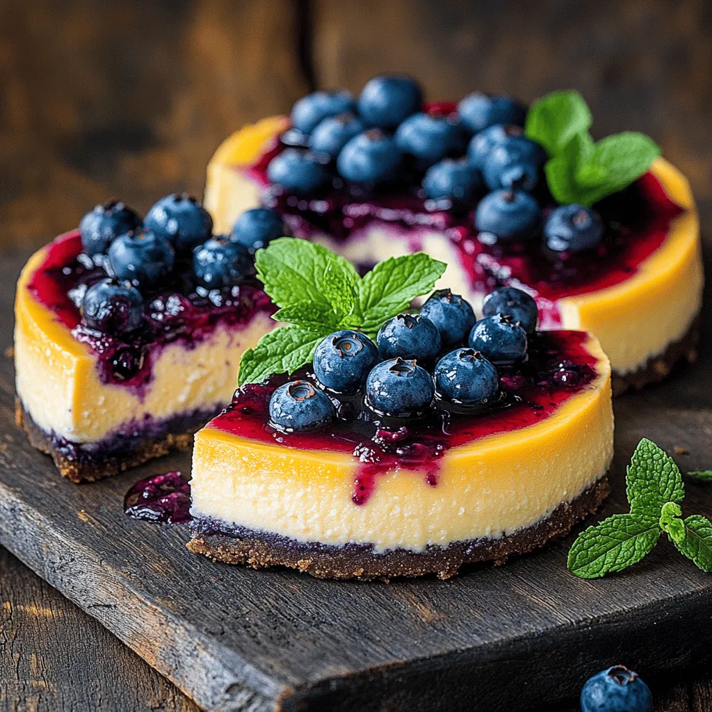 - 1 ½ cups graham cracker crumbs - ½ cup unsalted butter, melted - 2 cups cream cheese, softened - 1 cup granulated sugar - 1 teaspoon vanilla extract - 3 large eggs - 1 cup sour cream - 1 cup fresh blueberries The main ingredients for this cheesecake create a rich and creamy texture. The cream cheese gives it body, while the sour cream adds a nice tang. The graham cracker crumbs, mixed with melted butter, form a sweet base that balances the filling. - 1 cup mixed berries (strawberries, blueberries, raspberries) - ¼ cup granulated sugar - 2 tablespoons lemon juice - 1 teaspoon cornstarch (optional for thickness) The berry sauce brings brightness to the cheesecake. The mixed berries provide a burst of flavor. The lemon juice enhances the sweetness. If you want a thicker sauce, the cornstarch can help achieve that. - 9-inch springform pan - Mixing bowls - Electric mixer or whisk - Small saucepan Using the right equipment makes a big difference. A springform pan allows easy removal of the cheesecake. Mixing bowls help keep the process organized. An electric mixer speeds up the mixing, while a small saucepan is perfect for the berry sauce. With these ingredients and tools, you’re ready to create a delightful dessert. For the full recipe, you can check the detailed instructions above. - Preheat your oven to 325°F (160°C). - In a bowl, mix graham cracker crumbs with melted butter. Press this mixture into the bottom of a 9-inch springform pan. - Bake for 10 minutes, then let it cool. - Beat the softened cream cheese in a large bowl until smooth. Gradually add the sugar while mixing. - Next, add vanilla extract and mix well. - Add the eggs one at a time. Mix on low speed after each egg. - Finally, gently fold in the sour cream and blueberries. Be careful not to mash the blueberries. - Pour the cheesecake batter over the cooled crust. Smooth the top with a spatula. - Bake in the preheated oven for 50-55 minutes. The center should have a slight jiggle. - After baking, turn off the oven. Leave the cheesecake in the oven with the door slightly open for 1 hour. This helps prevent cracks. - Once cooled, refrigerate the cheesecake for at least 4 hours or overnight for best results. For the complete instructions, check the Full Recipe. To get a smooth cheesecake, use room temperature ingredients. Cold cream cheese can lead to lumps. Mix only until just combined. Overmixing can create cracks in your cheesecake. A gentle hand is key to a creamy finish. Choose ripe and fresh berries for the best taste. Ripe berries burst with flavor and add a bright color. Adjust the sweetness of the sauce to fit your taste. If you like it sweeter, add more sugar. If you prefer it tart, use less. Garnish each slice with fresh mint and extra blueberries. This adds a pop of color and a hint of freshness. Serve with whipped cream for a rich touch. It makes every bite feel special and indulgent. {{image_2}} You can switch up the topping for your cheesecake. Use strawberries or raspberries for a fresh twist. These fruits add a bright color and taste. A mixed berry topping also works great. This adds a fun and colorful look to your dessert. You can mix blueberries, strawberries, and raspberries. The flavors blend well and look beautiful on the plate. Want to try something different? You can use honey or agave syrup instead of sugar. Both add sweetness with their unique flavors. Coconut sugar is another option. It has a rich taste and works well in the cheesecake. Experimenting with sweeteners can change the whole dish. If you're gluten-free, you can still enjoy this cheesecake. Use gluten-free graham cracker crumbs for the crust. Make sure that all your other ingredients are gluten-free too. With these simple swaps, you can enjoy the same great cheesecake without worry. Store your cheesecake in the fridge for up to 5 days. Cover it with plastic wrap or foil to keep it fresh. This will help maintain its creamy texture and rich flavor. You can freeze any unserved cheesecake for up to 3 months. Wrap it well in plastic wrap and then place it in an airtight container. When you’re ready to enjoy it, let it thaw in your fridge overnight. This keeps the taste and texture nice. Keep your berry sauce in an airtight container in the fridge. It stays fresh for about a week. If you want to store it longer, you can freeze it too. Just pour it into a freezer-safe container and it will last for months. Yes, you can! For cream cheese, use a dairy-free option made from nuts or soy. You can replace sour cream with coconut yogurt or silken tofu blended until smooth. These swaps keep the creaminess while making it dairy-free. Check the center of the cheesecake. It should have a slight jiggle. This jiggle means it is still soft inside. As it cools, the cheesecake will set up nicely. You have many tasty options! Consider drizzling chocolate sauce for a rich touch. Caramel drizzle adds sweetness, while fresh fruit gives a vibrant look. Each topping brings a new flavor twist. To stop cracks, try the water bath method. Place your springform pan in a larger pan filled with water while baking. This helps keep the cheesecake moist. Also, avoid overbaking it, as this can cause cracks too. Absolutely! Make this cheesecake a day or two ahead of time. It tastes even better after chilling. Let it rest in the fridge to allow the flavors to meld for the best taste. For the full recipe, check out Easy Blueberry Cheesecake Delight. You can create a delicious cheesecake by following the steps and tips provided. Remember to use fresh ingredients for the best taste. Try different fruits or sweeteners to personalize your dessert. You can store it safely in the fridge or freeze it for later. Lastly, don’t hesitate to experiment and find what you love most. Enjoy making and sharing your perfect cheesecake!