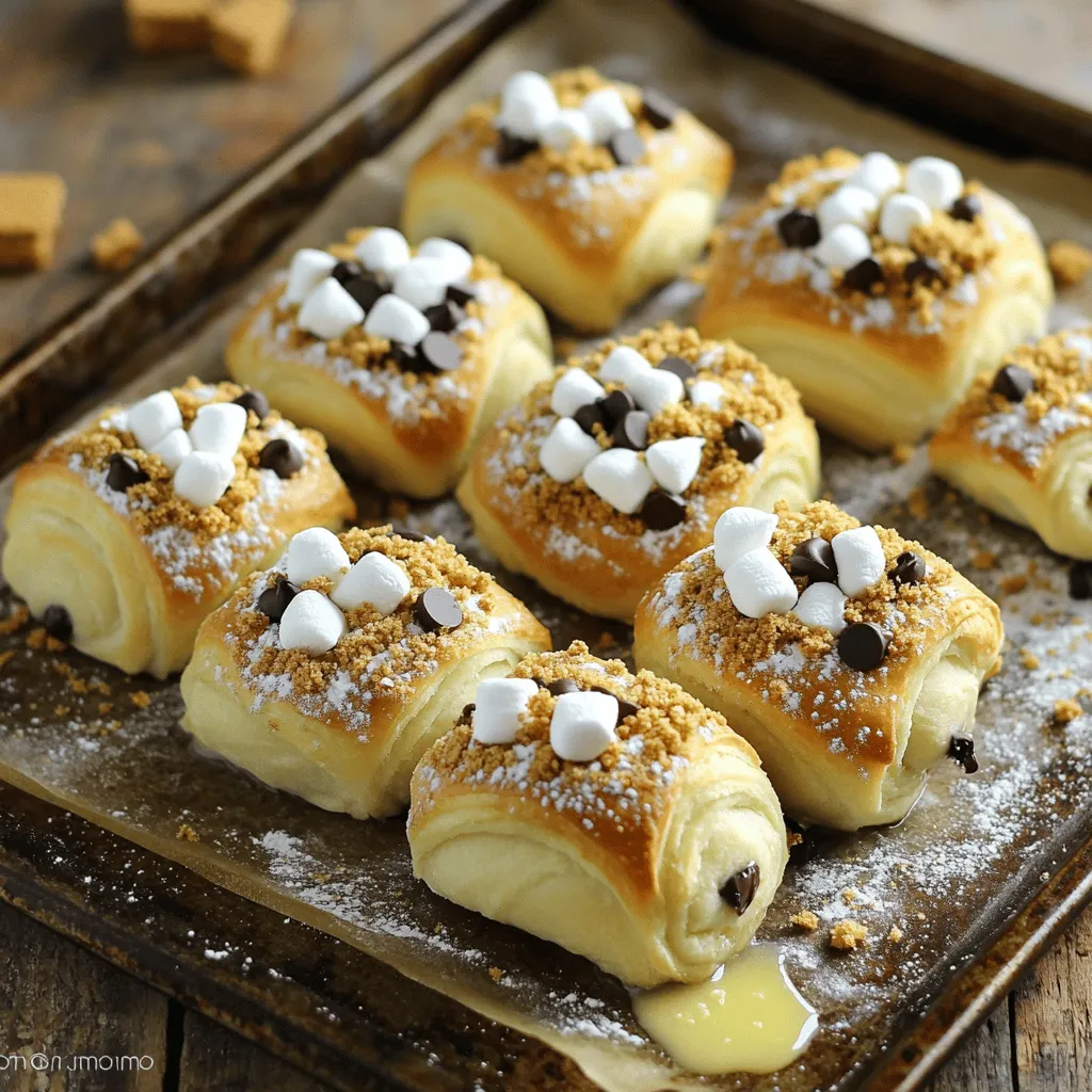 To make S'mores Rolls, you will need the following items: - 1 can (8 oz) refrigerated crescent roll dough - 1 cup mini marshmallows - 1/2 cup chocolate chips (semi-sweet or milk chocolate) - 1/4 cup crushed graham crackers - 2 tablespoons melted butter - 1 teaspoon vanilla extract - Pinch of sea salt - Powdered sugar for dusting (optional) If you want to change things up, here are some swaps: - Use puff pastry instead of crescent roll dough for a flakier roll. - Swap mini marshmallows with regular marshmallows, but cut them smaller. - Try dark chocolate chips for a richer taste. - Use gluten-free graham crackers if you need a gluten-free option. - Replace butter with coconut oil for a dairy-free version. These tools will help you make the S'mores Rolls: - Baking sheet: A flat tray for baking the rolls. - Mixing bowls: One for the filling and one for melting butter. - Pastry brush: For spreading melted butter over the rolls. - Measuring cups and spoons: To measure your ingredients accurately. - Oven mitts: To keep your hands safe when taking the rolls out of the oven. For the full recipe, check out the details above. To start, you need the crescent roll dough. Open the can carefully. Unroll the dough onto a clean surface. You will see triangles. Separate each triangle. This is the base for your S'mores rolls. Make sure the dough stays flat. Now, it’s time for the filling. Grab a small bowl. Add 1 cup of mini marshmallows. Next, mix in 1/2 cup of chocolate chips. You can choose semi-sweet or milk chocolate. Then, add 1/4 cup of crushed graham crackers. This gives that classic S'mores crunch. Mix all the ingredients well. Take one triangle of dough. Place a heaping tablespoon of the S'mores filling at the wide end. Drizzle a bit of melted butter on top. Add a drop of vanilla extract for flavor. Then, sprinkle a pinch of sea salt. This adds a nice twist. Roll the dough from the wide end to the point. Pinch the edges to seal the filling inside. Repeat this for all the triangles. Place the rolls on a greased baking sheet. Make sure to space them apart. Brush the tops with more melted butter. This helps them turn golden brown. Bake in your preheated oven at 375°F for 12-15 minutes. Once golden, remove them and let cool. Dust with powdered sugar if you like. These steps bring your S'mores Rolls to life. Check out the Full Recipe for more details! To make the best s'mores rolls, pay attention to the dough. Use fresh crescent roll dough. If it's too cold, it won't roll easily. Let it sit at room temperature for a few minutes. This helps it become soft and workable. When making the filling, mix well. You want every bite to have chocolate, marshmallow, and graham cracker. So, spread the filling evenly across the dough. Don’t overload the rolls. If you put in too much, they can burst while baking. One common mistake is not sealing the rolls properly. If the edges don't seal, the filling can leak out. Make sure to pinch the dough tightly. Another mistake is not preheating the oven. A hot oven ensures even cooking. If you skip this step, the rolls may come out doughy. Be careful with baking time. If you leave them in too long, they can burn. Check them around 12 minutes. They should be golden brown and puffed up. To boost the flavor of your s'mores rolls, try adding spices. A sprinkle of cinnamon adds warmth. You can also swap out the chocolate. Try white chocolate or even caramel bits for a twist. For a touch of saltiness, add a pinch of sea salt to the filling. It balances the sweetness well. Don't skip the powdered sugar dusting at the end. It adds a nice sweet touch and makes the rolls look pretty. These tips will help you create s'mores rolls that are fun and tasty. For the complete process, check out the Full Recipe. {{image_2}} You can change the filling for your S'mores rolls. Try peanut butter for a nutty twist. Add sliced bananas for some fruity goodness. You can even use caramel sauce for a rich flavor. Mix and match different chocolates too. White chocolate adds a creamy touch. Dark chocolate gives a deep, rich taste. Each filling can change your S'mores rolls into a new treat. Want a gluten-free version? Use gluten-free crescent roll dough. Many brands offer this option at stores. You can also make your own dough using almond or coconut flour. Both options work well and keep the rolls soft. Check the ingredients for your filling too. Mini marshmallows and chocolate chips are often gluten-free. Always read the labels to be sure. For a vegan version, swap regular butter for plant-based butter. Use dairy-free chocolate chips instead of regular ones. Many brands offer delicious options that melt well. Check for vegan marshmallows too; they are available at many stores. Finally, make sure your crescent roll dough is dairy-free. This way, everyone can enjoy the tasty treat without worry. Feel free to explore these variations to make your S'mores rolls even more fun and exciting. For the complete S'mores Rolls recipe, check out the Full Recipe section! After you make S'mores rolls, you might have some left. To store them, let the rolls cool completely. Place them in an airtight container. They will stay fresh for about three days at room temperature. If you want to keep them longer, consider freezing. When you're ready to enjoy leftover S'mores rolls, reheating is easy. Preheat your oven to 350°F (175°C). Place the rolls on a baking sheet. Heat them for about 5-10 minutes. This warms them up nicely and keeps them soft. You can also use a microwave. Heat them for about 15-20 seconds. This method makes them warm, but the texture may change. Freezing S'mores rolls is a great idea if you want to save some for later. After the rolls cool, wrap each one in plastic wrap. Then, place them in a freezer bag. They can last up to two months in the freezer. When you're ready to eat, thaw them in the fridge overnight. Reheat them as described above. Enjoy your delicious treat anytime! For the complete recipe, check out the Full Recipe. Yes, you can use any chocolate you like. Dark, white, or even flavored chocolate works great. Each type brings its own taste. I love using semi-sweet chocolate chips for the classic flavor. Milk chocolate adds a creamy touch, while dark chocolate offers a rich taste. Experiment and find your favorite! Making S'mores Rolls from scratch is easy. You can start by making your own dough. Use flour, sugar, yeast, and butter. Mix until smooth and let it rise. After that, roll it out just like the store-bought dough. Then, fill it with mini marshmallows, chocolate chips, and crushed graham crackers. Follow the baking steps from the Full Recipe to get that perfect golden finish. You can find pre-made S'mores Rolls at some bakeries or specialty stores. Check local grocery stores too. Some shops may have them in the frozen section. If you can't find them, try looking online. Many websites sell delicious treats that you can order straight to your door! S'mores Rolls are fun and easy to make! We covered the key steps, from gathering your ingredients to baking the rolls. You can mix things up with alternative fillings and even try gluten-free or vegan options. Remember to store any leftovers properly for later. Making these rolls can be a hit at any gathering. With practice, you can perfect your technique. Embrace your creativity, and soon, these treats will become a favorite! Keep exploring flavors and enjoy every bite.